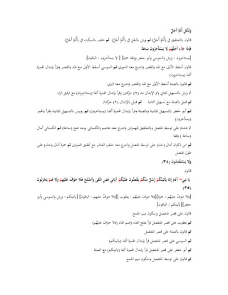 ‫ٍ‬
‫ولِكل أُمة أَجل‬
‫َ ِ َّ َ ٌ‬
‫ٍ‬
‫ٍ‬
‫ٍ‬
‫قالوف بالتحقيق ُب (أُمة أَجل) ثم ورش بالنقل ُب (أُمة أَجل) ثم خلف بالسكت ُب (أُمة أَجل)‬
‫َّ َ ٌ‬
‫َّ َ ٌ‬
‫َّ َ ٌ‬
‫ِ‬
‫فَِإذا جآء أَجلُهم َل يَستَأْخروف ساعةً‬
‫َ َ َ َ ُْ َ ْ ُ َ َ َ‬
‫[يستاخروف : ورش والسوسي وأبو جعفر ووقفا ضبزة] [ ال يستأخروف : الباقوف]‬
‫قالوف أسقط األوىل مع اؼبد والقصر وان ج معػو الػدوري ثػم السوسػي أسػقط األوىل مػع اؼبػد والقصػر وقػرأ بإبػداؿ اؽبمػزة‬
‫ػدر‬
‫ألفا (يستاخروف)‬
‫ثم قالوف بالصلة أسقط األوىل مع اؼبد والقصر و ج معو البزي‬
‫اندر‬
‫ٍب ورش بالتسهيل للثاين وٍب اإلبداؿ مد (ٕ) كتُت وقرأ بإبداؿ اؽبمزة ألفا (يستاخروف) مع ترقيق الراء‬
‫حر‬
‫ثم قنبل بالصلة مع تسهيل الثانية‬

‫ثم قنبل باإلبداؿ (ٕ) كتاف‬
‫حر‬

‫ثػػم أبػػو جعفػػر بالتسػػهيل للثانيػػة وبالصػػلة وق ػرأ بإبػػداؿ اؽبمػػزة ألفػػا (يسػػتاخروف) ثػػم رويػػس بالتسػػهيل للثانيػػة وق ػرأ بػػاؽبمز‬
‫(يستأخروف)‬
‫ٍب ىشاـ على توسط اؼبتصل وبالتحقيق للهمزتُت و ج معػو عاصػم والكسػائي بوجػو فػتح (سػاعة) ثػم الكسػائي أمػاؿ‬
‫اندر‬
‫(ساعة ) وقفا‬
‫ثم ابن ذكواف أماؿ (جاء) على توسط اؼبتصل و ج معو خلف العاشر مع ربقيق اؽبمزتُت ثم ضبزة أماؿ (جػاء) علػى‬
‫اندر‬
‫طوؿ اؼبتصل‬
‫وَل يَستَػقدموف (ٖٗ)‬
‫ََ ْ ْ ِ ُ َ‬
‫قالوف‬
‫يَا بَنِي~ َدـ إِما يَأْتِيَػنَّكم رسل م ْنكم يَػقصوف علَْيكم َيَاتِي فَمن اتَّػقى وأَصلَح فََل خوؼ علَْيهم وَل ىػم يَحزنُػوف‬
‫ُ ْ ُ ُ ٌ ِ ُ ْ ُ ُّ َ َ ُ ْ آ‬
‫آ َ َ َّ‬
‫َ ِ َ َ ْ َ َ َ ْ ٌ َ ِ ْ ََ ُ ْ ْ َ َ‬
‫(ٖ٘)‬
‫ٌ ِ‬
‫[فال خوؼ عليهم : ضبزة][فال خوؼ عليهم : يعقوب ][فال خوؼ عليهم : الباقوف] [ياتينكم : ورش والسوسي وأبو‬
‫َ ُ‬
‫ٌ ُ‬
‫جعفر][يأتينكم : الباقوف]‬
‫قالوف على قصر اؼبنفصل وسكوف ميم اعبمع‬
‫ثم يعقوب على قصر اؼبنفصل قرأ بفتح الفاء وضم اؽباء (فال خوؼ عليهم)‬
‫َ ُ‬
‫ثم قالوف بالصلة على قصر اؼبنفصل‬

‫ثم السوسي على قصر اؼبنفصل قرأ بإبداؿ اؽبمزة ألفا (ياتينكم)‬
‫ثم أبو جعفر على قصر اؼبنفصل قرأ بإبداؿ اؽبمزة ألفا (ياتينكم) مع الصلة‬
‫ثم قالوف على توسط اؼبنفصل وسكوف ميم اعبمع‬

 