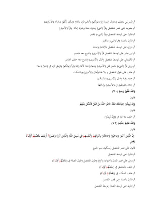 ‫ِ‬
‫ٍب السوسي يعطف وبإبداؿ اؽبمزة واوا (يوتكم) وأدغم الراء بالالـ (ويػَغف ْر لَكم) وبإمالة (األُسارى)‬
‫ََ‬
‫َ ْ ُْ‬
‫ٍب يعقوب على قصر اؼبنفصل وقرأ (الن ) وبدوف صلة وبدوف إمالة وقرأ (األسرى)‬
‫ٍب قالوف على توسط اؼبنفصل وقرأ (الن ء) باؽبمز‬
‫ٍب قالوف بالصلة وقرأ (الن ء) باؽبمز‬
‫ٍب دوري على توسط اؼبنفصل باإلدغاـ وعدمو‬
‫ٍب ابن عامر على توسط اؼبنفصل قرأ (األسرى) و ج معو عاصم‬
‫اندر‬
‫ٍب الكسائي على توسط اؼبنفصل وأماؿ (األسرى) و ج معو خلف العاشر‬
‫اندر‬
‫ٍب ورش قرأ (الن ء) باؽبمز قلل (األسرى) وجها واحدا ألنا رائية وقرأ (يوتكم) وترقيق الراء ُب (خَتا ) معا‬
‫ٍب خلف على طوؿ اؼبنفصل و بال غنة وأماؿ (األسرى) وبالسكت‬
‫ٍب خالد بغنة وأماؿ (األسرى) وبالسكت‬
‫ٍب خالد بالتحقيق ُب (األسرى) وإمالتها‬
‫ِ‬
‫واللَّوُ غَفور رحيم (ٓٚ)‬
‫ُ ٌَ ٌ‬
‫َ‬
‫قالوف‬
‫ِ‬
‫ِ‬
‫وإِف يُريدوا خيَانَػتَك فَػقد خانُوا اللَّوَ من قَػ ْبل فَأَمكن م ْنػهم‬
‫َ ْ ِ ُ ِ َ َْ َ‬
‫ْ ُ ََْ ُْ‬
‫قالوف‬
‫ٍب خلف بال غنة ُب (وإِف يُريدوا)‬
‫َ ْ ُِ‬
‫ِ‬
‫واللَّوُ علِيم حكيم (ٔٚ)‬
‫َ َ ٌ َ ٌ‬
‫قالوف‬
‫ِ‬
‫ِ ِ‬
‫ُ ِ ِ ِ ِ ِ َّ ِ َّ ِ‬
‫َّ ِ‬
‫ِ‬
‫َ ْ ُُْ ْ‬
‫َ‬
‫ْ‬
‫ِ َّ َ آ َ َ َ َ ُ َ َ َ ُ ْ َ ِ ْ َ‬
‫إف الذين َمنُوا وىاجروا وجاىدوا بأَموالهم وأَنْػفسهم في سبيل اللػو والػذين َووا ونَصػروآ أُولَئػك بَػعضػهم أَوليػآءُ‬
‫َ َ آَ ْ َ َ ُ‬
‫ْ ٍ‬
‫بَػعض‬
‫قالوف على قصر اؼبنفصل وبسكوف ميم اعبمع‬
‫ٍب قالوف على توسط اؼبنفصل‬

‫ٍب ورش على قصر البدؿ (آمنوا) و(آووا) وطوؿ اؼبنفصل وطوؿ الصلة ُب (بػَعضهم أَولِيآءُ)‬
‫ْ ُُ ْ ْ‬
‫ٍب خلف بالتحقيق ُب (بػَعضهم أَولِيآءُ)‬
‫ْ ُُ ْ ْ‬
‫ٍب خلف السكت ُب (بػَعضهم أَولِيآءُ)‬
‫ْ ُُ ْ ْ‬
‫ٍب قالوف بالصلة على قصر اؼبنفصل‬
‫ٍب قالوف على توسط الصلة وتوسط اؼبنفصل‬

 