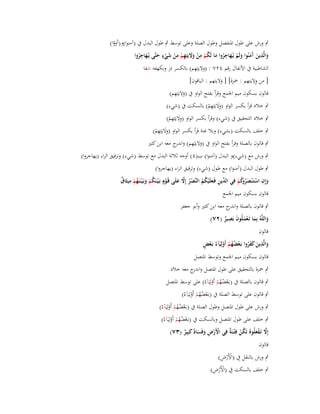 ‫ٍب ورش على طوؿ اؼبنفصل وطوؿ الصلة وعلى توسط ٍب طوؿ البدؿ ُب (آمنوا)و(آَووا)‬
‫َْ‬
‫ٍ‬
‫ِ‬
‫ِ‬
‫ِ‬
‫ِ‬
‫ِ‬
‫والَّذين َمنُوا ولَم يُػهاجروا ما لَكم من وَليَتِهم من شيء حتَّى يُػهاجروا‬
‫َ َ آ َ َ ْ َ ُ َ ُ ْ ْ ََ ِ ْ ْ َ ْ َ َ ُ‬
‫ِ‬
‫الشاطبية ُب األنفاؿ رقم ٕٗٚ : (واليتِهم) بالكسر فز وبكهفو شفا‬
‫ِ‬
‫[ من واليتهم : ضبزة] [ واليتهم : الباقوف]‬
‫َ‬

‫ِ‬
‫قالوف بسكوف ميم اعبمع وقرأ بفتح الواو ُب (واليَتِهم)‬
‫َ‬
‫ِ‬
‫ٍب خالد قرأ بكسر الواو (واليَتِهم) بالسكت ُب (شيء)‬
‫َِ ْ‬
‫ِ‬
‫ٍب خالد التحقيق ُب (شيء) وقرأ بكسر الواو (واليَتِهم)‬
‫َِ ْ‬

‫ِ‬
‫ٍب خلف بالسكت (بشيء) وبال غنة قرأ بكسر الواو (واليَتِهم)‬
‫َِ ْ‬
‫ٍب قالوف بالصلة وقرأ بفتح الواو ُب (واليَتِهم) و ج معو ابن كثَت‬
‫َ ِ اندر‬
‫ٍب ورش مع (شيء)و البدؿ (آمنوا) ب(ٗ) أوجو ثالثة البدؿ مع توسط (شيء) وترقيق الراء (يهاجروا)‬

‫ٍب طوؿ البدؿ (آمنوا) مع طوؿ (شيء) وترقيق الراء (يهاجروا)‬
‫ِ‬
‫وإِف استَػ ْنصر كم فِي ّْين فَػعلَْيكم النَّصر إَِل علَى قَػوٍـ بَػ ْيػنَكم وبَػ ْيػنَػهم ميثَاؽ‬
‫ُْ َ ُْ ِ ٌ‬
‫َ ْ َ ُوُ ْ الد ِ َ ُ ُ ْ ُ َّ َ ْ‬
‫قالوف بسكوف ميم اعبمع‬
‫ٍب قالوف بالصلة و ج معو ابن كثَت وأبو جعفر‬
‫اندر‬
‫ِ‬
‫واللَّوُ بِما تَػعملُوف بَصير (ٕٚ)‬
‫َ َْ َ ٌ‬
‫َ‬
‫قالوف‬
‫ِ‬
‫ْ ٍ‬
‫والَّذين كفروا بَػعضهم أَولِيَآءُ بَػعض‬
‫َ َ ََُ ْ ُُ ْ ْ‬
‫قالوف بسكوف ميم اعبمع وتوسط اؼبتصل‬
‫ٍب ضبزة بالتحقيق على طوؿ اؼبتصل و ج معو خالد‬
‫اندر‬
‫ٍب قالوف بالصلة ُب (بػَعضهم أَولِيَآءُ) على توسط اؼبتصل‬
‫ْ ُُ ْ ْ‬
‫ٍب قالوف على توسط الصلة ُب (بػَعضهم أَولِيَآءُ)‬
‫ْ ُُ ْ ْ‬
‫ٍب ورش على طوؿ اؼبتصل وطوؿ الصلة ُب (بػَعضهم أَولِيَآءُ)‬
‫ْ ُُ ْ ْ‬
‫ٍب خلف على طوؿ اؼبتصل وبالسكت ُب (بػَعضهم أَولِيَآءُ)‬
‫ْ ُُ ْ ْ‬
‫إَِل تَػفعلُوهُ تَكن فِ ْتػنَ ٌ فِي األَرض وفَساد كبِير (ٖٚ)‬
‫َّ ْ َ‬
‫ُْ ة ْ ْ ِ َ َ ٌَ ٌ‬
‫قالوف‬
‫ْْ ِ‬
‫ٍب ورش بالنقل ُِب (األَرض)‬

‫ْْ ِ‬
‫ٍب خلف بالسكت ُِب (األَرض)‬

 