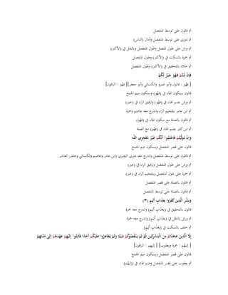 ‫ٍب قالوف على توسط اؼبنفصل‬
‫ٍب دوري على توسط اؼبنفصل وأماؿ (الناس)‬
‫ٍب ورش على طوؿ اؼبتصل وطوؿ اؼبنفصل وبالنقل ُب (األكرب)‬
‫ٍب ضبزة بالسكت ُب (األكرب) وطوؿ اؼبنفصل‬
‫ٍب خالد بالتحقيق ُب (األكرب) وطوؿ اؼبنفصل‬
‫فَِإف تُػ ْبتُم فَػهو خ ْيػر لَكم‬
‫ْ ْ َُ َ ٌ ُ ْ‬
‫[ فهو : قالوف وأبو عمرو والكسائي وأبو جعفر][ فهو : الباقوف]‬
‫ْ‬
‫ُ‬
‫قالوف بسكوف اؽباء ُب (فهو) وبسكوف ميم اعبمع‬
‫ْ‬

‫ٍب ورش بضم اؽباء ُب (فهو) وترقيق الراء ُب (خَت)‬
‫ُ‬
‫ٍب ابن عامر بتفخيم الراء و ج معو عاصم وضبزة‬
‫اندر‬

‫ٍب قالوف بالصلة مع سكوف اؽباء ُب (فهو)‬
‫ْ‬

‫ٍب ابن كثَت بضم اؽباء ُب (فهو) مع الصلة‬
‫ُ‬
‫ِِ ِ‬
‫وإِف تَػولَّْيتُم فَاعلَموآ أَنَّكم غَْيػر معجزي اللَّو‬
‫ُ ْ ُ ُْ‬
‫َ ْ َ ْ ْ ُ‬
‫قالوف على قصر اؼبنفصل وبسكوف ميم اعبمع‬
‫ٍب قالوف على توسط اؼبنفصل و ج معو دوري البصري وابن عامر وعاصم والكسائي وخلف العاشر‬
‫اندر‬
‫ٍب ورش على طوؿ اؼبنفصل وترقيق الراء ُب (غَت)‬
‫ٍب ضبزة على طوؿ اؼبنفصل وبتفخيم الراء ُب (غَت)‬
‫ٍب قالوف بالصلة على قصر اؼبنفصل‬
‫ٍب قالوف بالصلة على توسط اؼبنفصل‬
‫َ ّْ ِ ِ َ َ َ ُ َ َ ٍ ٍ‬
‫وبَشر الَّذين كفروا بِعذاب أَلِيم (ٖ)‬
‫قالوف بالتحقيق ُب (بِعذاب أَلِيم) و ج معو ضبزة‬
‫َ َ ٍ ٍ اندر‬
‫ٍب ورش بالنقل ُب (بِعذاب أَلِيم) و ج معو ضبزة‬
‫َ َ ٍ ٍ اندر‬
‫ََ ٍ ٍ‬
‫ٍب خلف بالسكت ُب (بِعذاب أَلِيم)‬
‫ِ‬
‫ِ‬
‫َّ ِ‬
‫ِ‬
‫إَِل الَّذين عاىدتُم من الْمش كِين ثُم لَم يَػ ْنػقص كم ش ْيئًا ولَم يُظَاىروا علَْيكم أَحدا فَأَتِموآ إِلَيهم عهدىم إِلَى م َّتِهم‬
‫ُ َ ُ ْ َ ً ُّ ْ ِ ْ َ ْ َ ُ ْ ُد ِ ْ‬
‫َ َ َ ْ ْ َ ُ ْ ر َ َّ ْ ُ ُوُ ْ َ َ ْ‬
‫ِ‬
‫[ إليهم : ضبزة ويعقوب] [ إليهم : الباقوف]‬
‫ُ‬
‫قالوف على قصر اؼبنفصل وبسكوف ميم اعبمع‬

‫ٍب يعقوب على قصر اؼبنفصل وضم اؽباء ُب (إليهم)‬
‫ُ‬

 