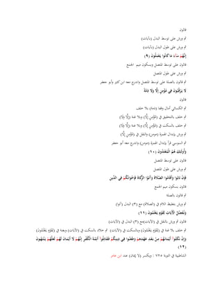 ‫قالوف‬
‫ٍب ورش على توسط البدؿ (بآيات)‬
‫ٍب ورش على طوؿ البدؿ (بآيات)‬
‫إِنَّهم سآء ما كانُوا يَػعملُوف (ٜ)‬
‫ػُ ْ َ َ َ َ‬
‫َْ َ‬

‫قالوف على توسط اؼبتصل وبسكوف ميم اعبمع‬
‫ٍب ورش على طوؿ اؼبتصل‬
‫ٍب قالوف بالصلة على توسط اؼبتصل و ج معو ابن كثَت وأبو جعفر‬
‫اندر‬
‫َ ْ َ ُ ْ ِ ٍ ِّ َ َ ِ َّ‬
‫َل يَػرقُػبُوف فِي مؤمن إَِل وَل ذمةً‬
‫قالوف‬
‫ٍب الكسائي أماؿ وقفا (ذمة) بال خلف‬
‫ُ ْ ِ ٍ ِّ‬
‫ٍب خلف بالتحقيق ُب (مؤمن إِال) وبال غنة (إِال وال)‬
‫ِّ ََ‬
‫ُ ْ ِ ٍ ِّ‬
‫ٍب خلف بالسكت ُب (مؤمن إِال) وبال غنة (إِال وال)‬
‫ِّ ََ‬
‫ُ ْ ِ ٍ ِّ‬
‫ٍب ورش بإبداؿ اؽبمزة (مومن) والنقل ُب (مؤمن إِال)‬
‫ٍب السوسي قرأ بإبداؿ اؽبمزة (مومن) و ج معو أبو جعفر‬
‫اندر‬
‫وأُولَئِك ىم الْمعتَدوف (ٓٔ)‬
‫َ َ ُ ُ ُْ ُ َ‬
‫قالوف على توسط اؼبتصل‬
‫ٍب ورش على طوؿ اؼبتصل‬

‫َّ َ َ َ َ ُ الزَ َ ْ َ ُ ْ الد ِ‬
‫فَِإف تَابُوا وأَقَاموا الصَلة وآتَػوا َّكاة فَِإخوانُكم فِي ّْين‬
‫ْ‬
‫َ ُ‬
‫قالوف بسكوف ميم اعبمع‬
‫ٍب قالوف بالصلة‬
‫ٍب ورش بتغليظ الالـ ُب (الصالة) مع (ٖ) البدؿ (آتوا)‬
‫ونُػفصل اّلَيَات لِقوٍـ يَػعلَموف (ٔٔ)‬
‫َ َ ّْ ُ ْ ِ َ ْ ْ ُ َ‬
‫قالوف ٍب ورش بالنقل ُب (اآليات)مع (ٖ) البدؿ ُب (اآليات)‬
‫ٍب خلف بال غنة ُب (لِقوٍـ يػَعلَموف) وبالسكت ُب (اآليات) ٍب خالد بالسكت ُب (اآليات) وبغنة ُب (لِقوٍـ يػَعلَموف)‬
‫َْ ْ ُ َ‬
‫َْ ْ ُ َ‬
‫ِ‬
‫ِ ِِ‬
‫وإِف نَكثُػػوآ أَيْمػػانَػهم مػػن بَػعػػد عهػػدىم وطَعنُػػوا فِػػي ديػػنِكم فَػقػػاتِلُوآ أَئِمػةَ الْكفػر إِنَّهػم َل أَيْمػػاف لَهػم لَعلَّهػم يَػ ْنتَػهػػوف‬
‫َ ْ َ‬
‫ِ ُْ َ‬
‫َّ ُ ْ ِ ػ ُ ْ َ َ َ ُ ْ َ ُ ْ ُ َ‬
‫َ ُ ْ ْ ْ َْ ْ َ َ‬
‫(ٕٔ)‬
‫الشاطبية ُب التوبة ٕ٘ٚ : ويكسر (ال إدياف) عند ابن عامر‬

 