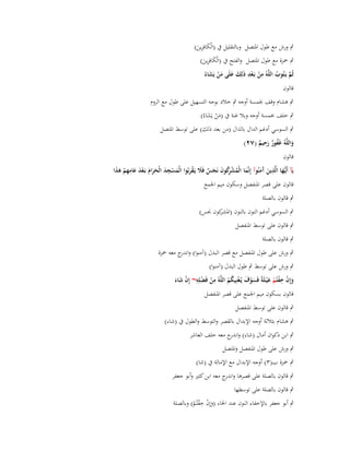 ‫ٍب ورش مع طوؿ اؼبتصل وبالتقليل ُب (الْكافِرين)‬
‫َ َِ‬
‫ٍب ضبزة مع طوؿ اؼبتصل والفتح ُب (الْكافِرين)‬
‫َ َِ‬
‫َّ ُ َّ ِ ْ ْ ِ ِ َ َ َ ْ َ‬
‫ثُم يَػتُوب اللوُ من بَػعد ذَلك علَى من يَشاءُ‬

‫قالوف‬

‫ٍب ىشاـ وقف خبمسة أوجو ٍب خالد بوجو التسهيل على طوؿ مع الروـ‬
‫ٍب خلف خبمسة أوجو وبال غنة ُب (من يَشاءُ)‬
‫َْ َ‬
‫ٍب السوسي أدغم الداؿ بالذاؿ (من بعد ذلك) على توسط اؼبتصل‬
‫ِ‬
‫واللَّوُ غَفور رحيم (ٕٚ)‬
‫ُ ٌَ ٌ‬
‫َ‬
‫قالوف‬
‫ػ ِ‬
‫ِ‬
‫يَآ أَيُّها الَّذين َمنُوآ إِنَّما الْمش كوف نَجس فََل يَػقربُوا الْمسجد الْحراـ بَػعد عامهم ىذا‬
‫َ ُ ْ رُ َ َ ٌ َ ْ َ َ ْ ِ َ َ َ َ ْ َ َ ِ ِ ْ َ َ‬
‫َ‬
‫َ آَ‬
‫قالوف على قصر اؼبنفصل وسكوف ميم اعبمع‬
‫ٍب قالوف بالصلة‬
‫ٍب السوسي أدغم النوف بالنوف كوف قبس)‬
‫(اؼبشر‬
‫ٍب قالوف على توسط اؼبنفصل‬
‫ٍب قالوف بالصلة‬
‫ٍب ورش على طوؿ اؼبنفصل مع قصر البدؿ (آمنوا) و ج معو ضبزة‬
‫اندر‬
‫ٍب ورش على توسط ٍب طوؿ البدؿ (آمنوا)‬
‫ِ‬
‫ِ ِْ‬
‫وإِف خفتُم ع ْيػلَةً فَسوؼ يُػغنِيكم اللَّوُ من فَضلِو~ إِف شاء‬
‫َ ْ ْ ْ َ‬
‫ْ‬
‫ْ ََ‬
‫َْ َ ْ ُ ُ‬
‫قالوف بسكوف ميم اعبمع على قصر اؼبنفصل‬
‫ٍب قالوف على توسط اؼبنفصل‬
‫ٍب ىشاـ بثالثة أوجو اإلبداؿ بالقصر والتوسط والطوؿ ُب (شاء)‬
‫ٍب ابن ذكواف أماؿ (شاء) و ج معو خلف العاشر‬
‫اندر‬
‫ٍب ورش على طوؿ اؼبنفصل واؼبتصل‬
‫ٍب ضبزة ب(ٖ) أوجو اإلبداؿ مع اإلمالة ُب (شا)‬
‫ٍب قالوف بالصلة على قصرىا و ج معو ابن كثَت وأبو جعفر‬
‫اندر‬
‫ٍب قالوف بالصلة على توسطها‬

‫ِ‬
‫ٍب أبو جعفر باإلخفاء النوف عند اػباء (وإِف خفتُم) وبالصلة‬
‫َْ ْ ْ‬

 