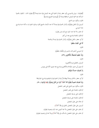‫[يقولوذف : ورش والسوسي وأبو جعفر بإبداؿ اؽبمزة اليت بعد الوصل واوا مدية وصال ][ يقولوف ائذف : الباقوف باؽبمزة‬
‫الساكنة بعد مهزة الوصل الساقطة وصال ]، [ويبتدئ اعبميع (ايذف)]‬
‫قالوف بسكوف ميم اعبمع‬
‫ٍب ورش قرأ بالنقل (يقولُوذف )أبدؿ اؽبمزة واوا وصال أما عند االبتداء عبميع القراء يبدلوف اؽبمزة ياء ساكنة مدية و ج‬
‫اندر‬
‫معو السوسي‬
‫ٍب خلف بال غنة عند النوف مع الياء (من يقوؿ)‬
‫ٍب قالوف بالصلة و ج معو ابن كثَت‬
‫اندر‬
‫ٍب أبو جعفر بالنقل (يقولُوذف )أبدؿ اؽبمزة واوا وصال وبالصلة‬
‫أََل فِي الْف ْتػنَة سقطُوا‬
‫ِ ِ ََ‬
‫َ‬
‫قالوف‬
‫ٍب السوسي أدغم التاء بالسُت ُب (الْفْتػنَة سقطُوا)‬
‫ِ ِ ََ‬
‫ِ‬
‫وإِف جهنَّم لَمحيطَ ٌ بِالْكافِرين (ٜٗ)‬
‫َ َّ َ َ َ ُ ة َ ِ َ‬
‫قالوف‬

‫ٍب ورش بالتقليل ُب (الكافرين)‬
‫ٍب دوري أيب عمرو باإلمالة (الكافرين) و ج معو دوري الكسائي ورويس‬
‫اندر‬
‫ْ ِ‬
‫إِف تُص ْبك حسنَ ٌ تَسؤىم‬
‫َ َ َ ة ُْ ُ ْ‬
‫قالوف‬
‫ٍب أبو جعفر باغبالُت وصال ووقفا قرأ بإبداؿ اؽبمزة واوا (تسوىم) و ج ضبزة وقفا‬
‫اندر‬
‫ُ‬
‫وإِف تُص ْبك مصيبَ ٌ يَػقولُوا قَد أَخذنَآ أَمرنَا من قَػ ْبل ويَػتَػولَّوا وىم فَرحوف (ٓ٘)‬
‫َ ْ ِ َ ُِ ة ُ‬
‫ْ َ ْ َْ ِ ْ ُ َ َ ْ َ ُ ْ ُِ َ‬
‫قالوف بسكوف ميم اعبمع على قصر اؼبنفصل‬
‫ٍب قالوف بالصلة على قصر اؼبنفصل‬
‫ٍب قالوف على توسط اؼبنفصل‬
‫ٍب قالوف بالصلة على توسط اؼبنفصل‬
‫ٍب خالد على طوؿ اؼبنفصل‬
‫ٍب ورش على طوؿ اؼبنفصل بالنقل ُب (قَد أَخذنَآ)‬
‫ْ َْ‬

‫ٍب خلف على طوؿ اؼبنفصل بال غنة التنوين عند الياء (مصيبة يقولوا)‬
‫ٍب خلف على طوؿ اؼبنفصل بالسكت ُب (قَد أَخذنَآ) وبال غنة ُب (مصيبة يقولوا)‬
‫ْ َْ‬

 