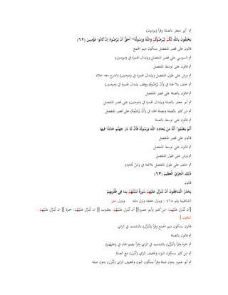 ‫ٍب أبو جعفر بالصلة وقرأ (يوذوف)‬
‫ِ‬
‫ُ َ ِ‬
‫يَحلِفوف بِاللَّو لَكم لِيُػرض كم واللَّوُ ورسولُوُ~ أَحق أَف يُػرضوهُ إِف كانُوا مؤمنِين (ٕٙ)‬
‫ْ‬
‫ُ ْ ْ ُوُ ْ َ َ َ ُ‬
‫َ ُّ ْ ْ ُ ْ َ ُ ْ َ‬
‫قالوف على قصر اؼبنفصل بسكوف ميم اعبمع‬
‫ٍب السوسي على قصر اؼبنفصل وبإبداؿ اؽبمزة ُب (مومنُت)‬
‫ٍب قالوف على توسط اؼبنفصل‬
‫ٍب ورش على طوؿ اؼبنفصل وبإبداؿ اؽبمزة ُب (مومنُت) و ج معو خالد‬
‫اندر‬
‫ٍب خلف بال غنة ُب (أَف يػُْرضوهُ) ووقف بإبداؿ اؽبمزة ُب (مومنُت)‬
‫ْ ُ‬

‫ٍب قالوف بالصلة على قصر اؼبنفصل‬

‫ٍب أبو جعفر بالصلة وبإبداؿ اؽبمزة ُب (مومنُت) على قصر اؼبنفصل‬
‫ٍب ابن كثَت بالصلة وبصلة اؽباء ُب (أَف يػُْرضوهُ) على قصر اؼبنفصل‬
‫ْ ُ‬

‫ٍب قالوف على توسط بالصلة‬
‫ِِ‬
‫َّ‬
‫أَلَم يَػعلَموآ أَنَّوُ من يُحادد اللَّوَ ورسولَوُ فَأَف لَوُ نَار جهنَّم خالِدا فِيها‬
‫َ ََ َ َ ً َ‬
‫َْ َ‬
‫ََ ُ‬
‫ْ ْ ُ‬
‫قالوف على قصر اؼبنفصل‬
‫ٍب قالوف على توسط اؼبنفصل‬
‫ٍب ورش على طوؿ اؼبنفصل‬

‫ُ ِِ‬
‫ٍب خلف على طوؿ اؼبنفصل بالغنة ُب (من حيَادد)‬
‫َْ‬
‫ِ‬
‫ِ‬
‫ذَلِك الْخزي الْعظيم (ٖٙ)‬
‫َ ُْ َ ُ‬
‫قالوف‬
‫يَحذر الْمنَافِقوف أَف تُػنَػزؿ علَْيهم سورٌ تُػنَبّْئُػهم بِما فِي قُػلُوبِهم‬
‫ِْ‬
‫ْ َ ُ ُ ُ َ ْ َّ َ َ ِ ْ ُ َة ُ ْ َ‬
‫الشاطبية رقم ٛٙٗ : وينػزؿ خففو وتػزؿ مثلو وننػزؿ حق‬
‫ِ‬
‫ِ‬
‫[أف تُػْن ػػزؿ علَػػيهم: ابػػن كثػػَت وأبػػو عمػػرو][ أف تُػْن ػػزؿ علَ ػْيػهم: يعقػػوب ][ اف تُػنَ ػػزؿ علَ ػْيػهم: ضبػػزة ][ اف تُػنَ ػػزؿ علَػػيهم :‬
‫َّ َ ْ ْ‬
‫َّ َ ُ ْ‬
‫َ َ ُْ‬
‫َ َْ ْ‬
‫الباقوف ]‬
‫قالوف بسكوف ميم اعبمع وقرأ (تُػنَػزؿ) بالتشديد ُب الزاي‬
‫َّ‬
‫ٍب قالوف بالصلة‬

‫ٍب ضبزة وقرأ (تُػنَػزؿ) بالتشديد ُب الزاي وقرأ بضم اؽباء ُب (عليهم)‬
‫َّ‬
‫ُ‬
‫ٍب ابن كثَت بسكوف النوف وزبفيف الزاي (تُػْنزؿ) مع الصلة‬

‫ٍب أبو عمرو بدوف صلة وقرأ بسكوف النوف وزبفيف الزاي (تُػْنزؿ) بدوف صلة‬

 