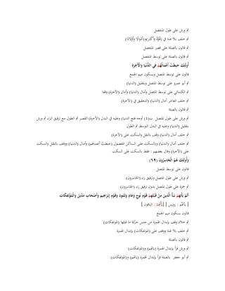 ‫ٍب ورش على طوؿ اؼبنفصل‬
‫ٍب خلف بال غنة ُب (قُػوةً وأَكثَػر)و(أَمواال وأَوالدا)‬
‫َّ َ ْ َ ْ َ ً َ َْ ً‬
‫ٍب قالوف بالصلة على قصر اؼبنفصل‬

‫ٍب قالوف بالصلة على توسط اؼبنفصل‬
‫ِ‬
‫أُولَئِك حبِطَت أَعمالُهم فِي الدنْػيا واّلَخرةِ‬
‫َ َ ْ َْ ُ ْ‬
‫ُّ َ َ ْ َ‬
‫قالوف على توسط اؼبتصل وبسكوف ميم اعبمع‬
‫ٍب أبو عمرو على توسط اؼبتصل وبتقليل (الدنيا)‬
‫ٍب الكسائي على توسط اؼبتصل وأماؿ (الدنيا) وأماؿ (اآلخرة) وقفا‬
‫ٍب خلف العاشر أماؿ (الدنيا) والتحقيق ُب (اآلخرة)‬
‫ٍب قالوف بالصلة‬
‫ٍب ورش على طوؿ اؼبتصل ب(ٗ) أوجو فتح الدنيا) وعليو ُب البدؿ (اآلخرة) القصػر ٍب الطػوؿ مػع ترقيػق الػراء ٍب ورش‬
‫بتقليل (الدنيا) وعليو ُب البدؿ التوسط ٍب الطوؿ‬
‫ٍب خلف أماؿ (الدنيا) وقف بالنقل والسكت على (اآلخرة)‬
‫ٍب خلػػف أمػػاؿ (الػػدنيا) وبالسػػكت علػػى السػػاكن اؼبفصػػوؿ (حبطػػت أعمػػاؽبم) وأمػػاؿ (الػػدنيا) ووقػػف بالنقػػل والسػػكت‬
‫ْ‬
‫على (اآلخرة) وقاؿ بعضهم : فقط بالسكت على السكت‬
‫وأُولَئِك ىم الْخاسروف (ٜٙ)‬
‫َ َ ُُ َ ُِ َ‬
‫قالوف على توسط اؼبتصل‬
‫ٍب ورش على طوؿ اؼبتصل وترقيق راء (اػباسروف)‬
‫ٍب ضبزة على طوؿ اؼبتصل بدوف ترقيق راء (اػباسروف)‬
‫ِ ِ‬
‫ِ‬
‫ٍ‬
‫ْ َِ ِ‬
‫أَلَم يَأْتِهم نَػبَأُ الَّذين من قَػ ْبلِهم قَػوِـ نُوح وعاد وثَمود وقَػوِـ إِبْػراىيم وأَصحاب مديَن والْمؤتَفكات‬
‫ْ ِْ‬
‫َ ْ ِ ْ ْ ٍ ََ َ ُ َ َ ْ َ َ َ ْ َ ِ َْ َ َ ُ‬
‫[ يأصُم : رويس ] [يَأْ ِِم : الباقوف ]‬
‫صْ‬
‫قالوف بسكوف ميم اعبمع‬

‫ٍب خالد وقف بإبداؿ اؽبمزة من جنس كة ما قبلها (اؼبوتفكات)‬
‫حر‬
‫ٍب خلف بال غنة ووقف على (اؼبوتفكات) بإبداؿ اؽبمزة‬
‫ٍب قالوف بالصلة‬
‫ٍب ورش قرأ بإبداؿ اؽبمزة (ياصم) و(اؼبوتفكات)‬
‫ٍب أبو جعفر بالصلة قرأ بإبداؿ اؽبمزة (ياصم) و(اؼبوتفكات)‬

 
