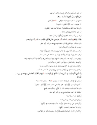 ‫ٍب خلف بالسكت ُب الساكن اؼبفصوؿ (قالت أخراىم)‬
‫ْ‬
‫قَاؿ لِكل ضعف ولَكن َل تَػعلَموف (ٖٛ)‬
‫َ ُ ٍّ ِ ْ ٌ َ ِ ْ َ ْ ُ َ‬
‫الدليل من الشاطبية : و(ال يعلموف) قل لشعبة ُب الثاين‬
‫[ال يعلموف : شعبة ] [ال تَػعلَموف : الباقوف]‬
‫َ ُْ َ‬

‫قالوف قرأ بتاء اػبطاب (تَػعلَموف) ٍب شعبة قرأ بياء الغيبة (يػَعلَموف)‬
‫ُْ َ‬
‫ُْ َ‬
‫ِ‬
‫ِ‬
‫ٍب خلف بال غنة ُب (ضعف ولَكن )‬
‫ْ ٌ َ ْ‬
‫ٍب السوسي أدغم الالـ بالالـ (قَاؿ لِكل) مع اؼبدود الثالثة‬
‫َ ُ ٍّ‬
‫وقَالَت أُوَلىم ألُخراىم فَما كاف لَكم علَْيػنَا من فَضل فَذوقُوا الْعذاب بِما ك ْنتُم تَكسبُوف (ٜٖ)‬
‫َ ْ َ ُ ْ ِ َْ ُ ْ َ َ َ ُ ْ َ ِ ْ ٍْ ُ‬
‫ََ َ َ ُ ْ ْ ِ َ‬
‫قالوف بسكوف ميم اعبمع ٍب قالوف بالصلة و ج معو ابن كثَت وأبو جعفر‬
‫اندر‬
‫ٍب دوري قلل (أوالىم) وأماؿ (ألخراىم)‬

‫ٍب السوسي قلل (أوالىم) وأماؿ (ألخراىم) وأدغم الباء بالباء (الْعذاب ِدبَا)‬
‫ََ َ‬
‫ٍب ضبزة أماؿ (أوالىم) وأماؿ (ألخراىم) و ج معو الكسائي وخلف العاشر‬
‫اندر‬
‫ٍب ورش ب(ٗ) أوجو قصر البدؿ وعليو الفتح ُب (أوالىم) والتقليل ُب (ألخراىم) ألنا رائية وجو واحد‬
‫ٍب التوسط وعليو التقليل ُب (أوالىم) والتقليل ُب (ألخراىم)‬
‫ٍب الطوؿ وعليو الفتح ُب (أوالىم) والتقليل ُب (ألخراىم ) رائية وجو واحد‬
‫ٍب الطوؿ وعليو التقليل ُب (أوالىم) والتقليل ُب (ألخراىم) ٍب خلف بالسكت‬
‫ِ‬
‫ِ‬
‫إِف الَّذين كذبُوا بَِيَاتِنَا واستَكبَػروا ع ْنػها َل تُػفتَّح لَهم أَبْػواب السمآء وَل يَدخلُوف الْجنَّةَ حتَّى يَلِج الْجمل فِػي سػم‬
‫َ ّْ‬
‫َّ َ َ َّ آ َ ْ ْ ُ َ َ َ َ ُ ُ ْ َ ُ َّ َ َ َ ْ ُ َ َ َ‬
‫َ ََ ُ‬
‫ِ ِ‬
‫الْخيَاط‬
‫الشاطبية ُب األعراؼ رقم ٗٛٙ-٘ٛٙ : و(يفتح) مشلال وخفف شفا حكما‬
‫[ تُػفتَح : أبو عمرو ] [ يػُفتَح : ضبزة والكسائي وخلف العاشر ] [ تُػفتَّح : الباقوف]‬
‫َ ُ‬
‫ْ ُ‬
‫ْ ُ‬
‫قالوف قرأ بتاء التأنيث وتشديد التاء (ال تُػفتَّح) وبسكوف ميم اعبمع‬
‫َ‬
‫ٍب قالوف على قصر الصلة و ج معو ابن كثَت وأبو جعفر‬
‫اندر‬
‫ٍب قالوف على توسط الصلة‬
‫ٍب ورش على طوؿ اؼبتصل وطوؿ الصلة‬
‫ٍب أبو عمرو على توسط اؼبتصل وقرأ بتاء التأنيث وبالتخفيف ُب (تُػفتَح)‬
‫ْ ُ‬
‫ٍب ضبزة قرأ بياء الغيبة والتخفيف (يػُفتَح)‬
‫ْ ُ‬

‫ٍب الكسائي قرأ بياء الغيبة والتخفيف (يػُفتَح) ٍب خلف بالسكت ُب (ؽبم أبواب)‬
‫ْ‬
‫ْ ُ‬

 