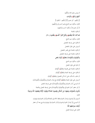 ‫ِ‬
‫ٍب رويس بضم اؽباء (يأصُم)‬
‫ِ‬
‫أَتَػ ْتػهم رسلُهم بِالْبَػيّْػنَات‬
‫ُ ْ ُُ ُ ْ‬
‫[ رسلُهم : أبو عمرو ] [ رسلُهم : الباقوف ]‬
‫ُْ‬
‫ُُ‬

‫قالوف بسكوف ميم اعبمع وضم السُت ُب (رسلُهم)‬
‫ُُ‬

‫ٍب أبو عمرو قرأ بسكوف السُت (رسلهم)‬
‫ُْ‬

‫ٍب قالوف بالصلة‬
‫فَما كاف اللَّوُ لِيَظْلِمهم ولَكن كانُوآ أَنْػفسهم يَظْلِموف (ٓٚ)‬
‫َُ ْ َ ِ ْ َ‬
‫ُ َُ ْ ُ َ‬
‫َ َ َ‬
‫قالوف بسكوف ميم اعبمع‬
‫ٍب قالوف على توسط اؼبنفصل‬
‫ٍب ورش على طوؿ اؼبنفصل‬
‫ٍب قالوف بالصلة على قصر اؼبنفصل‬

‫ٍب قالوف بالصلة على توسط اؼبنفصل‬
‫ِ‬
‫ِ‬
‫ْ ٍ‬
‫والْمؤمنُوف والْمؤمنَات بَػعضهم أَولِيَاءُ بَػعض‬
‫َ ُْ َ َ ُْ ُ ْ ُُ ْ ْ‬
‫قالوف بسكوف ميم اعبمع‬
‫ٍب ضبزة على طوؿ اؼبتصل‬

‫ٍب قالوف بالصلة على قصرىا (بػَعضهم أَولِيَاءُ)‬
‫ْ ُُ ْ ْ‬
‫ٍب قالوف على توسط الصلة (بػَعضهم أَولِيَاءُ)‬
‫ْ ُُ ْ ْ‬

‫ٍب خلف بالسكت على الساكن اؼبفصوؿ (بػَعضهم أَولِيَاءُ)‬
‫ْ ُُ ْ ْ‬
‫ِ‬
‫ِ‬
‫ٍب ورش على طوؿ الصلة (بػَعضهم أَولِيَاءُ) مع إبداؿ اؽبمزة ُب (والْمومنُوف والْمومنَات)‬
‫َ ُ ََ ُ ُ‬
‫ْ ُُ ْ ْ‬
‫ِ‬
‫ِ‬
‫ٍب السوسي أبدؿ اؽبمزة ُب (والْمومنُوف والْمومنَات) على توسط اؼبتصل‬
‫َ ُ ََ ُ ُ‬
‫ِ‬
‫ِ‬
‫ٍب أبو جعفر أبدؿ اؽبمزة ُب (والْمومنُوف والْمومنَات) على توسط اؼبتصل وبالصلة‬
‫َ ُ ََ ُ ُ‬
‫ُ ُ َ َ ْ ُ ِ َ َ ْ َ َ ِ ُ َ ِ َ ِ ُ َ َّ َ َ ْ َ الزَ َ ِ ُ َ‬
‫يَأْمروف بِالْمعروؼ ويَػ ْنػهوف عن الْم ْنكر ويُقيموف الصَلةَ ويُػؤتُوف َّكاةَ ويُطيعوف اللَّوَ ورسولَوُ‬
‫ََ ُ‬
‫قالوف‬
‫ٍب ورش قرأ (يامروف) بإبداؿ اؽبمزة وغلظ الالـ ُب (الصالة) وأبدؿ اؽبمزة واوا (يوتوف)‬
‫ٍب السوسي قرأ بإبداؿ اؽبمزة (يامروف) وأبدؿ اؽبمزة واوا (يوتوف) و ج معو أبو جعفر‬
‫اندر‬
‫أُولَئِك سيَػرحمهم اللَّوُ‬
‫َ َ ْ َُُ ُ‬
‫قالوف على توسط اؼبتصل‬

 