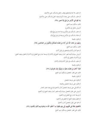 ‫ٍب خلف بال غنة والتحقيق ووقف بالنقل والسكت على (اآلخرة)‬
‫ٍب خلف بالسكت على (عذابا أليما) وعليو النقل والسكت على (اآلخرة)‬
‫ْ ْ ِ ِ ْ َ ٍّ َ َ ِ ٍ‬
‫وما لَهم فِي األَرض من ولِي وَل نَصير (ٗٚ)‬
‫ََ ُ ْ‬
‫قالوف بسكوف ميم اعبمع‬
‫ٍب ورش بالنقل ُب (األرض)‬

‫ٍب خلف بالسكت ُب (األرض) وبال غنة (من وِيل وال)‬
‫ِ ْ َ ٍّ ََ‬
‫ٍب خالد بالسكت ُب (األرض) وبغنة ُب (من وِيل وال)‬
‫ِ ْ َ ٍّ ََ‬
‫ٍب قالوف بالصلة‬
‫ِ‬
‫ِ‬
‫َ ِ ِْ‬
‫وم ْنػهم من عاىد اللَّوَ لَئِن آتَانَا من فَضلِو لَنَصدقَن ولَنَكونَن من الصالِحين (٘ٚ)‬
‫َِ ُ ْ َ ْ َ َ َ‬
‫ْ‬
‫ْ‬
‫َّ َّ َّ َ ُ َّ َ َّ َ‬
‫قالوف بسكوف ميم اعبمع‬
‫ٍب ضبزة أماؿ (آَتَانَا) والتحقيق ُب (لَئِن آَتَانَا)‬
‫ْ‬
‫ٍب ورش ب(ٗ) أوجو قصر البدؿ وعليػو الفػتح ُب (آَتَانَػا) ٍب توسػط البػدؿ مػع التقليػل ُب (آَتَانَػا) ٍب الطػوؿ وعليػو الفػتح‬
‫ُب (آَتَانَا) ٍب التقليل ُب (آَتَانَا)‬
‫ٍب خلف بالسكت ُب (لَئِن آَتَانَا) وأماؿ (آَتَانَا)‬
‫ْ‬
‫ٍب قالوف بالصلة‬
‫فَػلَمآ آتَاىم من فَضلِو بَخلُوا بِو وتَػولَّوا وىم معرضوف (ٙٚ)‬
‫َّ َ ُ ْ ِ ْ ْ ِ ِ ِ َ َ ْ َ ُ ْ ُ ْ ِ ُ َ‬
‫قالوف على قصر اؼبنفصل وبسكوف ميم اعبمع‬
‫ٍب قالوف بالصلة‬
‫ٍب قالوف على توسط اؼبنفصل‬
‫ٍب قالوف على توسط اؼبنفصل وبالصلة‬
‫ٍب الكسائي على توسط اؼبنفصل أماؿ (آتاىم) و ج معو خلف العاشر‬
‫اندر‬
‫ٍب ورش على طوؿ اؼبنفصل ب(ٗ) أوجو قصر البدؿ وعليو الفتح ُب (آتاىم)‬
‫ٍب توسط البدؿ مع التقليل ُب (آتاىم)‬
‫ٍب الطوؿ وعليو الفتح ٍب التقليل ُب (آتاىم)‬
‫ٍب ضبزة على طوؿ اؼبنفصل أماؿ (آتاىم)‬
‫فَأَعقبَػهم نِفاقًا فِي قُػلُوبِهم إِلَى يَػوِـ يَػلقونَوُ بِمآ أَخلَفوا اللَّوَ ما وعدوهُ وبِما كانُوا يَكذبُوف (ٚٚ)‬
‫َ َ َُ َ َ َ‬
‫ْ َْ ْ َ ْ ُ‬
‫َْ ُ ْ َ‬
‫ِْ َ‬
‫ِْ‬
‫قالوف على قصر اؼبنفصل وبسكوف ميم اعبمع‬

 