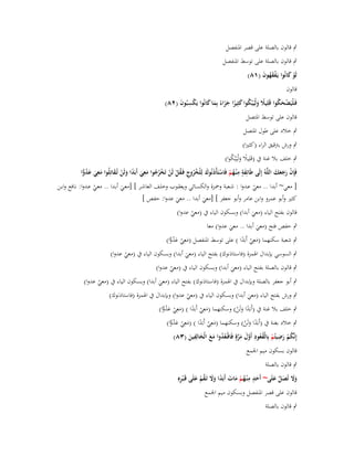 ‫ٍب قالوف بالصلة على قصر اؼبنفصل‬
‫ٍب قالوف بالصلة على توسط اؼبنفصل‬
‫لَو كانُوا يَػفقهوف (ٔٛ)‬
‫ْ َ‬
‫َُْ َ‬

‫قالوف‬

‫فَػلْيَضحكوا قَلِيَل ولْيَْبكوا كثِيرا جزاء بِما كانُوا يَكسبُوف (ٕٛ)‬
‫َُْ‬
‫ً َ ُ َ ً ََ ً َ َ‬
‫ِْ َ‬
‫قالوف على توسط اؼبتصل‬

‫ٍب خالد على طوؿ اؼبتصل‬
‫ٍب ورش بًتقيق الراء (كثَتا)‬
‫ٍب خلف بال غنة ُب (قَلِيال ولْيَْبكوا)‬
‫ً َ ُ‬
‫فَِإف رجعك اللَّوُ إِلَى طَائِفة م ْنػهم فَاستَأْذَنُوؾ لِلخروج فَػقل لَن تَخرجوا معي أَبَدا ولَن تُػقاتِلُوا معي عدوا‬
‫َ ٍ ِ ُ ْ ْ َ ْ ُ ُ ِ ُ ْ ْ ْ ُ ُ َ ِ َ ً َ ْ َ َ ِ َ َ ُ ِّ‬
‫ْ َََ َ‬

‫[ معي~ أبدا .. معي عػدوا : شػعبة وضبػزة والكسػائي ويعقػوب وخلػف العاشػر ] [معػي أبػدا .. معػي عػدوا: نػافع وابػن‬
‫ْ‬
‫ْ‬
‫َ‬
‫كثَت وأبو عمرو وابن عامر وأبو جعفر ] [معي أبدا .. معي عدوا: حفص ]‬
‫َ‬
‫َ‬

‫قالوف بفتح الياء (معي أبدا) وبسكوف الياء ُب (معي عدوا)‬
‫ْ‬
‫َ‬

‫ٍب حفص فتح (معي أبدا .. معي عدوا) معا‬
‫َ‬
‫َ‬
‫ٍب شعبة سكنهما (معِي أَبدا ) على توسط اؼبنفصل (معِ‬
‫َ ي عدوا)‬
‫ْ َ ُ ِّ‬
‫َ ْ ًَ‬
‫ٍب السوسي بإبداؿ اؽبمزة (فاستاذنوؾ) بفتح الياء (معي أبدا) وبسكوف الياء ُب (معي عدوا)‬
‫ْ‬
‫َ‬
‫ٍب قالوف بالصلة بفتح الياء (معي أبدا) وبسكوف الياء ُب (معي عدوا)‬
‫ْ‬
‫َ‬

‫ٍب أبو جعفر بالصلة وبإبداؿ ُب اؽبمزة (فاستاذنوؾ) بفتح الياء (معي أبدا) وبسكوف الياء ُب (معي عدوا)‬
‫ْ‬
‫َ‬

‫ٍب ورش بفتح الياء (معي أبدا) وبسكوف الياء ُب (معي عدوا) وبإبداؿ ُب اؽبمزة (فاستاذنوؾ)‬
‫ْ‬
‫َ‬
‫ٍب خلف بال غنة ُب (أَبدا ولَن) وسكنهما (معِي أَبدا ) (معِ‬
‫َ ْ َ ً َ ي عدوا)‬
‫ْ َ ُ ِّ‬
‫ًَ َ ْ‬
‫ٍب خالد بغنة ُب (أَبَدا ولَن) وسكنهما (معِي أَبَدا ) (معِي عدوا)‬
‫َ ْ ً َ ْ َ ُ ِّ‬
‫ً َْ‬
‫ِ‬
‫ِ‬
‫ِ‬
‫إِنَّكم رضيتُم بِالْقعود أَوؿ مرةٍ فَاقْعدوا مع الْخالِفين (ٖٛ)‬
‫ُ ْ َ ْ ُ ُ َّ َ َ َّ ػ ُ ُ َ َ َ َ‬

‫قالوف بسكوف ميم اعبمع‬
‫ٍب قالوف بالصلة‬

‫وَل تُصل علَى~ أَحد م ْنػهم مات أَبدا وَل تَػقم علَى قَػبرهِ‬
‫َ ٍ ِ ُ ْ َ َ َ ً ََ ُ ْ َ ْ ِ‬
‫َ َ َ ّْ َ‬
‫قالوف على قصر اؼبنفصل وبسكوف ميم اعبمع‬
‫ٍب قالوف بالصلة‬

 