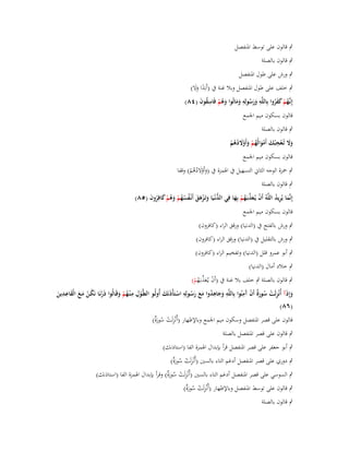 ‫ٍب قالوف على توسط اؼبنفصل‬
‫ٍب قالوف بالصلة‬
‫ٍب ورش على طوؿ اؼبنفصل‬
‫ٍب خلف على طوؿ اؼبنفصل وبال غنة ُب (أَبَدا وال)‬
‫ً ََ‬
‫إِنَّهم كفروا بِاللَّو ورسولِو وماتُوا وىم فَاسقوف (ٗٛ)‬
‫ِ ََ ُ ِ ََ َ ُ ْ ِ ُ َ‬
‫ػُ ْ ََُ‬
‫قالوف بسكوف ميم اعبمع‬
‫ٍب قالوف بالصلة‬
‫ِ‬
‫وَل تُػعج ْبك أَموالُهم وأَوَلدىم‬
‫ََ ْ َ ْ َ ُ ْ َ ْ َ ُ ُ ْ‬
‫قالوف بسكوف ميم اعبمع‬
‫ٍب ضبزة الوجو الثاين التسهيل ُب اؽبمزة ُب (وأَوالدىم) وقفا‬
‫َ َْ ُ ُ ْ‬

‫ٍب قالوف بالصلة‬

‫إِنَّما يُريد اللَّوُ أَف يُػعذبَػهم بِها فِي الدنْػيَا وتَػزىق أَنْػفسهم وىم كافِروف (٘ٛ)‬
‫ُّ َ ْ َ َ ُ ُ ُ ْ َ ُ ْ َ ُ َ‬
‫َ ُِ‬
‫ْ َ ّْ ُ ْ َ‬

‫قالوف بسكوف ميم اعبمع‬

‫ٍب ورش بالفتح ُب (الدنيا) ورقق الراء (كافروف)‬
‫ٍب ورش بالتقليل ُب (الدنيا) ورقق الراء (كافروف)‬
‫ٍب أبو عمرو قلل (الدنيا) وتفخيم الراء (كافروف)‬
‫ٍب خالد أماؿ (الدنيا)‬
‫ٍب قالوف بالصلة ٍب خلف بال غنة ُب (أَف يػُعذبػَهم)‬
‫ْ َ ّْ ُ ْ‬
‫ِ ِ‬
‫ِ ْ ة ْ آِ‬
‫ِِ‬
‫وإِذَآ أُنْزلَت سورٌ أَف َمنُوا بِاللَّو وجاىدوا مع رسػولِو اسػتَأْذَنَك أُولُػو الطَّػوؿ مػ ْنػهم وقَػالُوا ذَرنَػا نَكػن مػع الْقاعػدين‬
‫ِ ََ ُِ ََ َُ ِ ْ َ‬
‫ْ‬
‫ْ ُْ ََ َ َ‬
‫ُْ َ‬
‫ُ َ‬
‫َ‬
‫(ٙٛ)‬
‫قالوف على قصر اؼبنفصل وسكوف ميم اعبمع وباإلظهار (أُنْزلَت سورٌ)‬
‫ِ ْ ُ َة‬
‫ٍب قالوف على قصر اؼبنفصل بالصلة‬

‫ٍب أبو جعفر على قصر اؼبنفصل قرأ بإبداؿ اؽبمزة الفا (استاذنك)‬
‫ٍب دوري على قصر اؼبنفصل أدغم التاء بالسُت (أُنْزلَت سورٌ)‬
‫ِ ْ ُ َة‬
‫ٍب السوسي على قصر اؼبنفصل أدغم التاء بالسُت (أُنْزلَت سورٌ) وقرأ بإبداؿ اؽبمزة الفا (استاذنك)‬
‫ِ ْ ُ َة‬
‫ٍب قالوف على توسط اؼبنفصل وباإلظهار (أُنْزلَت سورٌ)‬
‫ِ ْ ُ َة‬

‫ٍب قالوف بالصلة‬

 