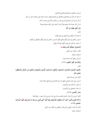 ‫ٍب ورش بالتقليل ُب (التوراة) والنقل (واالقبيل)‬
‫ٍب ضبزة بالسكت ُب (واالقبيل) والتقليل ُب (التوراة) ووقف بإبداؿ اؽبمزة على (القراف) مثل ابن كثَت‬
‫ٍب أبو عمرو أماؿ (التوراة) واند ج معو ابن ذكواف والكسائي وخلف العاشر‬
‫ر‬
‫ٍب ابن كثَت بصلة اؽباء (عليو) وقرأ بإبداؿ اؽبمزة على (القراف) وقفا ووصال‬
‫ِْ ِ ِ‬
‫ومن أَوفَى بِعهدهِ من اللَّو‬
‫ََ ْ ْ َ‬
‫َ‬
‫قالوف‬
‫ٍب ضبزة أماؿ (أوَب) وبالتحقيق ُب (ومن أَوَب)‬
‫ََ ْ ْ َ‬

‫ٍب ورش بالنقل ُب (ومن أَوَب) وفتح (أوَب) ٍب ورش بالنقل ُب (ومن أَوَب) والتقليل ُب (أَوَب)‬
‫َْ‬
‫ََ ْ ْ َ‬
‫ََ ْ ْ َ‬

‫ٍب خلف بالسكت ُب (ومن أَوَب) واإلمالة (أوَب)‬
‫ََ ْ ْ َ‬
‫ُِ ِ‬
‫ِ‬
‫ِ‬
‫فَاستَْبشروا بِبَػ ْيعكم الَّذي بَايَػعتُم بِو‬
‫ْ ْ‬
‫ُ‬
‫ْ ُ‬
‫قالوف بسكوف ميم اعبمع‬
‫ٍب قالوف بالصلة‬

‫ٍب ورش بًتقيق الراء (فاستبشروا)‬
‫ِ‬
‫وذَلِك ىو الْفوز الْعظيم (ٔٔٔ)‬
‫َ َ َُ َْ ُ َ ُ‬
‫قالوف‬
‫التَّائِبُوف الْعابِدوف الْحامدوف السائِحوف الراكِعوف الساجدوف اّلَمروف بِالْمعروؼ والنَّاىوف عن الْم ْنكر والْحافِظُوف‬
‫َ َ ُ َ َ ِ ُ َ َّ ُ َ َّ ُ َ َّ ِ ُ َ ْ ِ ُ َ َ ْ ُ ِ َ ُ َ َ ِ ُ َ ِ َ َ َ‬
‫ُ ِ ِ‬
‫لِحدود اللَّو‬
‫ُ‬
‫قالوف على توسط اؼبتصل‬
‫ٍب ورش على طوؿ اؼبتصل وترقيق الراء ُب (األمروف) مع الناقل و(ٖ) البدؿ‬
‫ٍب خلف بالسكت ُب (األمروف)‬
‫ٍب خالد بالتحقيق ُب (األمروف)‬
‫ِ‬
‫وبَشر الْمؤمنِين (ٕٔٔ)‬
‫َ ّْ ِ ُ ْ َ‬
‫قالوف ٍب ورش قرأ بإبداؿ اؽبمزة (اؼبومنُت) و ج معو السوسي وأبو جعفر ، وضبزة وقفا‬
‫اندر‬
‫ِ‬
‫ِ‬
‫ِ‬
‫ِ‬
‫ما كاف لِلنَّبِي والَّػذين َمنُػوآ أَف يَسػتَػغْفروا لِلْمشػ كِين ولَػو كػانُوآ أُولِػي قُػربَػى مػن بَػعػد مػا تَػبَ ػيَّن لَهػم أَنَّهػم أَصػحاب‬
‫ْ ْ ُِ ُ ْ ر َ َ ْ َ‬
‫َ ُ ْ ػُ ْ ْ َ ُ‬
‫ْ ْ َ‬
‫َ َ َ ّْ َ َ آ َ‬
‫ْ‬
‫َِ ِ‬
‫الْجحيم (ٖٔٔ)‬
‫قالوف قرأ باؽبمز (للن ء) على قصر اؼبنفصل وبسكوف ميم اعبمع‬
‫ٍب قالوف بالصلة‬

 