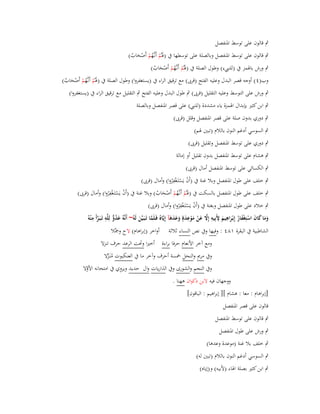 ‫ٍب قالوف على توسط اؼبنفصل‬
‫ٍب قالوف على توسط اؼبنفصل وبالصلة على توسطها ُب (ؽبُم أَنػَّهم أَصحاب)‬
‫َْ ُْ ْ َ ُ‬

‫ٍب ورش باؽبمز ُب (للن ء) وطوؿ الصلة ُب (ؽبُم أَنػَّهم أَصحاب)‬
‫َْ ُْ ْ َ ُ‬

‫وب(ٗ) أوجو قصر البدؿ وعليو الفتح (قرىب) مع ترقيق الراء ُب (يستغفروا) وطوؿ الصلة ُب (ؽبُم أَنػَّهم أَصحاب)‬
‫َْ ُْ ْ َ ُ‬
‫ٍب ورش على التوسط وعليو التقليل (قرىب) ٍب طوؿ البدؿ وعليو الفتح ٍب التقليل مع ترقيق الراء ُب (يستغفروا)‬
‫ٍب ابن كثَت بإبداؿ اؽبمزة ياء مشددة (للن ) على قصر اؼبنفصل وبالصلة‬
‫ٍب دوري بدوف صلة على قصر اؼبنفصل وقلل (قرىب)‬
‫ٍب السوسي أدغم النوف بالالـ (تبُت ؽبم)‬
‫ٍب دوري على توسط اؼبنفصل وتقليل (قرىب)‬
‫ٍب ىشاـ على توسط اؼبنفصل بدوف تقليل أو إمالة‬
‫ٍب الكسائي على توسط اؼبنفصل أماؿ (قرىب)‬

‫ِ‬
‫ٍب خلف على طوؿ اؼبنفصل وبال غنة ُب (أَف يَستَػغفروا) وأماؿ (قرىب)‬
‫ْ ْ ُْ‬

‫ِ‬
‫ٍب خلف على طوؿ اؼبنفصل بالسكت ُب (ؽبُم أَنػَّهم أَصحاب) وبال غنة ُب (أَف يَستَػغفروا) وأماؿ (قرىب)‬
‫َْ ُْ ْ َ ُ‬
‫ْ ْ ُْ‬
‫ِ‬
‫ٍب خالد على طوؿ اؼبنفصل وبغنة ُب (أَف يَستَػغفروا) وأماؿ (قرىب)‬
‫ْ ْ ُْ‬
‫ُ ّّ ِ ِ َّ ِ‬
‫ِ ٍ‬
‫ِ ِ ِ‬
‫َ‬
‫وما كاف استِغْفار إِبْػراىيم ألَبِيو إَِل عن موعدة وعدىآ إِيَّاهُ فَػلَما تَػبَػيَّن لَوُ~ أَنَّوُ عدو للَّو تَػبَػرأَ م ْنوُ‬
‫َّ َ ْ َ ْ َ َ َ َ َ‬
‫َّ َ‬
‫ََ َ َ ْ َ ُ َ َ‬
‫الشاطبية ُب البقرة ٔٛٗ : وفيها وُب نص النساء ثالثة‬

‫أواخر (إبراىاـ) الح وصبَّال‬

‫ومع آخر األنعاـ حرفا براءة أخَتا وربت الرعد حرؼ تنزال‬
‫وُب مرًن والنحل طبسة أحرؼ وآخر ما ُب العنكبوت منَػزال‬
‫ُ َّ‬
‫ِ‬
‫وُب النجم والشورى وُب الذاريات واؿ حديد ويروي ُب امتحانو األوال‬
‫َّ‬
‫ووجهاف فيو البن ذكواف ىهنا .‬
‫[إبراىاـ : معا : ىشاـ ][ إبراىيم : الباقوف]‬
‫قالوف على قصر اؼبنفصل‬
‫ٍب قالوف على توسط اؼبنفصل‬
‫ٍب ورش على طوؿ اؼبنفصل‬
‫ٍب خلف بال غنة (موعدة وعدىا)‬
‫ٍب السوسي أدغم النوف بالالـ (تبُت لو)‬
‫ٍب ابن كثَت بصلة اؽباء (ألبيو) و(إياه)‬

 