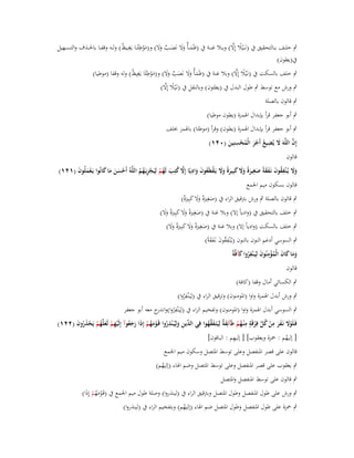 ‫ِ‬
‫ْ ً َّ‬
‫ٍب خل ػػف ب ػػالتحقيق ُب (نَ ػػيال إِال) وب ػػال غن ػػة ُب (ظَم ػأٌ وال نَص ػػب وال) و(موطئًػػا يَغِػػيظ) ول ػػو وقف ػػا باغب ػػذؼ والتس ػػهيل‬
‫ُ‬
‫َ ََ َ ٌ ََ َ ْ‬
‫ُب(يطوف)‬
‫ِ‬
‫ً َّ‬
‫ٍب خلف بالسكت ُب (نػَْيال إِال) وبال غنة ُب (ظَمأٌ وال نَصب وال) و(موطئًا يَغِيظ) ولو وقفا (موطيا)‬
‫ُ‬
‫َ ََ َ ٌ ََ َ ْ‬
‫ً َّ‬
‫ٍب ورش مع توسط ٍب طوؿ البدؿ ُب (يطئوف) وبالنقل ُب (نػَْيال إِال)‬
‫ٍب قالوف بالصلة‬

‫ٍب أبو جعفر قرأ بإبداؿ اؽبمزة (يطوف موطيا)‬
‫ٍب أبو جعفر قرأ بإبداؿ اؽبمزة (يطوف) وقرأ (موطئا) باؽبمز خبلف‬
‫ِ‬
‫َّ َ ِ‬
‫إِف اللَّوَ َل يُضيع أَجر الْمحسنِين (ٕٓٔ)‬
‫ُ َْ ُ ْ َ‬
‫قالوف‬
‫ِ‬
‫ِ‬
‫ِ‬
‫وَل يُػ ْنفقوف نَػفقةً صغيرة وَل كبِيرة وَل يَػقطَعوف واديًا إَِل كتِب لَهم لِيَجزيَػهم اللَّوُ أَحسن ما كانُوا يَػعملُوف (ٕٔٔ)‬
‫ْ ََ َ َ‬
‫َْ َ‬
‫َ َ ُ َ َ َ َ َ ً َ َ َ َ ً َ َ ْ ُ َ َ َّ ُ َ ُ ْ ْ ِ ُ ُ‬
‫قالوف بسكوف ميم اعبمع‬
‫ٍب قالوف بالصلة ٍب ورش بًتقيق الراء ُب (صغَِتة وال كبَِتة)‬
‫َ ًَ ََ َ ًَ‬
‫ٍب خلف بالتحقيق ُب (وادياً إال) وبال غنة ُب (صغَِتة وال كبَِتة وال)‬
‫َ ًَ ََ َ ًَ ََ‬
‫ٍب خلف بالسكت (وادياً إال) وبال غنة ُب (صغَِتة وال كبَِتة وال)‬
‫َ ًَ ََ َ ًَ ََ‬
‫ٍب السوسي أدغم النوف بالنوف (يػُْنفقوف نػَفقةً)‬
‫ُِ َ ََ‬
‫ََ َ َ ُ ِْ َ ُِ َ‬
‫وما كاف الْمؤمنُوف لِيَػ ْنفروا كآفَّةً‬
‫قالوف‬

‫ٍب الكسائي أماؿ وقفا (كافة)‬

‫ِ‬
‫ٍب ورش أبدؿ اؽبمزة واوا (اؼبومنوف) وترقيق الراء ُب (لِيَػْنفروا)‬
‫ُ‬
‫ٍب السوسي أبدؿ اؽبمزة واوا (اؼبومنوف) وتفخيم الراء ُب (لِيَػْنفروا)و ج معو أبو جعفر‬
‫ِ ُ اندر‬
‫َ َ ِ ُ ّْ ٍ ِ‬
‫فَػلَوَل نَػفر من كل فِرقَة م ْنػهم طَآئِف ٌ لِيَتَػفقهوا فِي ّْين ولِيُػ ْنذروا قَػومهم إِذا رجعوآ إِلَيهم لَعلَّهم يَحذروف (ٕٕٔ)‬
‫الد ِ َ ِ ُ ْ َ ُ ْ َ َ َ ُ ْ ِ ْ َ ُ ْ ْ َ ُ َ‬
‫ُ ْ َ ة َ َّ ُ‬
‫ْ َ ْ‬
‫ْ‬
‫ِ‬
‫[ إليهم : ضبزة ويعقوب] [ إليهم : الباقوف]‬
‫ُ‬
‫قالوف على قصر اؼبنفصل وعلى توسط اؼبتصل وسكوف ميم اعبمع‬

‫ٍب يعقوب على قصر اؼبنفصل وعلى توسط اؼبتصل وضم اؽباء (إليهم)‬
‫ُ‬
‫ٍب قالوف على توسط اؼبنفصل واؼبتصل‬

‫ٍب ورش على طوؿ اؼبنفصل وطوؿ اؼبتصل وبًتقيق الراء ُب (لينذروا) وصلة طوؿ ميم اعبمع ُب (قَػومهم إِذا)‬
‫َُْ ْ َ‬

‫ٍب ضبزة على طوؿ اؼبنفصل وطوؿ اؼبتصل ضم اؽباء (إليهم) وبتفخيم الراء ُب (لينذروا)‬
‫ُ‬

 