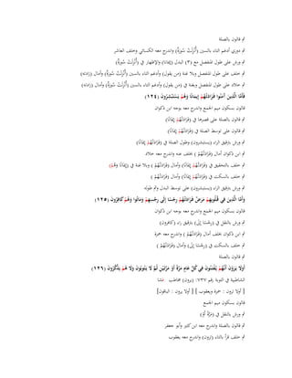 ‫ٍب قالوف بالصلة‬
‫ٍب دوري أدغم التاء بالسُت (أُنْزلَت سورٌ) و ج معو الكسائي وخلف العاشر‬
‫ِ ْ ُ َة اندر‬

‫ٍب ورش على طوؿ اؼبنفصل مع (ٖ) البدؿ (إديانا) واإلظهار ُب (أُنْزلَت سورٌ)‬
‫ِ ْ ُ َة‬
‫ٍب خلف على طوؿ اؼبنفصل وبال غنة (من يقوؿ) وأدغم التاء بالسُت (أُنْزلَت سورٌ) وأماؿ (زادتو)‬
‫ِ ْ ُ َة‬

‫ٍب خالد على طوؿ اؼبنفصل وبغنة ُب (من يقوؿ) وأدغم التاء بالسُت (أُنْزلَت سورٌ) وأماؿ (زادتو)‬
‫ِ ْ ُ َة‬
‫فَأَما الَّذين َمنُوا فَػزادتْػهم إِيمانًا وىم يَستَْبشروف (ٕٗٔ)‬
‫َّ ِ َ آ َ َ َ ُ ْ َ َ ُ ْ ْ ِ ُ َ‬
‫قالوف بسكوف ميم اعبمع و ج معو بوجو ابن ذكواف‬
‫اندر‬
‫ٍب قالوف بالصلة على قصرىا ُب (فَػزادتْػهم إِديَانًا)‬
‫ََ ُْ‬
‫ٍب قالوف على توسط الصلة ُب (فَػزادتْػهم إِديَانًا)‬
‫ََ ُْ‬
‫ٍب ورش بًتقيق الراء (يستبشروف) وطوؿ الصلة ُب (فَػزادتْػهم إِديَانًا)‬
‫ََ ُْ‬

‫ٍب ابن ذكواف أماؿ (فَػزادتْػهم ) خبلف عنو و ج معو خالد‬
‫اندر‬
‫ََ ُْ‬

‫ٍب خلف بالتحقيق ُب (فَػزادتْػهم إِديَانًا) وأماؿ (فَػزادتْػهم ) وبال غنة ُب (إِديَانًا وىم)‬
‫َُ ْ‬
‫ََ ُْ‬
‫ََ ُْ‬
‫ٍب خلف بالسكت ُب (فَػزادتْػهم إِديَانًا) وأماؿ (فَػزادتْػهم )‬
‫ََ ُْ‬
‫ََ ُْ‬

‫ٍب ورش بًتقيق الراء (يستبشروف) على توسط البدؿ وٍب طولو‬
‫َّ ِ‬
‫وأَما الَّذين فِي قُػلُوبِهم مرض فَػزادتْػهم رجسا إِلَى رجسهم وماتُوا وىم كافِروف (ٕ٘ٔ)‬
‫ِ ْ ِ ِ ْ ََ َ ُ ْ َ ُ َ‬
‫َ‬
‫َ‬
‫ِ ْ ََ ٌ َ َ ُ ْ ِ ْ ً‬
‫قالوف بسكوف ميم اعبمع و ج معو بوجو ابن ذكواف‬
‫اندر‬
‫ٍب ورش بالنقل ُب (رجسا إِىل) بًتقيق راء (كافروف)‬
‫ِْ ً َ‬

‫ٍب ابن ذكواف خبلف أماؿ (فَػزادتْػهم ) و ج معو ضبزة‬
‫َ َ ُ ْ اندر‬
‫ٍب خلف بالسكت ُب (رجسا إِىل) وأماؿ (فَػزادتْػهم )‬
‫ِْ ً َ‬
‫ََ ُْ‬
‫ٍب قالوف بالصلة‬

‫أَوَل يَػروف أَنَّهم يُػفتَػنُوف فِي كل عاـ مرةً أَو مرتَػ ْين ثُم َل يَػتُوبُوف وَل ىم يَذكروف (ٕٙٔ)‬
‫َ َ َ ْ َ ػ ُ ْ ْ َ ُ ّْ َ ٍ َ َّ ْ َ َّ ِ َّ َ‬
‫َ َ َ ُ ْ َّ َّ ُ َ‬
‫الشاطبية ُب التوبة رقم ٖٚٚ: (يروف) ـباطب فشا‬

‫[ أوال تروف : ضبزة ويعقوب ] [ أوال يروف : الباقوف]‬
‫قالوف بسكوف ميم اعبمع‬
‫ٍب ورش بالنقل ُب (مرةً أَو)‬
‫َ َّ ْ‬

‫ٍب قالوف بالصلة و ج معو ابن كثَت وأبو جعفر‬
‫اندر‬

‫ٍب خلف قرأ بالتاء (تروف) و ج معو يعقوب‬
‫اندر‬

 