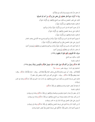 ‫ٍب خلف قرأ بالتاء (تروف) وبالسكت ُب (مرةً أَو)‬
‫َ َّ ْ‬

‫ِ‬
‫ٍ‬
‫وإِذَا مآ أُنْزلَت سورٌ نَظَر بَػعضهم إِلَى بَػعض ىل يَػراكم من أَحد ثُم انْصرفُوا‬
‫َ َ ِ ْ ُ َة َ ْ ُ ُ ْ‬
‫ْ ٍ َ ْ َ ُ ْ ْ َ َّ َ َ‬
‫قالوف على قصر اؼبنفصل وبسكوف ميم اعبمع واإلظهار ُب (أُنْزلَت سورٌ )‬
‫ِ ْ ُ َة‬
‫ٍب قالوف بالصلة واإلظهار ُب (أُنْزلَت سورٌ )‬
‫ِ ْ ُ َة‬

‫ٍب أبو عمرو أدغم التاء ُب السُت ُب (أُنْزلَت سورٌ ) وأماؿ (يراكم)‬
‫ِ ْ ُ َة‬
‫ٍب قالوف على توسط اؼبنفصل واإلظهار ُب (أُنْزلَت سورٌ )‬
‫ِ ْ ُ َة‬

‫ٍب قالوف بالصلة واإلظهار ُب (أُنْزلَت سورٌ )‬
‫ِ ْ ُ َة‬

‫ٍب دوري أدغم التاء ُب السُت ُب (أُنْزلَت سورٌ ) وأماؿ (يراكم) و ج معو الكسائي وخلف العاشر‬
‫اندر‬
‫ِ ْ ُ َة‬
‫ٍب ورش على طوؿ اؼبنفصل وقلل (يراكم) واإلظهار ُب (أُنْزلَت سورٌ )‬
‫ِ ْ ُ َة‬

‫ٍ‬
‫َ ِ‬
‫ٍب ضبزة أدغم التاء بالسُت ُب (أُنْزلَت سورٌ ) وأماؿ (يراكم) والتحقيق ُب (بػَعضهم إِىل)و(من أَحد)‬
‫ِ ْ ُ َة‬
‫ْ َ‬
‫ْ ُُ ْ‬
‫ٍ‬
‫َ ِ‬
‫ٍب خلف بالسكت ُب (بػَعضهم إِىل)و(من أَحد)‬
‫ْ َ‬
‫ْ ُُ ْ‬
‫صرؼ اللَّوُ قُػلُوبَػهم بِأَنَّهم قَػوـ َل يَػفقهوف (ٕٚٔ)‬
‫ََ َ‬
‫ُ ْ ػُ ْ ْ ٌ َ ْ َ ُ َ‬
‫قالوف بسكوف ميم اعبمع‬
‫ٍب قالوف بالصلة‬

‫ِ‬
‫ِ‬
‫ِ‬
‫ِ‬
‫ِ‬
‫لَقد جآءكم رسوؿ من أَنْػفسكم عزيز علَْيو ما عنِتُّم حريص علَْيكم بِالْمؤمنِين رءُوؼ رحيم (ٕٛٔ)‬
‫َ ْ َ َُ ْ َ ُ ٌ ْ ُ ُ ْ َ ِ ٌ َ َ َ ْ َ ِ ٌ َ ُ ْ ُ ْ َ َ ٌ َ ٌ‬
‫الشاطبية رقم ٚٛٗ : ورءوؼ قصر صحبتو حال‬

‫[لقجآءكم ..رؤؼ: أبو عمرو وضبزة والكسائي وخلف العاشر][ لقجآءكم ..رءوؼ : ىشاـ ][ لَقػد جػآءَكم ..رؤؼ:‬
‫َّ‬
‫َّ‬
‫َْ َ ُْ‬
‫شعبة ويعقوب][ لَقد جآءَكم.. رءوؼ : نافع وابن كثَت وابن ذكواف وحفص وأبو جعفر ]‬
‫َْ َ ُ ْ‬

‫ق ػػالوف عل ػػى توس ػػط اؼبتص ػػل وبس ػػكوف م ػػيم اعبم ػػع وباإلظه ػػار ُب ال ػػداؿ عن ػػد اعب ػػيم ُب (لَق ػد ج ػآءَكم) وباؼب ػػد ُب اؽبم ػػز‬
‫َ ْ َ ُْ‬
‫(رءوؼ)‬
‫ٍب شعبة قرأ بقصر اؽبمزة (رءؼ) وباإلظهار ُب (لَقد جآءَكم)‬
‫َْ َ ُ ْ‬
‫ٍب قالوف بالصلة‬

‫ٍب أبو جعفر قرأ بإبداؿ اؽبمزة (باؼبومنُت) وبالصلة وباإلظهار ُب (لَقد جآءَكم) وباؼبد ُب (رءوؼ)‬
‫َْ َ ُ ْ‬
‫ٍب ابن كثَت بصلة اؽباء (عليو) وبصلة ميم اعبمع وباإلظهار ُب (لَقد جآءَكم) وباؼبد ُب (رءوؼ)‬
‫َْ َ ُ ْ‬

‫ٍب ورش على طوؿ اؼبتصل مع (ٖ) البدؿ ُب مد اؽبمز (رءوؼ)‬

‫ٍب ابن ذكواف أماؿ (جآءكم) على توسط اؼبتصل وباإلظهار ُب (لَقد جآءَكم) وباؼبد ُب (رءوؼ)‬
‫َْ َ ُ ْ‬

‫ٍب دوري أدغم الداؿ باعبيم (لَقد جآءَكم) على توسط اؼبتصل وقرأ بقصر اؽبمزة (رءؼ)‬
‫َْ َ ُ ْ‬

 