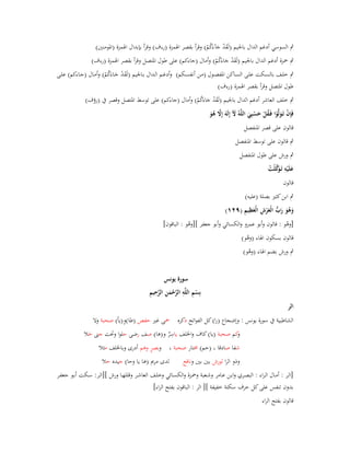 ‫ٍب السوسي أدغم الداؿ باعبيم (لَقد جآءَكم) وقرأ بقصر اؽبمزة (رءؼ) وقرأ بإبداؿ اؽبمزة (اؼبومنُت)‬
‫َْ َ ُ ْ‬

‫ٍب ضبزة أدغم الداؿ باعبيم (لَقد جاءَكم) وأماؿ (جاءكم) على طوؿ اؼبتصل وقرأ بقصر اؽبمزة (رءؼ)‬
‫َْ َ ُ ْ‬

‫ٍب خلػػف بالسػػكت علػػى السػػاكن اؼبفصػػوؿ (مػػن أنفسػػكم) وأدغػػم الػػداؿ بػػاعبيم (لَقػد جػػاءَكم) وأمػػاؿ (جػػاءكم) علػػى‬
‫َْ َ ُْ‬
‫طوؿ اؼبتصل وقرأ بقصر اؽبمزة (رءؼ)‬
‫ٍب خلف العاشر أدغم الداؿ باعبيم (لَقد جاءَكم) وأماؿ (جاءكم) على توسط اؼبتصل وقصر ُب (رؤؼ)‬
‫َْ َ ُ ْ‬

‫فَِإف تَػولَّوا فَػقل حسبِي اللَّوُ ّل إِلَوَ إَِل ىو‬
‫َ‬
‫َّ ُ َ‬
‫ْ َْ ُْ َْ َ‬
‫قالوف على قصر اؼبنفصل‬
‫ٍب قالوف على توسط اؼبنفصل‬
‫ٍب ورش على طوؿ اؼبنفصل‬
‫علَْيو تَػ َكلْت‬
‫َ ِ وَّ ُ‬
‫قالوف‬

‫ٍب ابن كثَت بصلة (عليو)‬
‫َ ُ َ َ ُّ َ ْ ِ َ ِ ِ‬
‫وىو رب الْعرش الْعظيم (ٜٕٔ)‬
‫[وىو : قالوف وأبو عمرو والكسائي وأبو جعفر ][وىو : الباقوف]‬
‫ْ‬
‫ُ‬
‫قالوف بسكوف اؽباء (وىو)‬
‫ْ‬
‫ٍب ورش بضم اؽباء (وىو)‬
‫ُ‬

‫الر‬

‫سورة يونس‬
‫ْ ِ ِ َّ ْ َ ِ َّ ِ ِ‬
‫بِسم اللَّو الرحمن الرحيم‬

‫ِ‬
‫الشاطبية ُب سورة يونس : وإضجاع (را) كل الفواتح ذكره ضبى غَت حفص (طا)و(ياً) صحبة وال‬
‫ِ‬
‫كم صحبة (يا) كاؼ واػبلف ياسر و(ىا) صف رضى حلوا وربت جٌت حال‬
‫و‬
‫َ‬
‫ٌ‬
‫ٍ‬
‫شفا صادقا ، (حم) ـبتار صحبة ، وبصر وىم أدرى وباػبلف مثال‬
‫وذو الرا لورش بُت بُت ونافع‬

‫لدى مرًن (ىا يا وحا) جيده حال‬

‫[الػر : أمػػاؿ الػراء : البصػػري وابػػن عػػامر وشػػعبة وضبػػزة والكسػائي وخلػػف العاشػػر وقللهػػا ورش ][الػػر: سػػكت أبػػو جعفػػر‬
‫بدوف تنفس على كل حرؼ سكتة خفيفة ][ الر : الباقوف بفتح الراء]‬
‫قالوف بفتح الراء‬

 