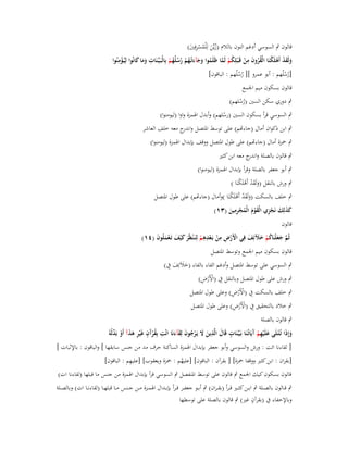 ‫قالوف ٍب السوسي أدغم النوف بالالـ (زيّْن لِْلمسرفُِت)‬
‫ُ َ ُ ِْ َ‬
‫ِْ‬
‫ِ‬
‫ولَقد أَىلَكنَا الْقروف من قَػ ْبلِكم لَما ظَلَموا وجآءتْػهم رسلُهم بِالْبَػيّْػنَات وما كانُوا لِيُػؤمنُوا‬
‫ِ ََ َ‬
‫َ َ ْ ْ ْ ُ ُ َ ْ ُ ْ َّ ُ َ َ َ ُ ْ ُ ُ ُ ْ‬
‫[رسلُهم : أبو عمرو ][ رسلُهم : الباقوف]‬
‫ُْ‬
‫ُُ‬
‫قالوف بسكوف ميم اعبمع‬

‫ٍب دوري سكن السُت (رسلهم)‬
‫ُْ‬

‫ٍب السوسي قرأ بسكوف السُت (رسلهم) وأبدؿ اؽبمزة واوا (ليومنوا)‬
‫ْ‬

‫ٍب ابن ذكواف أماؿ (جاءصم) على توسط اؼبتصل و ج معو خلف العاشر‬
‫اندر‬

‫ٍب ضبزة أماؿ (جاءصم) على طوؿ اؼبتصل ووقف بإبداؿ اؽبمزة (ليومنوا)‬
‫ٍب قالوف بالصلة و ج معو ابن كثَت‬
‫اندر‬
‫ٍب أبو جعفر بالصلة وقرأ بإبداؿ اؽبمزة (ليومنوا)‬
‫ٍب ورش بالنقل (ولَقد أَىلَ ْنَا )‬
‫َ َْ ْ ك‬

‫ٍب خلف بالسكت (ولَقد أَىلَ ْنَا )وأماؿ (جاءصم) على طوؿ اؼبتصل‬
‫َ َْ ْ ك‬
‫ِ‬
‫كذلِك نَجزي الْقوـ الْمجرمين (ٖٔ)‬
‫َ َ َ ْ ِ َْ َ ُ ْ ِ َ‬
‫قالوف‬
‫ثُم جعلْنَاكم خآلئِف فِي األَرض من بَػعدىم لِنَػ ْنظُر ك ْيف تَػعملُوف (ٗٔ)‬
‫ْ ْ ِ ِ ْ ِِْ ْ َ َ َ َْ َ‬
‫َّ َ َ ُ ْ َ َ َ‬
‫قالوف بسكوف ميم اعبمع وتوسط اؼبتصل‬
‫ٍب السوسي على توسط اؼبتصل وأدغم الفاء بالفاء (خلئِف ُِب)‬
‫ََ َ‬
‫ْْ ِ‬
‫ٍب ورش على طوؿ اؼبتصل وبالنقل ُِب (األَرض)‬
‫ْْ ِ‬
‫ٍب خلف بالسكت ُِب (األَرض) وعلى طوؿ اؼبتصل‬
‫ْْ ِ‬
‫ٍب خالد بالتحقيق ُِب (األَرض) وعلى طوؿ اؼبتصل‬

‫ٍب قالوف بالصلة‬

‫ٍ َ ِ َ َ ْ ُ َ ِ َ َ ِ ُ ْ آ ٍ ِ َ َ ْ ّْ‬
‫َ ِْآ‬
‫وإِذَا تُػ ْتػلَى علَْيهم َيَاتُػنَا بَػيّْػنَات قَاؿ الَّذين َل يَػرجوف لقآءنَا ائْت بِقرَف غَْير ىذآ أَو بَدلْوُ‬
‫َ‬
‫[ لقاءنا ائت : ورش والسوسي وأبو جعفر بإبداؿ اؽبمزة الساكنة حرؼ مد من جنس سابقها ] والباقوف : باإلثبات ]‬
‫ِ‬
‫[بقراف : ابن كثَت ووقفا ضبزة] [ بقرآف : الباقوف] [عليهم : ضبزة ويعقوب] [عليهم : الباقوف]‬
‫ُ‬

‫قالوف بسكوف كيك اعبمع ٍب قالوف على توسط اؼبنفصل ٍب السوسي قرأ بإبداؿ اؽبمزة من جنس ما قبلها (لقاءنا ات)‬

‫ٍب قػػالوف بالصػػلة ٍب ابػػن كثػػَت ق ػرأ (بق ػراف) ٍب أبػػو جعفػػر قػػرأ بإبػػداؿ اؽبمػػزة مػػن جػػنس مػػا قبلهػػا (لقاءنػػا ات) وبالصػػلة‬
‫ٍ‬
‫وباإلخفاء ُب (بقرآف غَت) ٍب قالوف بالصلة على توسطها‬

 