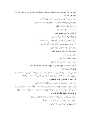 ‫ٍب ورش على طوؿ اؼبتصل وعلى الفتح وعليو قصر البدؿ وطوؿ الصلة قرأ بإبداؿ اؽبمزة من جنس ما قبلها (لقاءنا ات)‬
‫ٍب ورش على طولو البدؿ‬
‫ٍب يعقوب بضم اؽباء ُب (عليهم) على توسط اؼبتصل ُب (لقاءنا ائت)‬
‫ُ‬

‫ٍب ورش تقليل (تتلى) وعليو التوسط ُب البدؿ ٍب ورش على طوؿ البدؿ بالتقليل‬

‫ٍب ضبزة أماؿ (تتلى) وضم ىاء (عليهم)‬
‫ُ‬

‫ثم خلف بالسكت ُب (عليهم آياتنا)‬
‫ُ‬

‫ٍب الكسائي أماؿ (تتلى) وتوسط اؼبتصل‬
‫ْ ّْ ِ ْ َ ِ ْ ِ‬
‫قُل ما يَكوف لِي~ أَف أُبَدلَوُ من تِلقآء نَػفسي‬
‫َْ ُ ُ‬
‫ْ‬
‫[ يل أف : نافع وابن كثَت وأبو عمرو وأبو جعفر] [ يل~ أف : الباقوف]‬
‫َ‬
‫قالوف قرأ بفتح الياء (يل) و ج معو أبو عمرو وابن كثَت وأبو جعفر‬
‫َ اندر‬
‫ٍب ورش بالنقل ُب (أف ابدلو) وقرأ بفتح الياء (يل)‬
‫ُ‬
‫َ‬

‫ٍب ىشاـ بسكوف الياء (يل) على توسط اؼبنفصل‬
‫ْ‬
‫ٍب ضبزة على طوؿ اؼبنفصل‬

‫ٍب خلف بالسكت ُب (أف أبدلو)‬
‫ْ‬
‫ٍب يعقوب على قصر اؼبنفصل بسكوف الياء (يل)‬
‫ْ‬

‫وإذا وصلت باآلية التالية فتح ياء (نفسي إف) نافع وأبو عمرو وأبو جعفر وسكنها الباقوف‬
‫َ‬
‫إِف أَتَّبِع إَِل ما يُوحى~ إِلَي‬
‫َّ‬
‫ْ ُ َّ َ َ‬

‫قالوف على قصر اؼبنفصل ٍب قالوف على توسط اؼبنفصل ٍب خلف أماؿ (يوحى) ٍب الكسائي على توسػط اؼبنفصػل أمػاؿ‬
‫(يوحى) و ج معو خلف العاشر ٍب ورش بالنقل بالفتح ٍب ورش بالتقليل ٍب خلف بالسكت وباإلمالة‬
‫اندر‬
‫َ ُ ْ َ َ ُ َ ََ َ ْ َ ِ ٍ‬
‫إِنّْي~ أَخاؼ إِف عص ْيت ربّْي عذاب يَػوٍـ عظيم (٘ٔ)‬
‫[ إينَ أخاؼ : نافع وابن كثَت وأبو عمرو وأبو جعفر] [ إين~ أخاؼ : الباقوف]‬
‫قالوف قرأ بفتح الياء (إينَ) و ج معو ابن كثػَت وأبػو عمػرو وأبػو جعفػر ٍب ىشػاـ قػرأ بسػكوف اليػاء (إين) وعلػى توسػط‬
‫اندر‬
‫ْ‬
‫اؼبنفصل ٍب ضبزة على طوؿ اؼبنفصل قرأ بسكوف الياء (إين) ٍب يعقوب على قصر اؼبنفصل قرأ بسكوف الياء (إين)‬
‫ْ‬
‫ْ‬
‫َ ُ َ ْ ُ ِ‬
‫قُل لَو شآء اللَّوُ ما تَػلَوتُوُ علَْيكم وّل أَدراكم بِو‬
‫ْ ْ َ َ َ ْ‬
‫َْ َ ْ‬
‫الشاطبية ُب سورة يونس : وقصر وال ىاد خبلف كا وُب القيامة ال األوىل وباغباؿ أوال‬
‫ز‬

‫[ وألدراكم :ابن كثَت خبلف عن البزي ][ وال أدراكم : الباقوف]‬
‫ْ‬
‫قالوف بسكوف ميم اعبمع ٍب دوري أماؿ (أدراكم)‬

 
