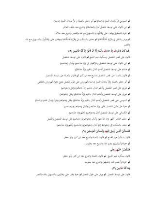 ‫ثم السوسي قرأ بإبداؿ اؽبمزة (باسنا) ثم أبو جعفر بالصلة و قرأ بإبداؿ اؽبمزة (باسنا)‬
‫ثم ابن ذكواف على توسط اؼبتصل أماؿ (فجاءىا) و ج معو خلف العاشر‬
‫اندر‬
‫ثم ضبزة بالتحقيق ووقف على (قَائِلُوف) بالتسهيل مع اؼبد والقصر و ج معو خالد‬
‫اندر‬
‫َ‬

‫ٍ‬
‫ٍ‬
‫ثػػم ورش بالنقػل ُب (قَػ ْريػَػة أَىلَ ْنَاىػػا) ثػػم خلػػف بالسػػكت ُب (قَػ ْريػَػة أَىلَ ْنَاىػػا) ووقػف علػػى (قَػػائِلُوف) بالتسػػهيل مػػع اؼبػػد‬
‫َ‬
‫ْك َ‬
‫ْك َ‬
‫والقصر‬

‫ِ‬
‫فَما كاف دعواىم إِذ جاءىم بَأْسنَا إِّل أَف قَالُوا إِنَّا كنَّا ظَالِمين (٘)‬
‫َ َ َ َ ْ َ ُ ْ ْ َ َ ُ ْ ُ َّ ْ‬
‫ُ‬
‫َ‬

‫قالوف على قصر اؼبنفصل وبسكوف ميم اعبمع ثم قالوف على توسط اؼبنفصل‬
‫ثم ابن ذكواف على توسط اؼبنفصل وباإلظهار ُب (إذ جآءىم) وأماؿ (جاءىم)‬
‫ثم ىشاـ على توسط اؼبنفصل أدغم الذاؿ باعبيم (إِذ جاءَىم)‬
‫ْ َ ُْ‬

‫ثم قالوف بالصلة على قصر اؼبنفصل و ج معو ابن كثَت ثم قالوف بالصلة على توسط اؼبنفصل‬
‫اندر‬
‫ثم أبو جعفر بالصلة وقرأ بإبداؿ اؽبمزة (باسنا) ثم ورش على طوؿ اؼبنصل بفتح دعواه ثم ورش بالتقليل‬
‫ثم دوري على قصر اؼبنفصل وأدغم الذاؿ باعبيم (إِذ جاءَىم) وقلل (دعواىم)‬
‫ْ َ ُْ‬

‫ثم دوري على توسط اؼبنفصل وأدغم الذاؿ باعبيم (إِذ جاءَىم) وقلل (دعواىم)‬
‫ْ َ ُْ‬

‫ثم السوسي على قصر اؼبنفصل وأدغم الذاؿ باعبيم (إِذ جاءَىم) وقلل (دعواىم) وقرأ بإبداؿ اؽبمزة (باسنا)‬
‫ْ َ ُْ‬
‫ثم ضبزة على طوؿ اؼبنفصل أظهر (إذ جآءىم) وأماؿ (دعواىم)و(جاءىم)‬
‫ثم الكسائي على توسط اؼبنفصل أماؿ (دعواىم) وأظهر(إذ جآءىم)‬
‫ثم خلف العاشر أظهر (إذ جآءىم) وأماؿ (دعواىم)و(جاءىم) على توسط اؼبنفصل واؼبتصل‬
‫ثم خلف بالسكت ُب (دعواىم إذ) أماؿ (دعواىم)و(جآءىم) وأظهر(إذ جآءىم)‬
‫ْ‬
‫ِ‬
‫ِ‬
‫فَػلَنَسأَلَن الَّذين أُرسل إِلَيهم ولَنَسأَلَن الْمرسلِين (ٙ)‬
‫ْ َّ َ ْ َ ْ ِ ْ َ ْ َّ ُ ْ َ َ‬
‫قالوف بسكوف ميم اعبمع ثم قالوف بالصلة و ج معو ابن كثَت وأبو جعفر‬
‫اندر‬
‫ثم ضبزة قرأ (إليهم) بضم اؽباء و ج معو يعقوب .‬
‫اندر‬
‫ُ‬
‫ُ َّ َّ َ ِ ْ ِ ٍ‬
‫فَػلَنَػقصن علَْيهم بِعلْم‬
‫قالوف بسكوف ميم اعبمع ثم قالوف بالصلة و ج معو ابن كثَت وأبو جعفر‬
‫اندر‬
‫ثم ضبزة قرأ بضم اؽباء (عليهم) و ج معو يعقوب‬
‫ُ اندر‬
‫وما كنَّا غَآئِبِين (ٚ)‬
‫ََ ُ‬
‫َ‬
‫قالوف على توسط اؼبتصل ثم ورش على طوؿ اؼبتصل ثم ضبزة وقف على (غائبُت) بالتسهيل باؼبد والقصر‬

 