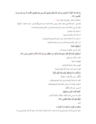 ‫ِ َ ِ‬
‫َ َ َ ُ َُ ْ ْ ِ ُ ِ ِ ِ‬
‫وما كاف ىذا الْقرآف أَف يُػفتَػرى من دوف اللَّو ولَكن تَصديق الَّذي بَػ ْين يَديْو وتَػفصيل الْكتَاب َل ريْب فِيو مػن رب‬
‫َ َ ِ َ ْ ِ َ ِ ِ َ َ َ ِ ِ ْ َ ّْ‬
‫َ ْ ْ‬
‫َ‬
‫َ ْ‬
‫ََ‬
‫ْ‬
‫ِ‬
‫الْعالَمين (ٖٚ)‬
‫َ َ‬
‫الشاطبية ُب البقرة : ونقل قراف والقراف دواؤنا ...‬
‫[ تصديق : ضبزة والكسائي وخلف العاشر ورويس بإمشاـ الصاد صوت الزاي ][ تصديق : بصاد خالصة : الباقوف]‬
‫قالوف ٍب رويس إمشاـ الصاد صوت الزاي (تصديق) ٍب ورش بالتقليل (يفًتى) وجها واحدا‬
‫ٍب بصري أماؿ (يفًتى)‬
‫ٍب خالد أماؿ وإمشاـ (تصديق)‬
‫ٍب خلف بال غنة وإمشاـ الصاد صوت الزاي (تصديق) وأماؿ(يفًتى)‬
‫ٍب ابن كثَت (القراف) وصلة اؽباء ُب (يديو ) وبصلة اؽباء(فيو)‬
‫أَـ يَػقولُوف افْػتَػراهُ‬
‫ْ ُ َ َ‬
‫قالوف ٍب ورش بالتقليل ٍب بصري أماؿ‬
‫ِ‬
‫ِ ُ ِ ِ‬
‫ِ ِ‬
‫أَـ يَػقولُوف افْػتَػراهُ قُل فَأْتُوا بِسورةٍ مثْلِو وادعوا من استَطَعتُم من دوف اللَّو إِف ك ْنتُم صادقِين) (يونس:ٖٛ)‬
‫َ ُْ َِ ْ ْ ْ ْ‬
‫ُْ ْ َ َ‬
‫ُ َ‬
‫ْ ُ َ َ ْ‬
‫قالوف بسكوف ميم اعبمع‬
‫ثم قالوف بالصلة‬
‫ثم ورش وأبدؿ اؽبمزة ألفا (فاتوا)‬
‫ثم أبو جعفر وأبدؿ اؽبمزة ألفا (فاتوا) وبالصلة‬
‫ِ‬
‫ِ ِ ِ َ َّ ِ ْ ِ‬
‫بَل كذبُوا بِما لَم يُحيطُوا بِعلْمو ولَما يَأْتِهم تَأْويلُوُ‬
‫ْ َ َّ َ ْ‬
‫ِ‬
‫َ[يأْصُم : رويس ] [ يأصِم : الباقوف]‬

‫قالوف ٍب ضبزة قرأ (تاويلو) ٍب ورش وقرأ (تاويلو)و(يَ ِِم )‬
‫اص ْ‬
‫ٍب قالوف بالصلة ٍب أبو جعفر بالصلة وقرأ (تاويلو)و(يَ ِِم )‬
‫اص ْ‬
‫ِ‬
‫ٍب رويس بضم اؽباء (يَأْصُم)‬
‫ْ‬
‫ِ ِ‬
‫كذلِك كذب الَّذين من قَػ ْبلِهم‬
‫َ َ َ َ َّ َ‬
‫َ ْ ِْ‬
‫قالوف ٍب السوسي أدغم الكاؼ بالكاؼ (كذلِك كذب)‬
‫َ َ َ َ َّ َ‬
‫ِ‬
‫فَانْظُر ك ْيف كاف عاقِبَةُ الظَّالِمين (ٜٖ)‬
‫ْ َ َ َ َ َ‬
‫َ‬
‫قالوف‬
‫ِ ِ ِ‬
‫ِ‬
‫َ ِْ ِ‬
‫وم ْنػهم من يُػؤمن بِو وم ْنػهم من َل يُػؤمن بِو‬
‫َ ُْ َْ ْ ُ َ ُْ َْ‬
‫ُ‬
‫قالوف ٍب ورش قرأ أبدؿ اؽبمزة (يومن) معا ٍب خلف بال غنة ٍب قالوف بالصلة ٍب أبو جعفر قرأ أبدؿ اؽبمزة (يومن) معا‬

 