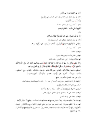 ‫ِ‬
‫ْْ ِ‬
‫لَوُ ما فِي السماوات وما فِي األَرض‬
‫َّ َ َ َ َ‬
‫َ‬
‫قالوف ثم ورش بالنقل على (األرض) ثم خلف بالسكت على (األرض)‬
‫إِف ع ْندكم من سلطَاف بِهذا‬
‫ْ ِ َُ ْ ِ ْ ُْ ٍ َ َ‬
‫قالوف بسكوف ميم اعبمع ثم قالوف بالصلة‬
‫أَتَػقولُوف علَى اللَّو ما َل تَػعلَموف (ٛٙ)‬
‫َِ َ ْ ُ َ‬
‫ُ َ َ‬
‫قالوف‬
‫قُل إِف الَّذين يَػفتَػروف علَى اللَّو الْكذب َل يُػفلِحوف (ٜٙ)‬
‫ِ َِ َ َ ْ ُ َ‬
‫ْ َّ ِ َ ْ ُ َ َ‬
‫ْ َّ‬
‫ْ َّ‬
‫قالوف ثم ورش بالنقل(قُل إِف) ثم خلف بالسكت (قُل إِف)‬
‫متَا ٌ فِي الدنْػيَا ثُم إِلَْيػنَا مرجعهم ثُم نُذيقهم الْعذاب الشديد بِما كانُوا يَكفروف (ٓٚ)‬
‫َع‬
‫َ ْ ِ ُ ُ ْ َّ ِ ُ ُ ُ َ َ َ َّ ِ َ َ َ‬
‫ْ ُُ َ‬
‫ُّ َّ‬
‫قالوف بسكوف ميم اعبمع‬
‫ثم قالوف بالصلة‬
‫ثم ورش بتقليل (الدنيا) و ج معو البصري‬
‫اندر‬
‫ثم ضبزة أماؿ (الدنيا) و ج معو الكسائي وخلف العاشر‬
‫اندر‬
‫َْ ََ َ ُ َِ ذ ِ آ ِ ِ‬
‫ٍ ْ َ َ ِِ‬
‫واتْػػل علَػػيهم نَػبَػأَ نُػػوح إِذ قَػػاؿ لِقومػو يَػػا قَ ػػوِـ إِف كػػاف كبُ ػػر علَػػيكم مقػػامي وتَػ ْكِيري بَِيَػػات اللَّػػو فَػعلَػػى اللَّػػو تَػ َكلػػت‬
‫ِ وَّ ْ ُ‬
‫َ‬
‫َ ْ َْ‬
‫ْ‬
‫ْ‬
‫َ ُ َ ِْ ْ‬
‫َ‬
‫رُ ُ رَ ُ َّ َ ُ رُ َ ُ َّ َّ ُ َّ َ ِ ِ‬
‫ِ‬
‫فَأَجمعوآ أَم َكم وش َكآءكم ثُم َل يَكن أَم ُكم علَْيكم غُمةً ثُم اقْضوآ إِلَي وَل تُػ ْنظروف (ٔٚ)‬
‫ْ‬
‫ْ ْ ْ‬
‫ْ ُ ْ َْ َ ْ‬
‫َ‬
‫ُ‬
‫ُ ػرَ ُ ػ ِ ِ‬
‫ػِ ِ‬
‫[علػػيهم ..فػػاصبعوا.. وشػ كاءُكم .. تُْنظػػروين: رويػػس] [ علػػيهم ..فػػأصبعوا ..وشػ كاءُكم ..تُْنظػػروين: روح] [ علػػيهم ..‬
‫ُ‬
‫ُ‬
‫ُ‬
‫َ َ ْ‬
‫َ ُ ػرَ ُ ْ‬
‫ُ‬
‫ُ‬
‫َ‬
‫ِ‬
‫فأصبعوا .. وشكاءكم .. تُػْنظروف : ضبزة ] [عليهم .. فأصبعوا .. وشكاءكم .. تُػْنظر ِ‬
‫ِ ِ‬
‫ِ‬
‫ُوف: الباقوف]‬
‫َ ُ رَ َ ُ ْ‬
‫َ ُ رَ َ ُ ْ‬
‫ُ‬
‫َ‬
‫َ‬
‫قالوف على قصر اؼبنفصل وسكوف ميم اعبمع‬

‫ٍب قالوف على توسط اؼبنفصل و ج معو والدوري أيب عمرو وابن عامر وعاصم والكسائي وخلف العاشر‬
‫اندر‬
‫َ َ ِِ‬
‫ٍب السوسي أدغم الالـ بالالـ (قَاؿ لِقومو)‬
‫ْ‬
‫ِ‬
‫ثم ورش بالنقل ُب (نُوح إِذ) و(يَكن أَمكم) مع (ٖ) البدؿ ُب (بِآَيَات)‬
‫ٍ ْ‬
‫ُ ْ ْ رُ ْ‬
‫ُ‬
‫ثم قالوف بالصلة على قصر اؼبنفصل و ج معو ابن كثَت وأبو جعفر‬
‫اندر‬
‫ثم قالوف بالصلة على توسط اؼبنفصل‬
‫ثم خلف قرأ (عليهم) بضم اؽباء وطوؿ اؼبنفصل و ج معو خالد ثم خلف بالسكت ُب (نُوح إِذ) و(يَكن أَمكم)‬
‫اندر‬
‫ٍ ْ‬
‫ُ‬
‫ُ ْ ْ رُ ْ‬
‫ُ‬

‫ثم رويس قرأ (عليهم) بضم اؽباء وقصر اؼبنفصل وقرأ ّٔمزة وصل وفتح اؼبيم ُب (فَاصبَعوا) ورفع (وشكاءُكم) و بالياء ُب‬
‫ُْ‬
‫ُ‬
‫َ ُ رَ ُ ْ‬
‫َ‬
‫(تُْنظروين) ٍب روح قرأ خلف قرأ (علػيهم) بضػم اؽبػاء وقصػر اؼبنفصػل وقػرأ ّٔمػزة قطػع ُب (فَػأ ِْ‬
‫ػِ ِ‬
‫َصبعوا) ورفػع (وش كاءُكم) و‬
‫ُ‬
‫ُ‬
‫َ ُ ػرَ ُ ْ‬
‫ُ‬
‫َ‬
‫ِ‬
‫بالياء ُب (تُػْنظر ِ‬
‫ُوين)‬

 