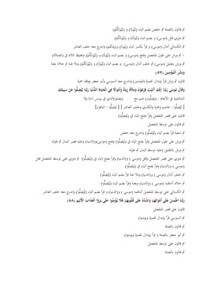 ‫ٍب قالوف بالصلة ٍب حفص بضم الباء (بػُيُوتًا) و (بػُيُوتَكم)‬
‫ُْ‬
‫ٍب دوري قلل (موسى) و بضم الباء (بػُيُوتًا) و (بػُيُوتَكم)‬
‫ُْ‬

‫ٍب الكسائي أماؿ (موسى) و قرأ بكسر الباء (بِيُوتا) و(بِيُتكم) و ج معو خلف العاشر‬
‫اندر‬

‫ ٍب ورش على طوؿ اؼبنفصل وفتح (موسى) و بضم الباء (بػُيُوتًا) و (بػُيُوتَكم) وتغليظ الالـ ُب (الصالة)‬‫ُْ‬

‫ٍب ورش بتقليل (موسى) ٍب خلف أماؿ (موسى) و بضم الباء (بػُيُوتًا) و (بػُيُوتَكم) وبال غنة ٍب خالد بغنة‬
‫ُْ‬
‫ِ‬
‫وبَشر الْمؤمنِين (ٚٛ)‬
‫َ ّْ ِ ُ ْ َ‬
‫قالوف ٍب ورش قرأ بإبداؿ اؽبمزة (اؼبومنُت) و ج معو السوسي وأبو جعفر ووقفا ضبزة‬
‫اندر‬
‫وقَاؿ موسى ربَّنَآ إِنَّك آتَػ ْيت فِرعوف ومؤلَهُ زينَةً وأَمواَل فِي الْحيَاةِ الدنْػيَا ربَّنَا لِيُضلُّوا عن سبِيلِك‬
‫َ َ ُ َ َ ػ َ َ َ ْ َْ َ َََ ِ َ ْ َ ً‬
‫ُّ َ ػ ِ َ ْ َ َ‬
‫َ‬
‫ِ‬
‫(يضلوا)الذي ُب يونس ثابتا وال‬
‫الشاطبية ُب األنعاـ : (يَضلُّوف) ضم مع‬
‫ِ‬
‫ِ‬
‫[ ليُضلُّوا : عاصم وضبزة والكاءي وخلف العاشر ] [ ليَضلُّوا : الباقوف]‬
‫ِ‬
‫قالوف على قصر اؼبنفصل وقرأ بفتح الياء ُب (لِيَضلُّوا)‬
‫ٍب قالوف على توسط اؼبنفصل‬
‫ٍب شعبة قرأ بضم الياء (لِيُضلُّوا) و ج معو حفص‬
‫ِ اندر‬
‫ِ‬
‫ٍب ورش على طوؿ اؼبنفصل وقرأ بفتح الياء ُب (لِيَضلُّوا) وفتح (موسى)و(الدنيا) وعليو قصر البدؿ ٍب طولو‬
‫ٍب ورش بالتقليل وعليو توسط البدؿ ٍب طولو‬

‫ِ‬
‫ٍب دوري على قصر اؼبنفصل وقلل (موسى ) و(الدنيا) وقرأ بفتح الياء ُب (لِيَضػلُّوا) ٍب دوري علػى توسػط اؼبنفصػل قلػل‬
‫ِ‬
‫(موسى ) و(الدنيا) وقرأ بفتح الياء ُب (لِيَضلُّوا)‬
‫ِ‬
‫ٍب خلف أماؿ (موسى ) و(الدنيا) وبال غنة قرأ بضم الياء (لِيُضلُّوا)‬
‫ِ‬
‫ٍب خالد أماؽبما (موسى ) و(الدنيا) وبغنة وقرأ بضم الياء (لِيُضلُّوا)‬
‫ٍب الكسائي على توسط اؼبنفصل أماؽبما (موسى ) و(الدنيا) و قرأ بضم الياء (لِيُضلُّوا) و ج معو خلف العاشر‬
‫ِ اندر‬
‫ِ َ ِْ‬
‫ربَّنَا اطْمس علَى أَموالِهم واشدد علَى قُػلُوبِهم فََل يُػؤمنُوا حتَّى يَػروا الْعذاب األَلِيم (ٛٛ)‬
‫َػ ِ ْ َ َْ ِ ْ َ ْ ُ ْ َ‬
‫ْ‬
‫َ َُ َ َ َ ْ َ‬
‫قالوف على قصر اؼبنفصل‬

‫ٍب السوسي قرأ بإبداؿ اؽبمزة (يومنوا)‬
‫ٍب قالوف بالصلة‬
‫ٍب أبو جعفر بالصلة و قرأ بإبداؿ اؽبمزة (يومنوا)‬
‫ٍب قالوف على توسط اؼبنفصل‬
‫ٍب قالوف بالصلة‬

 