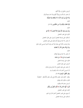 ‫ٍب ورش بالنقل ُب (وأَف أَقِم)‬
‫َْ ْ‬
‫ٍب خلف بالسكت ُب (وأَف أَقِم) وبال غنة (حنيفاً وال)‬
‫َْ ْ‬
‫وَل تَدع من دوف اللَّو ما َل يَػ ْنػفعك وَل يَضرؾ‬
‫َ َ ْ ُ ِ ْ ُ ِ ِ َ َ َ ُ َ َ َ ُ ُّ َ‬
‫قالوف‬

‫َ َ ِ‬
‫ِ‬
‫فَِإف فَػعلْت فَِإنَّك إِذًا من الظَّالِمين (ٙٓٔ)‬
‫ْ َ‬
‫َ‬
‫َ‬

‫قالوف‬

‫وإِف يَمسسك اللَّوُ بِضر فََل كاشف لَوُ~ إَِل ىو‬
‫ُ ٍّ َ َ ِ َ‬
‫َ ْ َْْ َ‬
‫َّ ُ َ‬
‫قالوف على قصر اؼبنفصل‬
‫ٍب قالوف على توسط اؼبنفصل ٍب ورش على طوؿ اؼبنفصل‬
‫ٍب خلف بال غنة ُب (وإِف َْسسك) على طوؿ اؼبنفصل‬
‫َ ْ دي َ ْ َ‬

‫وإذا وصلت باآلية اليت بعدىا (إال ىو وإف) أدغم السوسي الواو بالواو‬
‫ْ ِ ْ َ َ ٍ َ َّ َ ْ ِ‬
‫وإِف يُردؾ بِخ ْير فََل رآد لِفضلِو‬
‫َ‬
‫َ‬
‫قالوف‬
‫ٍب خلف بال غنة ُب (وإِف يُردؾ)‬
‫َ ْ ِْ َ‬
‫يصيب بِو من يشآء من عبادهِ‬
‫َ ِ ِ ِ‬
‫ِ‬
‫ِ‬
‫ُ ُ َْ َ ُ ْ َ‬
‫قالوف على توسط اؼبتصل‬
‫ٍب ورش على طوؿ اؼبتصل‬
‫ٍب خلف على طوؿ اؼبتصل بال غنة ُب (من يَشاءُ)‬
‫َْ َ‬
‫ِ ِ‬
‫ٍب السوسي أدغم الباء بالباء (يُصيب بِو)‬
‫ُ‬
‫ِ‬
‫وىو الْغَفور الرحيم (ٚٓٔ)‬
‫َ ُ َ ُ ُ َّ ُ‬
‫(وىو : قالوف وأبو جعفر والكسائي وأبو جعفر ] [ وىو : الباقوف]‬
‫ْ‬
‫ُ‬
‫قالوف بسكوف اؽباء (وىو)‬
‫ْ‬
‫ٍب ورش بضم اؽباء (وىو)‬
‫ُ‬

‫ِ‬
‫قُل يَآ أَيُّػها النَّاس قَد جآءكم الْحق من ربّْكم‬
‫َ‬
‫ُ ْ َ َ ُ ُ َ ُّ ْ َ ُ ْ‬
‫ْ‬
‫قالوف على قصر اؼبنفصل‬
‫ٍب دوري على قصر اؼبنفصل أدغم الداؿ ُب اعبيم‬
‫ٍب قالوف على توسط اؼبنفصل‬

 