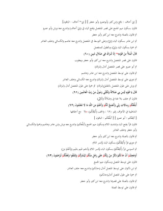 ‫[ إينَ أخاؼ : نافع وابن كثَت وأبوعمرو وأبو جعفر ] [ إين~ أخاؼ : الباقوف]‬

‫قالوف بسكوف ميم اعبمع على قصر اؼبنفصل وفتح الياء ُب (إينَ أخاؼ) و ج معو ورش وأبو عمرو‬
‫اندر‬
‫ٍب قالوف بالصلة و ج معو ابن كثَت وأبو جعفر‬
‫اندر‬

‫ٍب ابن عامر بسكوف الياء (إين) وعلى التوسط ُب اؼبنفصل و ج معو عاصم والكسائي وخلف العاشر‬
‫اندر‬
‫ْ‬

‫ٍب ضبزة بسكوف الياء (إين) وبالطوؿ للمنفصل‬
‫ْ‬
‫َ َ ِ ِِ‬
‫ََ ٍ ُ ٍ‬
‫قَاؿ الْمؤلُ من قَػومو~ إِنَّا لَنَػراؾ فِي ضَلؿ مبِين (ٓٙ)‬
‫ََ‬
‫َ ْ ْ‬
‫قالوف على قصر اؼبنفصل و ج معو ابن كثَت وأبو جعفر ويعقوب‬
‫اندر‬
‫ٍب أبو عمرو على قصر اؼبنفصل أماؿ (لنراؾ)‬
‫ٍب قالوف على توسط اؼبنفصل و ج معو ابن عامر وعاصم‬
‫اندر‬

‫ٍب دوري على توسط اؼبنفصل أماؿ (لنراؾ) و ج معو الكسائي وخلف العاشر‬
‫اندر‬
‫ٍب ورش على طوؿ اؼبنفصل بالتقليل(لنراؾ) ٍب ضبزة على طوؿ اؼبنفصل أماؿ (لنراؾ)‬
‫ِ‬
‫ََ ة ِ‬
‫ِ‬
‫قَاؿ يَا قَػوِـ لَيس بِي ضَللَ ٌ ولَكنّْي رسوؿ من رب الْعالَمين (ٔٙ)‬
‫َ ُ ٌ ْ َ ّْ َ َ‬
‫َ‬
‫َ ْ ْ َ‬
‫قالوف ٍب خلف بال غنة ُب (ضاللَ ٌ ولَكٍت)‬
‫َ َ ة َ ِ ّْ‬
‫أُبَػلّْغُكم رساَلت ربّْي وأَنْصح لَكم وأَعلَم من اللَّو ما َل تَػعلَموف (ٕٙ)‬
‫ُ ْ َِ َ ِ َ َ َ ُ ُ ْ َ ْ ُ ِ َ ِ َ َ ْ ُ َ‬
‫الشاطبية ُب األعراؼ رقم ٜٓٙ : واػبف (أُبْلِغُكم) حال مع أحقافها‬
‫ُ‬
‫[ أبْلِغُكم : أبو عمرو ] [ أبػَلّْغُكم : الباقوف ]‬
‫قالوف قرأ بفتح الباء وتشديد الالـ وسكوف ميم اعبمع (أبػَلّْغكم) و ج معو ورش وابن عامر وعاصم وضبػزة والكسػائي‬
‫اندر‬
‫وأبو جعفر وخلف العاشر‬
‫ٍب قالوف بالصلة و ج معو ابن كثَت وأبو جعفر‬
‫اندر‬
‫ٍب دوري قرأ (أُبْلِغُكم) بسكوف الباء كسر الالـ‬
‫و‬
‫ُْ‬
‫ِ‬
‫ٍب السوسي قرأ (أُبْلِغُكم) بسكوف الباء كسر الالـ وأدغم اؼبيم باؼبيم (وأَعلَم من)‬
‫و‬
‫ُْ‬
‫َُْ َ‬
‫أَوعج ْبتُم أَف جآءكم ذكر من ربّْكم علَى رجل م ْنكم لِيُػ ْنذ كم ولِتَتَّػقوا ولَعلَّكم تُػرحموف (ٖٙ)‬
‫َ َ ِ ْ ْ َ َ ُ ْ ِ ْ ٌ ِ ْ َ ُ ْ َ َ ُ ٍ ِ ُ ْ ِ رُ ْ َ ُ َ َ ُ ْ ْ َ ُ َ‬
‫َ‬
‫قالوف على توسط اؼبتصل وبسكوف ميم اعبمع‬
‫ٍب ابن ذكواف على توسط اؼبتصل أماؿ (جاءكم) و ج معو خلف العاشر‬
‫اندر‬
‫ٍب ضبزة على طوؿ اؼبتصل أماؿ(جاءكم)‬
‫ٍب قالوف بالصلة على قصرىا و ج معو ابن كثَت وأبو جعفر‬
‫اندر‬
‫ٍب قالوف على توسط الصلة‬

 