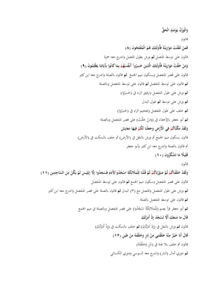 ‫َ َ ْ ُ ْ َ ٍ َ ُّ‬
‫والْوزف يَػومئِذ الْحق‬
‫قالوف‬

‫َ ْ ُ ْ ََ ِ‬
‫فَمن ثَػقلَت موازينُوُ فَأُولَئِك ىم الْمفلِحوف (ٛ)‬
‫َ ُ ُ ُْ ُ َ‬

‫قالوف على توسط اؼبتصل ثم ورش بطوؿ اؼبتصل و ج معو ضبزة‬
‫اندر‬
‫َ َ ْ َ َّ ْ َ َ ِ‬
‫ومن خفت موازينُوُ فَأُولَئِك الَّذين خسروآ أَنْػفسهم بِما كانُوا بَِيَاتِنَا يَظْلِموف (ٜ)‬
‫َ ِ َ َ ِ ُ ُ َُ ْ َ َ آ‬
‫ُ َ‬
‫قالوف على قصر اؼبنفصل وبسكوف ميم اعبمع ثم قالوف بالصلة و ج معو ابن كثَت‬
‫اندر‬
‫ثم قالوف على توسط اؼبنفصل ثم قالوف على توسط اؼبنفصل وبالصلة‬
‫ِ‬
‫ثم ورش على طوؿ اؼبنفصل وترقيق الراء ُب (خسروا)‬
‫َ ُ‬
‫ثم ورش على توسط ثم طوؿ البدؿ‬
‫ِ‬
‫ثم خلف على طوؿ اؼبنفصل وتفخيم الراء ُب (خسروا)‬
‫َ ُ‬
‫ثم أبو جعفر باإلخفاء ُب (ومن خ َّت) على قصر اؼبنفصل وبالصلة‬
‫َ َ ْ َف ْ‬
‫ولَقد مكنَّاكم فِي األَرض وجعلْنَا لَكم فِيها معايِش‬
‫ْ ْ ِ َ ََ ُ ْ َ ََ َ‬
‫َ َ ْ َ َّ ُ ْ‬
‫قالوف بسكوف ميم اعبمع ٍب ورش بالنقل ُب (األرض) ٍب خلف بالسكت ُب (األرض)‬
‫ٍب قالوف بالصلة و ج معو ابن كثَت وأبو جعفر‬
‫اندر‬
‫قَلِيَل ما تَشكروف (ٓٔ)‬
‫ً َ ْ ُُ َ‬
‫قالوف‬
‫ُ ِ َّ ِ ِ‬
‫َ َ َ ِ ْ ُ ُ ِ َ َ َ َ ُ َّ‬
‫ولَقد خلَقنَاكم ثُم صورنَاكم ثُم قُػلْنَا لِلْمَلئِكة اسجدوآّلَدـ فَسجدوا إَِل إِبْلِيس لَم يَكن من الساجدين (ٔٔ)‬
‫َ َ ْ َ ْ ُ ْ َّ َ َّ ْ ُ ْ َّ‬
‫َ‬
‫َ ْ ْ َ‬
‫قالوف على قصر اؼبنفصل وسكوف ميم اعبمع ثم قالوف على توسط اؼبنفصل‬
‫ثم ورش على طوؿ اؼبنفصل واؼبتصل مع (ٖ) البدؿ ثم قالوف بالصلة على قصر اؼبنفصل و ج معو ابن كثَت‬
‫اندر‬
‫ثم قالوف على توسط اؼبنفصل بالصلة‬
‫ثم أبو جعفر قرأ بضم (لِْلمالئِكةُ اسجدوا) على قصر اؼبنفصل وبالصلة ُب ميم اعبمع‬
‫ََ َ ْ ُُ‬
‫قَاؿ ما منَػعك أََل تَسجد إِذ أَمرتُك‬
‫َ َ َ َ َ َّ ْ ُ َ ْ َ ْ َ‬

‫قالوف ثم ورش بالنقل ُب (إِذ اَم ْرتُك) ثم خلف بالسكت ُب (إِذ أَم ْرتُك)‬
‫ْ َ َ‬
‫َ َ َ‬
‫َ َ ٌ ِ َ ْ ِْ ٍ ََ ْ ِْ ِ ٍ‬
‫قَاؿ أَنَا خ ْيػر م ْنوُ خلَقتَنِي من نَار وخلَقتَوُ من طين (ٕٔ)‬
‫قالوف ٍب خلف بال غنة ُب (نَار وخلَقتَوُ)‬
‫ٍ ََ ْ‬
‫ثم دوري أماؿ (النار) و ج معو السوسي ودوري الكسائي‬
‫اندر‬

 