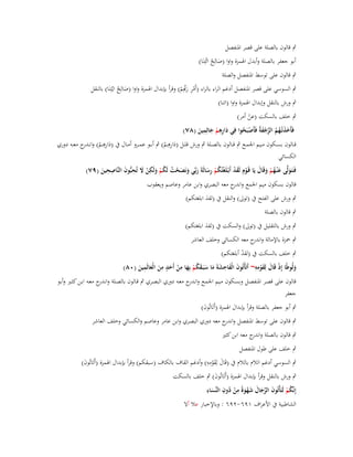 ‫ٍب قالوف بالصلة على قصر اؼبنفصل‬

‫أبو جعفر بالصلة وأبدؿ اؽبمزة واوا (صالِح ائْتِنَا)‬
‫َ ُ‬
‫ٍب قالوف على توسط اؼبنفصل والصلة‬

‫ٍب السوسي على قصر اؼبنفصل أدغم الراء بالراء (أَمر رِّٔم) وقرأ بإبداؿ اؽبمزة واوا (صالِح ايُتِنَا) بالنقل‬
‫َ ُ‬
‫ْ ِ َ ّْ ْ‬
‫ٍب ورش بالنقل وإبداؿ اؽبمزة واوا (اتنا)‬

‫ٍب خلف بالسكت (عن أمر)‬
‫ْ‬

‫ِ‬
‫ِ‬
‫فَأَخذتْػهم الرجفةُ فَأَصبَحوا فِي دارىم جاثِمين (ٛٚ)‬
‫َ َ ُ ُ َّ ْ َ ْ ُ‬
‫َِ ْ َ َ‬

‫ِِ‬
‫قػػالوف بسػػكوف مػػيم اعبمػػع ٍب قػػالوف بالصػػلة ٍب ورش قلػػل (دارىػػم) ٍب أبػػو عمػػرو أمػػاؿ ُب (دارىػػم) وانػ ج معػػو دوري‬
‫َ ِِ ْ ػدر‬
‫َ ْ‬
‫الكسائي‬
‫ُ ُ ِ َ ِ َ ِِ‬
‫فَػتَػولَّى ع ْنػهم وقَاؿ يَا قَػوِـ لَقد أَبْػلَغتُكم رسالَةَ ربّْي ونَصحت لَكم ولَكن َل تُحبُّوف النَّاصحين (ٜٚ)‬
‫َ َ ُ ْ َ َ ْ َْ ْ ُ ْ َِ َ َ َ ْ‬
‫َْ ْ‬
‫َ‬
‫قالوف بسكوف ميم اعبمع و ج معو البصري وابن عامر وعاصم ويعقوب‬
‫اندر‬
‫ٍب ورش على الفتح ُب (توىل) والنقل ُب (لقد ابلغتكم)‬
‫َ‬
‫ٍب قالوف بالصلة‬

‫ٍب ورش بالتقليل ُب (توىل) والسكت ُب (لقد ابلغتكم)‬
‫َ‬

‫ٍب ضبزة باإلمالة و ج معو الكسائي وخلف العاشر‬
‫اندر‬

‫ٍب خلف بالسكت ُب (لقد أبلغتكم)‬
‫ْ‬
‫ٍِ‬
‫ِ‬
‫ِ‬
‫ْ َ َ ِِ‬
‫ِ‬
‫ولُوطًا إِذ قَاؿ لِقومو~ أَتَأْتُوف الْفاحشةَ ما سبَػقكم بِها من أَحد من الْعالَمين (ٓٛ)‬
‫ْ‬
‫َ َ َ َ َ َُْ َ ْ َ َ َ َ‬
‫َ‬
‫قالوف على قصػر اؼبنفصػل وبسػكوف مػيم اعبمػع وان ج معػو دوري البصػري ٍب قػالوف بالصػلة وان ج معػو ابػن كثػَت وأبػو‬
‫ػدر‬
‫ػدر‬
‫جعفر‬
‫ٍب أبو جعفر بالصلة وقرأ بإبداؿ اؽبمزة (أَتَاتُوف)‬
‫َ‬
‫ٍب قالوف على توسط اؼبنفصل و ج معو دوري البصري وابن عامر وعاصم والكسائي وخلف العاشر‬
‫اندر‬
‫ٍب قالوف بالصلة و ج معو ابن كثَت‬
‫اندر‬
‫ٍب خلف على طوؿ اؼبنفصل‬

‫َ َ ِِ‬
‫ٍب السوسي أدغم الالـ بالالـ ُب (قَاؿ لِقومو) وأدغم القاؼ بالكاؼ (سبقكم) وقرأ بإبداؿ اؽبمزة (أَتَاتُوف)‬
‫َ‬
‫ْ‬

‫ٍب ورش بالنقل وقرأ بإبداؿ اؽبمزة (أَتَاتُوف) ٍب خلف بالسكت‬
‫َ‬
‫ِ‬
‫َ ّْ َ َ ْ ِ ُ ِ‬
‫إِنَّكم لَتَأْتُوف الرجاؿ شهوةً من دوف النّْساء‬
‫َ ْ‬
‫َ‬
‫ُْ‬
‫َ‬
‫الشاطبية ُب األعراؼ ٜٔٙ-ٕٜٙ : وباإلخبار عال أال‬

 