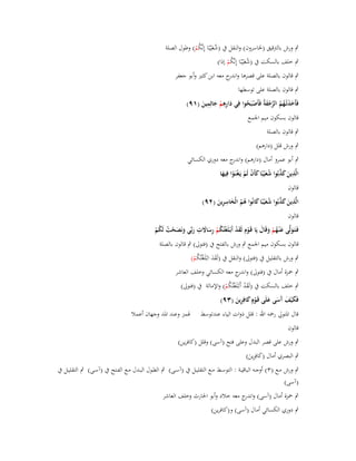 ‫ٍب ورش بالًتقيق (ػباسروف) والنقل ُب (شعْيبًا إِنَّكم) وطوؿ الصلة‬
‫َُ ُ ْ‬

‫ٍب خلف بالسكت ُب (شعْيبًا إِنَّكم إذا)‬
‫َُ ُ ْ‬

‫ٍب قالوف بالصلة على قصرىا و ج معو ابن كثَت وأبو جعفر‬
‫اندر‬

‫ٍب قالوف بالصلة على توسطها‬
‫ِ‬
‫ِ‬
‫فَأَخذتْػهم الرجفةُ فَأَصبَحوا فِي دارىم جاثِمين (ٜٔ)‬
‫َ َ ُ ُ َّ ْ َ ْ ُ‬
‫َِ ْ َ َ‬
‫قالوف بسكوف ميم اعبمع‬
‫ٍب قالوف بالصلة‬
‫ٍب ورش قلل (دارىم)‬
‫ٍب أبو عمرو أماؿ (دارىم) و ج معو دوري الكسائي‬
‫اندر‬
‫ِ‬
‫الَّذين كذبُوا شع ْيبًا كأَف لَم يَػغنَػوا فِيها‬
‫َ َ َّ ُ َ َ ْ ْ ْ ْ َ‬
‫قالوف‬
‫ِ‬
‫ِ‬
‫الَّذين كذبُوا شع ْيبًا كانُوا ىم الْخاسرين (ٕٜ)‬
‫َ َ َّ ُ َ َ ُ ُ َ ِ َ‬
‫قالوف‬
‫ِ‬
‫فَػتَػولَّى ع ْنػهم وقَاؿ يَا قَػوِـ لَقد أَبْػلَغتُكم رساَلت ربّْي ونَصحت لَكم‬
‫َ َ ُ ْ َ َ ْ َْ ْ ُ ْ َِ َ َ َ َ ْ ُ ُ ْ‬
‫قالوف بسكوف ميم اعبمع ٍب ورش بالفتح ُب (فتوىل) ٍب قالوف بالصلة‬
‫ٍب ورش بالتقليل ُب (فتوىل) والنقل ُب (لَقد ابْػلَغتُكم)‬
‫ََ ْ ُ ْ‬

‫ٍب ضبزة أماؿ ُب (فتوىل) و ج معو الكسائي وخلف العاشر‬
‫اندر‬
‫ٍب خلف بالسكت ُب (لَقد أَبْػلَغتُكم) واإلمالة ُب (فتوىل)‬
‫َْ ْ ُ ْ‬
‫فَك ْيف َسى علَى قَػوٍـ كافِرين (ٖٜ)‬
‫َ َ آَ َ ْ َ ِ َ‬
‫قاؿ اؼبتويل رضبو اهلل : قلل ذوات الياء عندتوسط‬

‫ؽبمز وعند اؼبد وجهاف أعمال‬

‫قالوف‬
‫ٍب ورش على قصر البدؿ وعلى فتح (آسى) وقلل (كافرين)‬
‫ٍب البصري أماؿ (كافِرين)‬
‫َ َِ‬
‫ٍب ورش مػػع (ٖ) أوجػػو الباقيػػة : التوسػػط مػػع التقليػػل ُب (آسػػى) ٍب الطػػوؿ البػػدؿ مػػع الفػػتح ُب (آسػػى) ٍب التقليػػل ُب‬
‫(آسى)‬
‫ٍب ضبزة أماؿ (آسى) و ج معو خالد وأبو اغبارث وخلف العاشر‬
‫اندر‬
‫ٍب دوري الكسائي أماؿ (آسى) و(كافرين)‬

 