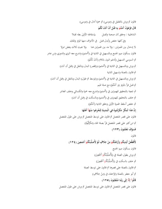 ‫قالوف ٍب ورش بالتقليل ُب (موسى) ٍب ضبزة أماؿ ُب (موسى)‬
‫ِ‬
‫قَاؿ فِرعوف َم ْنتُم بِو قَػ ْبل أَف آذَف لَكم‬
‫َ ْ َ َ ُْ‬
‫َ ْ َْ ُ آَ ْ‬
‫بإسقاطو األوىل بطو تقبال‬
‫الشاطبية : وحقق ثاف صحبة ولقنبل‬
‫وُب كلها حفص وأبدؿ قنبل ُب األعراؼ منها الواو واؼبلك‬
‫ال إدخاؿ بُت اؽبمزتُت : وال مد بُت اؽبمزتُت ىنا‬

‫وال حبيث ثالث يتفقن تنػزال‬

‫قالوف بسكوف ميم اعبمع وبالتسهيل ُب الثانية ُب (أأمنتم) و ج معو البزي والدوري وابن عامر‬
‫اندر‬
‫ٍب السوسي التسهيل وأدغم النوف بالالـ (آَذَف لَكم)‬
‫َ ُْ‬

‫ٍب ورش وبالتسهيل ُب الثانية ُب (أأمنتم) و(قصر) البدؿ وبالنقل ُب (قبل أف آذف)‬
‫ٍب قالوف بالصلة وتسهيل الثانية‬
‫ٍب ورش وبالتسهيل ُب الثانية ُب (أأمنتم) و(توسط ٍب طوؿ) البدؿ وبالنقل ُب (قبل أف آذف)‬

‫ٍب قنبل قرأ بالواو (و آَمْنتُم) مع صلة اؼبيم‬
‫َ ْ‬

‫ٍب شعبة بالتحقيق للهمزتُت ُب (أأمنتم) و ج معو ضبزة والكسائي وخلف العاشر‬
‫اندر‬

‫ٍب خلف بالتحقيق للهمزتُت ُب (أأمنتم) وبالسكت ُب (قبل أف آذف)‬
‫ٍب حفص أسقط اؽبمزة األوىل وحقق الثانية (آَمْنتُم)‬
‫َ ْ‬
‫ِ‬
‫ِ ِ‬
‫إِف ىذا لَمكر مكرتُموهُ فِي الْمدينَة لِتُخرجوا م ْنػهآ أَىلَها‬
‫ْ ُِ َ ْ َ‬
‫َ‬
‫َّ َ َ َ ْ ٌ َ َ ْ ُ‬
‫قالوف على قصر اؼبنفصل ٍب قالوف على توسط اؼبنفصل ٍب ورش على طوؿ اؼبنفصل‬
‫ٍب ابن كثَت على قصر اؼبنفصل قرأ بصلة اؽباء (مك ْرُُوهُ)‬
‫َ َ سب‬
‫فَسوؼ تَػعلَموف (ٖٕٔ)‬
‫َْ َ ْ ُ َ‬

‫قالوف‬

‫ُ ِ َِ ٍ‬
‫َ َّ ِ‬
‫ِ‬
‫ألُقَطّْعن أَيْديَكم وأَرجلَكم من خَلؼ ثُم ألُصلّْبَػنَّكم أَجمعين (ٕٗٔ)‬
‫َ‬
‫ُ ْ َ ُْ ْ ْ‬
‫َّ َ َ ُ ْ ْ َ َ‬
‫قالوف بسكوف ميم اعبمع‬

‫ٍب ورش بطوؿ الصلة ُب (ألُصلّْبَػنَّكم أَصبَعُِت)‬
‫َ َ ُْ ْ َ‬
‫ٍب خلف بالسكت ُب (ألُصلّْبَػنَّكم أَصبَعُِت)‬
‫َ َ ُْ ْ َ‬
‫ٍب قالوف بالصلة على قصرىا ٍب قالوف على توسط الصلة‬
‫ِ َِ ٍ‬
‫ٍب أبو جعفر بالصلة واإلخفاء ُب (من خالؼ)‬
‫ْ‬
‫قَالُوآ إِنَّآ إِلَى ربّْػنَا م ْنػقلِبُوف (ٕ٘ٔ)‬
‫َ َُ َ‬

‫قالوف على قصر اؼبنفصل ٍب قالوف على توسط اؼبنفصل ٍب ورش على طوؿ اؼبنفصل‬

 