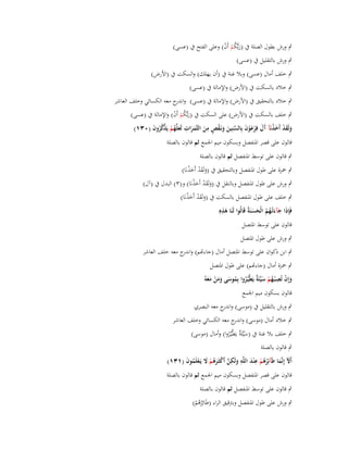‫ٍب ورش بطوؿ الصلة ُب (ربُّكم أَف) وعلى الفتح ُب (عسى)‬
‫َ ُْ ْ‬
‫ٍب ورش بالتقليل ُب (عسى)‬

‫ٍب خلف أماؿ (عسى) وبال غنة ُب (أف يهلك) والسكت ُب (األرض)‬
‫ٍب خالد بالسكت ُب (األرض) واإلمالة ُب (عسى)‬
‫ٍب خالد بالتحقيق ُب (األرض) واإلمالة ُب (عسى) و ج معو الكسائي وخلف العاشر‬
‫اندر‬
‫ٍب خلف بالسكت ُب (األرض) على السكت ُب (ربُّكم أَف) واإلمالة ُب (عسى)‬
‫َ ُْ ْ‬
‫ولَقد أَخذنَآ َؿ فِرعوف بِالسنِين ونَػقص من الثَّمرات لَعلَّهم يَذكروف (ٖٓٔ)‬
‫َ َ ْ َ ْ آ َ ْ َ ْ َ ّْ َ َ ْ ٍ ِ َ َ َ ِ َ ُ ْ َّ َّ ُ َ‬
‫قالوف على قصر اؼبنفصل وبسكوف ميم اعبمع ثم قالوف بالصلة‬
‫ٍب قالوف على توسط اؼبنفصل ثم قالوف بالصلة‬
‫ٍب ضبزة على طوؿ اؼبنفصل وبالتحقيق ُب (ولَقد أَخذنَا)‬
‫َ َْ َْ‬

‫ٍب ورش على طوؿ اؼبنفصل وبالنقل ُب (ولَقد أَخذنَا) و(ٖ) البدؿ ُب (آؿ)‬
‫َ َْ َْ‬

‫ٍب خلف على طوؿ اؼبنفصل بالسكت ُب (ولَقد أَخذنَا)‬
‫َ َْ َْ‬
‫فَِإذا جآءتْػهم الْحسنةُ قَالُوا لَنا ىذهِ‬
‫َ ِ‬
‫َ َ َ ُ ُ َ ََ‬
‫َ‬
‫قالوف على توسط اؼبتصل‬
‫ٍب ورش على طوؿ اؼبتصل‬

‫ٍب ابن ذكواف على توسط اؼبتصل أماؿ (جاءصم) و ج معو خلف العاشر‬
‫اندر‬
‫ٍب ضبزة أماؿ (جاءصم) على طوؿ اؼبتصل‬
‫ْ ِ‬
‫وإِف تُص ْبػهم سيّْئَ ٌ يَطَّيَّػروا بِموسى ومن معوُ‬
‫ُ ْ َ ة ُ ُ َ ََ ْ ََ‬
‫َ‬
‫قالوف بسكوف ميم اعبمع‬
‫ٍب ورش بالتقليل ُب (موسى) و ج معو البصري‬
‫اندر‬
‫ٍب خالد أماؿ (موسى) و ج معو الكسائي وخلف العاشر‬
‫اندر‬
‫ٍب خلف بال غنة ُب (سيّْئَ ٌ يَطَّيَّػروا) وأماؿ (موسى)‬
‫َ ة ُ‬

‫ٍب قالوف بالصلة‬
‫أَّل إِنَّما طَآئِرىم ع ْند اللَّو ولَكن أَكثَػرىم َل يَػعلَموف (ٖٔٔ)‬
‫َ َ ُ ُ ْ ِ َ ِ َ ِ َّ ْ َ ُ ْ َ ْ ُ َ‬
‫قالوف على قصر اؼبنفصل وبسكوف ميم اعبمع ثم قالوف بالصلة‬
‫ٍب قالوف على توسط اؼبنفصل ثم قالوف بالصلة‬
‫ٍب ورش على طوؿ اؼبنفصل وبًتقيق الراء (طَائِرىم)‬
‫ُُ ْ‬

 