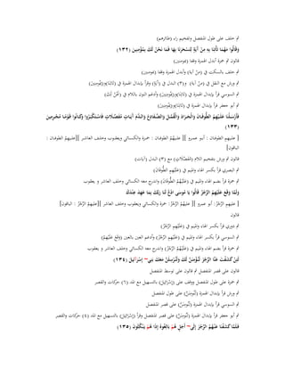 ‫ٍب خلف على طوؿ اؼبنفصل وتفخيم راء (طائرىم)‬
‫ِ‬
‫ِِ ٍ‬
‫وقَالُوا مهما تَأْتِنَا بِو من َيَة لِتَسحرنَا بِها فَما نَحن لَك بِمؤمنِين (ٕٖٔ)‬
‫ْ آ ْ ََ َ َ ْ ُ َ ُْ َ‬
‫َْ َ‬
‫َ‬
‫قالوف ٍب ضبزة أبدؿ اؽبمزة وقفا (دبومنُت)‬
‫ٍب خلف بالسكت ُب (من آية) وأبدؿ اؽبمزة وقفا (دبومنُت)‬
‫ْ‬
‫ِ ِ‬
‫ٍ‬
‫ٍب ورش مع النقل ُب (من آية) و(ٖ) البدؿ ُب (آَيَة) وقرأ بإبداؿ اؽبمزة ُب (تَاتِنَا)و(دبُومنُِت)‬
‫َ‬
‫ْ‬
‫ِ ِ‬
‫ٍب السوسي قرأ بإبداؿ اؽبمزة ُب (تَاتِنَا)و(دبُومنُِت) وأدغم النوف بالالـ ُب (كبن لَك)‬
‫َْ ُ َ‬
‫َ‬
‫ِ ِ‬
‫ٍب أبو جعفر قرأ بإبداؿ اؽبمزة ُب (تَاتِنَا)و(دبُومنُِت)‬
‫َ‬
‫ِ‬
‫فَأَرس ػلْنَا علَػػيهم الطُّوفَػػاف والْجػػراد والْقمػػل والض ػفادع والػ َّـ َيَػػات مفصػػَلت فَاسػػتَكبَػروا َكػػانُوا قَػومػػا مج ػرمين‬
‫َ َ َ َ َ َ ُ َّ َ َ َّ َ ِ َ َ ػد َ آ ٍ ُ َ َّ َ ٍ ْ ْ ُ وَ‬
‫ًْ ُ ْ ِ َ‬
‫ْ َ َ ِْ ُ‬
‫(ٖٖٔ)‬
‫ِ‬
‫ِِ‬
‫[ عل ػػيهم الطوف ػػاف : أب ػػو عم ػػرو ][ عل ػػيهم الطوف ػػاف : ضب ػػزة والكس ػػائي ويعق ػػوب وخل ػػف العاش ػػر ][عل ػػيهم الطوف ػػاف :‬
‫ُ‬
‫ُُ‬
‫الباقوف]‬
‫َ َّ َ ٍ‬
‫قالوف ٍب ورش بتفخيم الالـ (مفصالت) مع (ٖ) البدؿ (آيات)‬
‫ُ‬
‫َ ِِ‬
‫ٍب البصري قرأ بكسر اؽباء واؼبيم ُب (علَْيهم الطُّوفَاف)‬
‫َ‬

‫ٍب ضبزة قرأ بضم اؽباء واؼبيم ُب (علَْيػهم الطُّوفَاف) و ج معو الكسائي وخلف العاشر و يعقوب‬
‫َ اندر‬
‫َ ُُ‬
‫ولَما وقَع علَْيهم الرجز قَالُوا يَا موسى اد ُ لَنَا ربَّك بِما عهد ع ْندؾ‬
‫ُ َ ْع َ َ َ َ ِ َ ِ َ َ‬
‫َ َّ َ َ َ ِ ُ ّْ ْ ُ‬
‫[ عليهم الرجز: أبو عمرو ][ عليهم الرجز: ضبزة والكسائي ويعقوب وخلف العاشر ][عليهم الرجز : الباقوف]‬
‫ِ ُ ّْ ْ ُ‬
‫ُ ُ ّْ ْ ُ‬
‫ِ ِ ّْ ْ ُ‬
‫قالوف‬

‫ٍب دوري قرأ بكسر اؽباء واؼبيم ُب (علَْيهم الرجز)‬
‫َ ِ ِ ّْ ْ ُ‬

‫ِ‬
‫ٍب السوسي قرأ بكسر اؽباء واؼبيم ُب (علَْيهم الرجز) وأدغم العُت بالعُت (وقَع علَْيهم)‬
‫َ ِ ِ ّْ ْ ُ‬
‫َ َ َ ُ‬

‫ٍب ضبزة قرأ بضم اؽباء واؼبيم ُب (علَْيػهم الرجز) و ج معو الكسائي وخلف العاشر و يعقوب‬
‫َ ُ ُ ّْ ْ ُ اندر‬
‫لَئِن كشفت عنَّا الرجز لَنُػؤمنَن لَك ولَنُػرسلَن معك بَنِي~ إِسرآئِيل (ٖٗٔ)‬
‫ْ َ َ ْ َ َ ّْ ْ َ ْ ِ َّ َ َ ْ ِ َّ َ َ َ‬
‫َْ َ‬
‫قالوف على قصر اؼبنفصل ٍب قالوف على توسط اؼبنفصل‬
‫ٍب ضبزة على طوؿ اؼبنفصل ووقف على (إِسرائِيل) بالتسهيل مع اؼبد (ٙ) كات والقصر‬
‫حر‬
‫َْ َ‬
‫ٍب ورش قرأ بإبداؿ اؽبمزة (لَنُومنَن) على طوؿ اؼبنفصل‬
‫ِ َّ‬
‫ٍب السوسي قرأ بإبداؿ اؽبمزة (لَنُومنَن) على قصر اؼبنفصل‬
‫ِ َّ‬

‫ٍب أبو جعفر قرأ بإبداؿ اؽبمزة (لَنُومنَن) على قصر اؼبنفصل وقرأ (إِسرائِيل) بالتسهيل مع اؼبد (ٗ) كات والقصر‬
‫حر‬
‫ِ َّ‬
‫َْ َ‬
‫فَػلَما كشفنَا ع ْنػهم الرجز إِلَى~ أَجل ىم بَالِغُوهُ إِذَا ىم يَػ ْنكثُوف (ٖ٘ٔ)‬
‫ُْ ُ َ‬
‫َّ َ َ ْ َ ُ ُ ّْ ْ َ‬
‫ٍَ ُ ْ‬

 