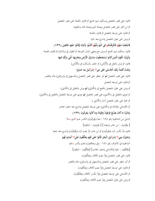 ‫قالوف على قصر اؼبنفصل وبسكوف ميم اعبمع ٍب قالوف بالصلة على قصر اؼبنفصل‬
‫ٍب ابن كثَت على قصر اؼبنفصل وبصلة اؼبيم وبصلة اؽباء (بالغوه)‬
‫ٍب قالوف على توسط اؼبنفصل ٍب قالوف بالصلة‬
‫ٍب ورش على طوؿ اؼبنفصل و ج معو ضبزة‬
‫اندر‬
‫ِ‬
‫فَانْػتَػقمنَا م ْنػهم فَأَغرقْنَاىم فِي الْيَم بِأَنَّهم كذبُوا بَِيَاتِنَا َكانُوا ع ْنػها غَافِلِين (ٖٙٔ)‬
‫ّْ ػ ُ ْ َ َّ آ وَ َ َ‬
‫َ ْ ُ ْ َْ ػ ُ ْ‬
‫َ‬
‫قالوف بسكوف ميم اعبمع ٍب ورش مع وجهي البدؿ التوسط ٍب الطوؿ ُب (بآياتنا) ٍب قالوف بالصلة‬
‫وأَورثْػنَا الْقوـ الَّذين كانُوا يُستَضعفوف مشارؽ األَرض ومغَاربَػها الَّتِي بَ كنَا فِيها‬
‫َ َْ َْ َ ِ َ َ‬
‫ارْ َ‬
‫ْ ْ َُ َ َ َ ِ َ ْ ْ ِ َ َ ِ َ‬
‫َ‬
‫ْْ ِ‬
‫ْْ ِ‬
‫قالوف ٍب ورش بالنقل ُب (األَرض) ٍب خلف بالسكت ُب (األَرض)‬
‫وتَمت كلِمةُ ربّْك الْحسنَى علَى بَنِي~ إِسرآئِيل بِما صبَػروا‬
‫َ َّ ْ َ َ َ َ ُ ْ َ‬
‫َْ َ َ َ ُ‬
‫قالوف على قصر اؼبنفصل ثم أبو جعفر على قصر اؼبنفصل وبالتسهيل ُب (إسرائيل) باؼبد والقصر‬
‫ٍب قالوف على توسط اؼبنفصل‬
‫ٍب ورش على طوؿ اؼبنفصل بالفتح ُب (اغبُسٌت) ثم ورش بالتقليل ُب (اغبُسٌت)‬
‫ْ َْ‬
‫ْ َْ‬

‫ٍب دوري بالتقليل ُب (اغبُسٌت) على قصر اؼبنفصل ثم دوري على توسط اؼبنفصل بالتقليل ُب (اغبُسٌت)‬
‫ْ َْ‬
‫ْ َْ‬

‫ٍب ضبزة على طوؿ اؼبنفصل أماؿ (اغبُسٌت )‬
‫ْ َْ‬

‫ٍب الكسائي باإلمالة ُب (اغبُسٌت) على توسط اؼبنفصل و ج معو خلف العاشر‬
‫اندر‬
‫ْ َْ‬
‫ودمرنَا ما كاف يَصنَع فِرعوف وقَػوموُ وما كانُوا يَػعرشوف (ٖٚٔ)‬
‫َ َ َّ ْ َ َ َ ْ ُ ْ َ ْ ُ َ ْ ُ َ َ َ‬
‫ُِْ َ‬
‫الدليل من الشاطبية رقم ٜ٘ٙ : معا (يػَعرشوف) الكسر ضم كذي صال‬
‫ُِْ َ‬
‫ِْ‬
‫[ يػَعرشوف : ابن عامر وشعبة ] [ يػَعرشوف : الباقوف]‬
‫ُْ‬

‫قالوف قرأ بكسر الراء (يػَعرشوف) ٍب ابن عامر قرأ بضم الراء (يػَعرشوف) و ج معو شعبة‬
‫ْ ُ ُ َ اندر‬
‫ُِْ‬
‫وجاوزنَا بِبَنِي~ إِسرآئِيل الْبَحر فَأَتَػوا علَى قَػوٍـ يَػعكفوف علَى~ أَصنَاـ لَهم‬
‫َ َ َْ‬
‫َْ َ َْ ْ َ ْ ْ ُُ َ َ‬
‫ْ ٍ ُْ‬
‫الشاطبية ُب األعراؼ رقم ٜٙٙ : وُب (يعكفوف) الضم يكسر شافيا‬
‫[يػَعكفوف : ضبزة والكسائي وخلف العاشر] [يػَعكفوف : الباقوف]‬
‫ْ ُُ‬
‫ْ ُِ‬
‫قالوف على قصر اؼبنفصل وقرأ بضم الكاؼ (يعكفوف)‬
‫ُ‬
‫ٍب أبو جعفر على قصر اؼبنفصل وبالتسهيل ُب (إسرائيل) باؼبد والقصر‬
‫ٍب قالوف على توسط اؼبنفصل وقرأ بضم الكاؼ (يعكفوف)‬
‫ُ‬
‫ٍب الكسائي على توسط اؼبنفصل وقرأ بكسر الكاؼ (يػَعكفوف)‬
‫ْ ُِ َ‬
‫ٍب ورش على طوؿ اؼبنفصل وقرأ بضم الكاؼ (يعكفوف)‬
‫ُ‬

 