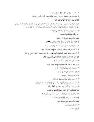 ‫ٍ ِ‬
‫ٍ ِ‬
‫ٍب خالد بغنة ُب (لقوـ يعكفوف) ُب (لقوـ يعكفوف)‬
‫ٍ ِ‬
‫ٍب خلف على طوؿ اؼبنفصل وبال غنة ُب (لقوـ يعكفوف) وقرأ بكسر الكاؼ (يػَعكفوف)‬
‫ْ ُِ َ‬
‫ً َ َ ُ ْ آ َة‬
‫قَالُوا يَا موسى اجعل لَنَآ إِلَها كما لَهم َلِه ٌ‬
‫ُ َ َْ ْ‬

‫قالوف على قصر اؼبنفصل وبسكوف ميم اعبمع ٍب قالوف بالصلة ٍب قػالوف علػى توسػط اؼبنفصػل ٍب قػالوف بالصػلة ٍب ورش‬
‫على طوؿ اؼبنفصل مع (ٖ) البدؿ وطوؿ الصلة ٍب ضبزة بالتحقيق ُب (ؽبم آؽبة ) مع طوؿ اؼبنفصل‬
‫ْ‬
‫ٍب خلف على طوؿ اؼبنفصل وبالسكت ُب (ؽبم آؽبة ).‬
‫ْ‬
‫قَاؿ إِنَّكم قَػوـ تَجهلُوف (ٖٛٔ)‬
‫َ ُ ْ ٌْ َْ َ‬

‫قالوف بسكوف ميم اعبمع ٍب قالوف بالصلة‬
‫إِف ىؤّلء متَبَّػر ما ىم فِيو وبَاطل ما كانُوا يَػعملُوف (ٜٖٔ)‬
‫َّ َ ُ َ ِ ُ ٌ َ ُ ْ ِ َ ِ ٌ َ َ‬
‫َْ َ‬
‫قالوف على قصر اؼبنفصل وبسكوف ميم اعبمع ثم قالوف بالصلة‬
‫ٍب ابن كثَت على قصر اؼبنفصل وصلة ميم اعبمع وقرأ بصلة اؽباء (فيو)‬
‫ٍب قالوف على توسط اؼبنفصل ثم قالوف بالصلة ثم ورش على طوؿ اؼبنفصل واؼبتصل و ج مع ضبزة‬
‫اندر‬
‫ِ ِ‬
‫ِ‬
‫قَاؿ أَغَْيػر اللَّو أَبْغيكم إِلَها وىو فَضلَكم علَى الْعالَمين (ٓٗٔ)‬
‫ُ ْ ً َ ُ َ َّ ُ ْ َ َ َ‬
‫َ َ‬
‫قالوف بسكوف اؽباء (وىو) وسكوف ميم اعبمع‬
‫ْ‬

‫ٍب ابن عامر قرأ بضم اؽباء (وىو) و ج معو عاصم وخالد‬
‫ُ اندر‬
‫ٍب خلف بالتحقيق ُب (أَبْغِيكم إِؽبًا) وبال غنة‬
‫ُْ َ‬
‫ٍب قالوف بالصلة وسكن اؽباء ُب (وىو)‬
‫ْ‬
‫ٍب ابن كثَت ضم اؽباء ُب (وىو)‬
‫ُ‬

‫ٍب قالوف على توسط الصلة وبسكوف اؽباء (وىو)‬
‫ْ‬
‫ٍب خلف بالسكت ُب (أَبْغِيكم إِؽبًا) وبال غنة ُب (إِؽبًا وىو) وضم اؽباء ُب (وىو)‬
‫ُْ َ‬
‫ُ‬
‫َ ََُ‬
‫ٍب ورش بالًتقيق ُب (أَغْيػر) وطوؿ الصلة ُب (أَبْغِيكم إِؽبًا)‬
‫ُْ َ‬
‫ََ‬
‫َ ْ َ ُ ْ ِ ْ آِ ْ َْ َ ُ ُ ْ ُ َ َ َ ِ‬
‫وإِذ أَنْج ْيػنَاكم من َؿ فِرعوف يَسومونَكم سو~ء الْعذاب‬
‫ُ‬
‫الشاطبية ُب األعراؼ رقم ٜٙٙ : و(أقبى) حبذؼ الياء والنوف كفال‬
‫[ وإذ أقباكم : ابن عامر ] [ أقبيناكم : الباقوف]‬
‫قالوف بسكوف ميم اعبمع وتوسط اؼبتصل‬
‫ٍب ضبزة على طوؿ اؼبتصل‬
‫ٍب قالوف بالصلة‬

 