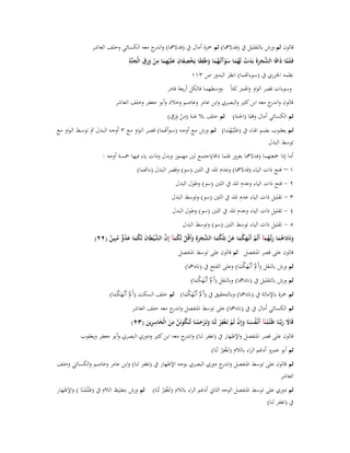 ‫قالوف ثم ورش بالتقليل ُب (فدالمها) ثم ضبزة أماؿ ُب (فدالمها) و ج معو الكسائي وخلف العاشر‬
‫اندر‬
‫ِ‬
‫ِ‬
‫ِ ِ‬
‫ِ ِ‬
‫فَػلَما ذَاقَا الشجرة بَدت لَهما سوآتُػهما وطَفقا يَخصفاف علَْيهما من ورؽ الْجنَّة‬
‫َّ‬
‫َّ َ َ َ َ ْ ُ َ َ ْ َ ُ َ َ َ ْ َ َ ِ َ ْ َ َ َ‬
‫نظمو اعبزري ُب (سوءاصما) انظر البدور ص ٖٔٔ‬
‫وسوءات قصر الواو واؽبمز ثلثاً ووسطهما فالكل أربعة فادر‬
‫قالوف و ج معو ابن كثَت والبصري وابن عامر وعاصم وخالد وأبو جعفر وخلف العاشر‬
‫اندر‬
‫ِ ِ‬
‫ثم الكسائي أماؿ وقفا (اعبنة) ثم خلف بال غنة (من ورؽ)‬
‫ْ ََ‬
‫ثػم يعقػػوب بضػػم اؽبػػاء ُب (علَْيػهمػا) ثػػم ورش مػػع أوجػػو (سػوأصما) قصػر الػواو مػػع ٖ أوجػػو البػدؿ ٍب توسػػط الػواو مػػع‬
‫َ َُ‬
‫توسط البدؿ‬
‫أما إذا صبعتهما (فدالمها بغرور فلما ذاقا)اجتمع لُت مهموز وبدؿ وذات ياء فيها طبسة أوجو :‬
‫ٔ – فتح ذات الياء (فدالمها) وعدـ اؼبد ُب اللُت (سو) وقصر البدؿ (ءاصما)‬
‫ٕ - فتح ذات الياء وعدـ اؼبد ُب اللُت (سو) وطوؿ البدؿ‬
‫ٖ - تقليل ذات الياء عدـ اؼبد ُب اللُت (سو) وتوسط البدؿ‬
‫ٗ - تقليل ذات الياء وعدـ اؼبد ُب اللُت (سو) وطوؿ البدؿ‬
‫٘ - تقليل ذات الياء توسط اللُت (سو) وتوسط البدؿ‬
‫ونَاداىما ربُّهمآ أَلَم أَنْػهكما عن تِلكما الشجرةِ وأَقُل لَكمآ إِف الش ْيطَاف لَكما عدو مبِين (ٕٕ)‬
‫َ َ ُ َ َ ػ ُ َ ْ َ ُ َ َ ْ ْ ُ َ َّ َ َ َ ْ ُ َ َّ َّ َ ُ َ َ ُ ّّ ُ ٌ‬
‫قالوف على قصر اؼبنفصل ثم قالوف على توسط اؼبنفصل‬
‫ثم ورش بالنقل (أََلْ أَنْػهكما) وعلى الفتح ُب (نادامها)‬
‫َ َ َُ‬
‫ثم ورش بالتقليل ُب (نادامها) وبالنقل (أََلْ أَنْػهكما)‬
‫َ َ َُ‬

‫ثم ضبزة باإلمالة ُب (نادامها) وبالتحقيق ُب (أََلْ أَنْػهكما) ثم خلف السكت (أََلْ أَنْػهكما)‬
‫َ َ َُ‬
‫َ َ َُ‬
‫ثم الكسائي أماؿ ُب ُب (نادامها) على توسط اؼبنفصل و ج معو خلف العاشر‬
‫اندر‬
‫ِ‬
‫ِ‬
‫ِ‬
‫قَاَل ربَّػنَا ظَلَمنَآ أَنْػفسنَا وإِف لَم تَػغفر لَنَا وتَػرحمنَا لَنَكونَن من الْخاسرين (ٖٕ)‬
‫ْ ُ َ َ ْ ْ ْ ْ َ ْ َ ْ ُ َّ َ َ ِ َ‬
‫َ َ‬
‫قالوف على قصر اؼبنفصل واإلظهار ُب (تغفر لنا) و ج معو ابن كثَت ودوري البصري وأبو جعفر ويعقوب‬
‫اندر‬
‫ِْ‬
‫ثم أبو عمرو أدغم الراء بالالـ (تَػغف ْر لَنَا)‬
‫ثم قالوف على توسط اؼبنفصل و ج دوري البصري بوجو اإلظهار ُب (تغفر لنا) وابن عامر وعاصم والكسائي وخلف‬
‫اندر‬
‫العاشر‬

‫ِْ‬
‫ثم دوري على توسط اؼبنفصل الوجو الثاين أدغم الراء بالالـ (تَػغف ْر لَنَا) ثم ورش بتغليظ الالـ ُب (ظَلَمنَا ) واإلظهار‬
‫ْ‬
‫ُب (تغفر لنا)‬

 