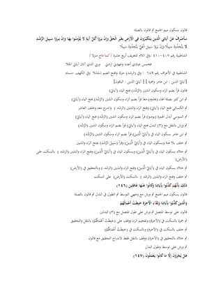 ‫قالوف بسكوف ميم اعبمع ٍب قالوف بالصلة‬
‫ُ َّ آ ٍ َ ْ ِ‬
‫ُّ ْ ِ‬
‫سأَصرؼ عن َيَاتِي الَّذين يَػتَكبَّػروف فِي األَرض بِغَْير الْحق وإِف يَػروا كػل َيَػة َل يُػؤمنُػوا بِهػا وإِف يَػػروا سػبِيل الرشػد‬
‫َ ِْ ُ َْ آ َ ِ َ َ ُ َ‬
‫ْ ْ ِ ِ َ ّْ َ ْ َ ْ‬
‫َ َ ْ َْ َ َ‬
‫َل يػَتَّخذوهُ سبِيال وإِف يػَروا سبِيل الْغَي يػَتَّخذوهُ سبِيال‬
‫َ ِ ُ َ ً َ ْ َ ْ َ َ ّْ ِ ُ َ ً‬
‫الشاطبية رقم ٚٓٗ-ٓٔٗ :وُب الالـ للتعريف أربع عشرة / كما فاح منزال /‬
‫فخمس عبادي أعدد وعهدين ارادين وريب الذي آتاف آياٌب اغبال‬
‫الشاطبية ُب األعراؼ رقم ٜٛٙ : وُب (الرشد) حرؾ وافتح الضم شلشال وُب الكهف حسناه‬
‫[آياٌب الذين : ابن عامر وضبزة ] [ آياٌبَ الذين : الباقوف]‬
‫ْ‬

‫قالوف قرأ بضم الراء وسكوف الشُت (الرشد) فتح الياء (آياٌبَ)‬
‫ُْ‬
‫ٍب ابن كثَت بصلة اؽباء (خيذوه) معا قرأ بضم الراء وسكوف الشُت (الرشد) فتح الياء (آياٌبَ)‬
‫ُْ‬
‫ٍب الكسائي فتح الياء (آياٌبَ) وفتح الراء والشُت (الرشد ) و ج معو وخلف العاشر‬
‫اندر‬
‫ََ‬
‫ٍب السوسي أبدؿ اؽبمزة (يومنوا) قرأ بضم الراء وسكوف الشُت (الرشد) فتح الياء (آياٌبَ)‬
‫ُْ‬

‫ٍب ورش بالنقل مع (ٖ) البدؿ فتح الياء (آياٌبَ) قرأ بضم الراء وسكوف الشُت (الرشد)‬
‫ُْ‬
‫ِ ِ‬
‫ٍب ابن عامر بسكوف الياء ُب (آَيَاٌب الَّذين) قرأ بضم الراء وسكوف الشُت (الرشد)‬
‫ُْ‬
‫ْ َ‬
‫َّ ِ‬
‫ِ ِ‬
‫ٍب خلف بال غنة وبسكوف الياء ُب (آَيَاٌب الَّذين) وقرأ (سبِيل الرشد) بفتح الراء والشُت‬
‫َ َ َ‬
‫ْ َ‬
‫ِ ِ‬
‫ِ ِ‬
‫ٍب خالد بسكوف الياء ُب (آَيَػاٌب الَّػذين) وبسػكوف اليػاء ُب (آَيَػاٌب الَّػذين) وفػتح الػراء والشػُت (الرشػد ) بالسػكت علػى‬
‫ََ‬
‫ْ َ‬
‫ْ َ‬
‫(األرض)‬
‫ِ ِ‬
‫ٍب خالد بسكوف الياء ُب (آَيَاٌب الَّذين) وفتح الراء والشُت (الرشد ) وبالتحقيق ُب (األرض)‬
‫ََ‬
‫ْ َ‬
‫ٍب خلف وفتح الراء والشُت (الرشد ) بالسكت (األرض) على السكت‬
‫ََ‬
‫ِِ‬
‫ذلِك بِأَنَّهم كذبُوا بَِيَاتِنَا َكانُوا ع ْنػها غَافلين (ٙٗٔ)‬
‫َ َ ػ ُ ْ َ َّ آ وَ َ َ‬
‫َ‬
‫قالوف بسكوف ميم اعبمع ٍب ورش مع وجهي التوسط ٍب الطوؿ ُب البدؿ ٍب قالوف بالصلة‬
‫ِ ِ‬
‫ِ‬
‫والَّذين كذبُوا بَِيَاتِنَا ولِقآء اّلَخرةِ حبِطَت أَعمالُهم‬
‫َ َ َ َّ آ َ َ ْ َ َ ْ ْ َ ُ ْ‬
‫قالوف على توسط اؼبتصل ٍب ورش على طوؿ اؼبتصل مع (ٖ) البدلُت‬
‫ٍب ضبزة بالسكت ُب (اآلخرة) وتفخيم الراء ووقف على (حبِطَت أَعماؽبُم) بالنقل والتحقيق‬
‫َ ْ َْ ُ ْ‬
‫ٍب خلف بالسكت ُب (اآلخرة) وبالسكت ُب (حبِطَت أَعماؽبُم)‬
‫َ ْ َْ ُ ْ‬

‫ٍب خالد بالتحقيق ُب (اآلخرة) ووقف بالنقل فقط الندراج التحقيق مع قالوف‬

‫ٍب ورش على توسط وطوؿ البدؿ‬
‫ىل يُجزوف إَِل ما كانُوا يَػعملُوف (ٚٗٔ)‬
‫َ ْ ْ َ ْ َ َّ َ َ‬
‫َْ َ‬

 