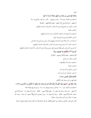 ‫قالوف‬

‫ِ‬
‫ِ ِ ِ‬
‫واتَّخذ قَػوـ موسى من بَػعدهِ من حلِيّْهم عجَل جسدا لَوُ خوار‬
‫َ َ َ ْ ُ ُ َ ْ ْ ْ ُ ِ ْ ْ ً َ َ ً َُ ٌ‬
‫الشاطبية ُب األعراؼ رقم ٜٜٙ : وضم (حليهم) بكسر شفا واؼ واالتباع ذو حال‬
‫ِ‬
‫ِ‬
‫[ حلِيّْهم : ضبزة والكسائي ] [ ح ْليِهم : يعقوب] [حلِيّْهم : الباقوف]‬
‫ُ‬
‫َ‬
‫ِ‬
‫قالوف بسكوف ميم اعبمع وقرأ بضم اغباء كسر الالـ والياء اؼبشددة (حلِيّْهم)‬
‫و‬
‫ُ ْ‬
‫ٍب قالوف بالصلة‬

‫ِ‬
‫ٍب يعقوب قرأ بفتح اغباء وسكوف الالـ كسر الياء مشددة (ح ْليِهم)‬
‫و‬
‫َ ْ‬

‫ٍب ورش بالتقليل (موسى) و ج معو دوري‬
‫اندر‬
‫ِ ِ‬
‫ٍب ضبزة كسر اغباء والالـ والياء اؼبشددة (حلِيِهم) وأماؿ (موسى) و ج معو الكسائي‬
‫اندر‬
‫ْ‬
‫ٍب خلف العاشر أماؿ (موسى) ولو بضم اغباء كسر الالـ والياء اؼبشددة (حلِيهم)‬
‫و‬
‫ُ‬

‫ِ‬
‫ٍب السوسي أدغم اؼبيم باؼبيم (قَػوـ موسى) وقلل (موسى) وقرأ بضم اغباء كسر الالـ والياء اؼبشددة (حلِيّْهم)‬
‫و‬
‫ُْ ُ َ‬
‫ُ ْ‬
‫أَلَم يَػروا أَنَّوُ َل يُكلّْمهم وَل يَػهديهم سبِيَل‬
‫ْ َ ْ َ َ ُ ُ ْ ََ ْ ِ ِ ْ َ ً‬
‫ِ‬
‫[وال يهديهم : يعقوب] [وال يهديهم : الباقوف]‬
‫ُ‬
‫قالوف بسكوف ميم اعبمع‬

‫ِ‬
‫ٍب يعقوب بضم اؽباء (يػَهديهم )‬
‫ْ ُْ‬
‫ٍب قالوف بالصلة‬

‫ٍب ورش بالنقل ُب (أَل يروا أنو)‬
‫ٍب خلف بالسكت ُب (أَل يروا أنو)‬
‫ِ‬
‫اتَّخذوهُ َكانُوا ظَالِمين (ٛٗٔ)‬
‫َ ُ وَ‬
‫َ‬
‫قالوف ثم ابن كثَت بصلة اؽباء (ازبَذوهُ)‬
‫َّ ُ‬
‫ِ‬
‫ِ‬
‫ِ‬
‫ولَما سقط فِي~ أَيْديهم ورأَوا أَنَّهم قَد ضلُّوا قَالُوا لَئِن لَم يَػرحمنَا ربُّنَا ويَػغفر لَنَا لَنَكونَن من الْخاسرين (ٜٗٔ)‬
‫َ َّ ُ ِ َ‬
‫ِ ِ ْ ََ ْ ػُ ْ ْ َ‬
‫ْ ْ ْ َ ْ َػ َ ْ ْ‬
‫ُ َّ َ َ ِ َ‬
‫الشاطبية ُب األعراؼ رقم ٓٓٚ : وخاطب (يرضبنا )و(يغفر لنا ) شذا ويا (ربنا) رفع لغَتمها اقبال‬

‫ِ‬
‫[ أيػػديهم .. قػػد ضػػلوا..يرضبنا ربُّنػػا ويغفػػر لنػػا : يعقػػوب][ أيػػديهم .. قضػلُوا ..ترضبنػػا ربَّنػػا وتغفػػر لنػػا : ضبػػزة والكسػػائي‬
‫َّ‬
‫ُ‬
‫ِ‬
‫ِ‬
‫وخلف العاشر] [أيديهم.. قضػلوا ..يرضبنػا ربُّنػا ويغفػر لنػا : ورش البصػري والشػامي][ أيػديهم ..قػد ضػلوا ..يرضبنػا ربُّنػا‬
‫َّ‬
‫ويغفر لنا :قالوف وابن كثَت وعاصم وأبو جعفر]‬
‫قالوف على قصر اؼبنفصل وبسكوف ميم اعبمع واإلظهار ُب (قد ضلوا) وقرأ بياء الغيبة (يرضبنا ويغفر) ورفع باء (ربُنا)‬

 