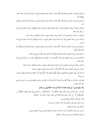 ‫ٍب دوري على قصر اؼبنفصل وأدغم (قَد ضلُّوا) وقرأ بياء الغيبة (يرضبنا ويغفر) ورفع بػاء (ربُنػا) وأدغػم الػراء بػالالـ خبلػف‬
‫ْ َ‬
‫ِْ‬
‫(ويػَغف ْر لَنَا)‬
‫َ‬
‫ِ‬
‫ٍب دوري على قصر اؼبنفصل وأدغم (قَد ضلُّوا) وقرأ بياء الغيبة (يرضبنا ويغفػر) ورفػع بػاء (ربُنػا) بعػدـ اإلدغػاـ ُب (ويػَغفػر‬
‫ْ َ‬
‫َ ْْ‬
‫لَنَا)‬
‫ٍب قالوف بالصلة على قصر اؼبنفصل وقرأ بياء الغيبة (يرضبنا ويغفر) ورفع باء (ربُنا) وباإلظهار ُب (قد ضلوا) و ج معو‬
‫اندر‬
‫ابن كثَت وأبو جعفر‬

‫ٍب يعقوب ضم اؽباء (أيديهم) وقرأ بياء الغيبة (يرضبنا ويغفر) ورفع باء (ربُنا) وباإلظهار ُب (قد ضلوا)‬
‫ُ‬

‫ٍب قػػالوف علػػى توسػػط اؼبنفصػػل وق ػرأ بيػػاء الغيبػػة (يرضبنػػا ويغفػػر) ورفػػع بػػاء (ربُنػػا) وباإلظهػػار ُب (قػػد ضػػلوا) وانػ ج معػػو‬
‫ػدر‬
‫عاصم‬
‫ِْ‬
‫ٍب دوري على توسط اؼبنفصل أدغم (قَد ضلُّوا) وقرأ بياء الغيبة (يرضبنا ويغفر) ورفع باء (ربُنا) وباإلدغاـ ُب (ويػَغف ْر لَنَا)‬
‫ْ َ‬
‫َ‬
‫وأدغم (قَد ضلُّوا)‬
‫ْ َ‬
‫ِْ‬
‫ٍب دوري على توسط اؼبنفصل بعدـ اإلدغاـ ُب (ويػَغف ْر لَنَا) وأدغم (قَد ضلُّوا) و ج معو ىشاـ‬
‫ْ َ اندر‬
‫َ‬
‫ِْ‬
‫ٍب الكسائي على توسػط اؼبنفصػل أدغػم (قَػد ضػلُّوا) وقػرا بتػاء اػبطػاب (ترضبنػا)و(تَػغف ْر) ونصػب بػاء (ربػَنَػا) وان ج معػو‬
‫ػدر‬
‫ْ َ‬
‫َ‬
‫خلف العاشر‬
‫ٍب قالوف بالصلة على طوؿ اؼبنفصل وقرأ بياء الغيبة (يرضبنا ويغفر) ورفع باء (ربُنا) وباإلظهار ُب (قد ضلوا)‬

‫ٍب ورش على طوؿ اؼبنفصل أدغم (قَد ضلُّوا) وقرأ بياء الغيبة (يرضبنا ويغفر) ورفع باء (ربُنا)‬
‫ْ َ‬
‫ٍب ضبزة على طوؿ اؼبنفصػل وبػالتحقيق ُب (ورأَوا أَنػَّهػم) وأدغػم (قَػد ضػلُّوا) وقػرأ بتػاء اػبطػاب (ترضبنػا) و(تغفػر) ونصػب‬
‫ْ َ‬
‫ْ‬
‫ََ ْ ُ ْ‬
‫باء (ربػَنَا)‬

‫ثم خلف بالسكت ُب (ورأَوا أَنػَّهػم) وأدغػم (قَػد ضػلُّوا) وقػرأ بتػاء اػبطػاب (ترضبنػا) و(تغفػر) ونصػب بػاء (ربػَنَػا) وان ج‬
‫ػدر‬
‫ْ َ‬
‫ْ‬
‫ََ ْ ُ ْ‬
‫معو خلف العاشر‬

‫ِ ِ‬
‫ِ‬
‫ِِ‬
‫ولَما رجع موسى~ إِلَى قَػومو غَضبَاف أَسفا قَاؿ بِْئسما خلَفتُمونِي من بَػعدي‬
‫ْ ْ‬
‫ْ‬
‫َ َّ َ َ َ ُ َ‬
‫ْ َ ً َ ََ َ ْ ُ‬

‫[بيسما : ورش والسوسي وأبو جعفر ووقفا ضبزة][بئسما : البػاقوف] [بػراس : السوسػي وأبػو جعفػر ووقفػا ضبػزة][رأس :‬
‫الباقوف][ابن أـ : ابن عامر وشعبة وضبزة والكسائي وخلف العاشر ] [ابن أـ : الباقوف]‬
‫َّ‬
‫ّْ‬
‫قالوف على قصر اؼبنفصل وفتح (موسى)‬
‫ٍب أبو جعفر على قصر اؼبنفصل قرأ بإبداؿ اؽبمزة ياء (بيسما)‬
‫ٍب قالوف على توسط اؼبنفصل‬
‫ٍب ورش على طوؿ اؼبنفصل قرأ بإبداؿ اؽبمزة ياء (بيسما) وعلى فتح (موسى) ٍب تقليل (موسى)‬
‫ٍب دوري بالتقليل ُب (موسى) على قصر اؼبنفصل‬

 