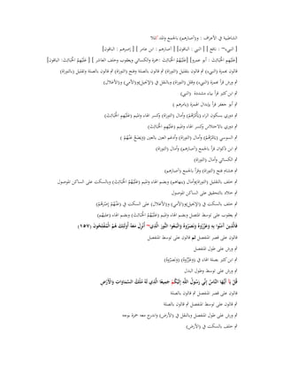 ‫الشاطبية ُب األعراؼ : و(آصارىم) باعبمع واؼبد كلال‬
‫[ الن ء~ : نافع ] [ الن : الباقوف] [ آصارىم : ابن عامر ] [ إصرىم : الباقوف]‬
‫[علَْيهم اػبَبَائِث : أبو عمرو] [علَْيػهم اػبَبَائِث :ضبزة والكسائي ويعقوب وخلف العاشر ] [ علَْيهم اػبَبَائِث: الباقوف]‬
‫َ ُِ ْ َ‬
‫َ ُُ ْ َ‬
‫َ ِِ ْ َ‬
‫قالوف ّٔمزة (الن ء) ٍب قالوف بتقليل (التوراة) ٍب قالوف بالصلة وفتح (التوراة) ٍب قالوف بالصلة وتقليل (بالتوراة)‬
‫ٍب ورش قرأ ّٔمزة (الن ء) وقلل (التوراة) وبالنقل ُب (اإلقبيل)و(األمي) و(األغالؿ)‬
‫ٍب ابن كثَت قرأ بياء مشددة (الن )‬
‫ٍب أبو جعفر قرأ بإبداؿ اؽبمزة (يامرىم )‬

‫ٍب دوري بسكوف الراء (يَأْم ْرىم) وأماؿ (التوراة) كسر اؽباء واؼبيم (علَْيهم اػبَبَائِث)‬
‫و‬
‫َ ِِ ْ َ‬
‫ُ ُْ‬
‫ٍب دوري باالختالس كسر اؽباء واؼبيم (علَْيهم اػبَبَائِث)‬
‫و‬
‫َ ِِ ْ َ‬
‫ٍب السوسي (يَام ْرىم) وأماؿ (التوراة) وأدغم العُت بالعُت (ويَضع عْنػهم )‬
‫َ َُ َ ُْ‬
‫ُ ُْ‬
‫ٍب ابن ذكواف قرأ باعبمع (آصارىم) وأماؿ (التوراة)‬
‫َ‬

‫ٍب الكسائي وأماؿ (التوراة)‬

‫ٍب ىشاـ فتح (التوراة) وقرأ باعبمع (آصارىم)‬
‫َ‬
‫ٍب خلف بالتقليل (التوراة)وأماؿ (ينهاىم) وبضم اؽباء واؼبيم (علَْيػهم اػبَبَائِث) وبالسكت على الساكن اؼبوصوؿ‬
‫َ ُُ ْ َ‬

‫ٍب خالد بالتحقيق على الساكن اؼبوصوؿ‬

‫ٍب خلف بالسكت ُب (اإلقبيل)و(األمي) و(األغالؿ) على السكت ُب (عْنػهم إِصرىم)‬
‫َ ُ ْ َُْ ْ‬
‫ٍب يعقوب على توسط اؼبتصل وبضم اؽباء واؼبيم (علَْيػهم اػبَبَائِث) وبضم اؽباء (عليهم)‬
‫َ ُُ ْ َ‬
‫ُ‬
‫ِ‬
‫ِ‬
‫ِ‬
‫فَالَّذين َمنُوا بِو وعزروهُ ونَصروهُ واتَّػبَػعوا النُّور الَّذي~ أُنْزؿ معوُ أُولَئِك ىم الْمفلِحوف (ٚ٘ٔ)‬
‫َ ُ ُ ُْ ُ َ‬
‫َِ َ َ‬
‫َ َ َّ ُ َ َ ُ َ ُ‬
‫َ آَ‬
‫َ‬
‫قالوف على قصر اؼبنفصل ثم قالوف على توسط اؼبنفصل‬
‫ٍب ورش على طوؿ اؼبنفصل‬
‫ٍب ابن كثَت بصلة اؽباء ُب (وعزروهُ) (ونَصروهُ)‬
‫َ َ َّ ُ َ َ ُ‬
‫ٍب ورش على توسط وطوؿ البدؿ‬
‫ِ‬
‫ُ ِ‬
‫ِ‬
‫ُ ُ َّ َ َ ِ َ ْ ْ ِ‬
‫قُل يَآ أَيُّها النَّاس إِنّْي رسوؿ اللَّو إِلَيكم جميعا الَّذي لَوُ ملْك السماوات واألَرض‬
‫ْ ػَ‬
‫ُْْ َ ً‬
‫َُ‬
‫ُ‬
‫قالوف على قصر اؼبنفصل ٍب قالوف بالصلة‬
‫ٍب قالوف على توسط اؼبنفصل ٍب قالوف بالصلة‬
‫ٍب ورش على طوؿ اؼبنفصل وبالنقل ُب (األرض) و ج معو ضبزة بوجو‬
‫اندر‬
‫ٍب خلف بالسكت ُب (األرض)‬

 