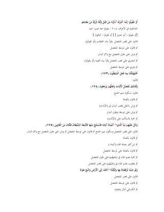 ‫ِ‬
‫ِ ِِ‬
‫أَو تَػقولُوا إِنَّمآ أَشرؾ َبَآؤنَا من قَػ ْبل َكنَّا ذُريَّةً من بَػعدىم‬
‫ْ ُ‬
‫َ ْ َ َ آ ُ ْ ُ وُ ّْ ْ ْ ْ‬
‫الشاطبية ُب األعراؼ ٛٓٚ : يقولوا معا غيب ضبيد‬
‫[أو يقولوا : أبو عمرو ] [ أو تقولوا : الباقوف ]‬
‫قالوف على قصر اؼبنفصل وقرأ بتاء اػبطاب (أو تقولوا)‬
‫ٍب قالوف على توسط اؼبنفصل‬
‫ٍب ورش على طوؿ اؼبنفصل مع (ٖ) البدؿ‬
‫ٍب البصري على قصر اؼبنفصل وقرأ بياء الغيبة (أو يقولوا)‬
‫ٍب دوري على توسط اؼبنفصل‬
‫أَفَػتُػهلِكنَا بِما فَػعل الْم ْبطلُوف (ٖٚٔ)‬
‫ْ ُ َ ََ ُ ِ َ‬
‫قالوف‬
‫َكذلِك نُػفصل اّلَيَات ولَعلَّهم يَػرجعوف (ٗٚٔ)‬
‫وَ َ َ َ ّْ ُ ْ ِ َ َ ُ ْ ْ ِ ُ َ‬
‫قالوف بسكوف ميم اعبمع‬
‫ٍب قالوف بالصلة‬
‫ٍب ورش بالنقل وقصر البدؿ ُب (اآليات)‬
‫ٍب ورش على توسط وطوؿ البدؿ‬
‫ٍب ضبزة بالسكت على (اآليات)‬
‫ِ‬
‫ِ‬
‫واتْل علَْيهم نَػبَأَ الَّذي~ آتَػ ْيػنَاهُ َيَاتِنَا فَانْسلَخ م ْنػها فَأَتْػبَػعوُ الش ْيطَاف فَكاف من الْغَاوين (٘ٚٔ)‬
‫ِ َ آ‬
‫َ َ َ‬
‫َ ُ َ ِْ‬
‫َ َّ ُ َ َ َ ِ َ‬
‫قالوف على قصر اؼبنفصل وسكوف ميم اعبمع ٍب قالوف على توسط اؼبنفصل ٍب ورش على طوؿ اؼبنفصل مع (ٖ) البدؿ‬
‫ٍب قالوف بالصلة‬
‫ٍب ابن كثَت بصلة اؽباء (آتيناه )‬
‫ٍب قالوف بالصلة على توسط اؼبنفصل‬
‫ٍب ضبزة بضم اؽباء ُب (عليهم) على طوؿ اؼبنفصل‬
‫ُ‬

‫ٍب يعقوب بضم اؽباء ُب (عليهم) على قصر اؼبنفصل‬
‫ُ‬
‫ِ‬
‫ِ‬
‫ْ َ‬
‫ولَو ش ْئػنَا لَرفَػعنَاهُ بِها ولَكنَّوُ~ أَخلَد إِلَى األَرض واتَّػبَع ىواهُ‬
‫َْ‬
‫َ ْ َ َ‬
‫ْ ْ ِ َ َ ََ‬
‫قالوف على قصر اؼبنفصل‬
‫ٍب قالوف على توسط اؼبنفصل‬
‫ٍب الكسائي أماؿ (ىواه)‬

 