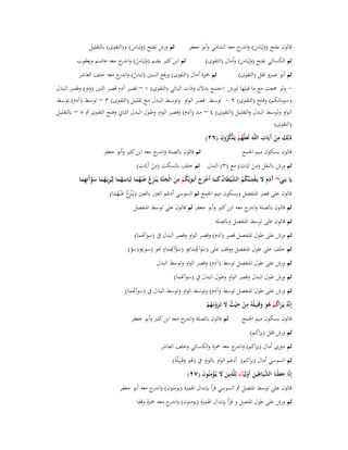 ‫ثم ورش بفتح (ولِبَاس) و(التقوى) بالتقليل‬
‫قالوف بفتح (ولِبَاس) و ج معو الشامي وأبو جعفر‬
‫َ َ اندر‬
‫َ َ‬
‫ثم ابن كثَت بضم (ولِبَاس) و ج معو عاصم ويعقوب‬
‫َ ُ اندر‬
‫ثم الكسائي بفتح (ولِبَاس) وأماؿ (التقوى)‬
‫َ َ‬
‫ثم ضبزة أماؿ (التقوى) ورفع السُت (لباس) و ج معو خلف العاشر‬
‫ُ اندر‬
‫ثم أبو عمرو قلل (التقوى)‬

‫ ولو صبعت مع ما قبلها لورش :اجتمع بدالف وذات اليػائي (التقػوى) ٔ – قصػر آدـ قصػر اللػُت (واو) وقصػر البػدؿ‬‫(سػػوءاتكم) وفػػتح (التقػػوى) ٕ - توسػػط قصػػر الػواو وتوسػػط البػػدؿ مػػع تقليػػل (التقػػوى) ٖ – توسػػط (آدـ) توسػػط‬
‫الػواو وثوسػػط البػػدؿ والتقليػػل (التقػوى) ٗ – مػػد (آدـ) وقصػػر الػواو وطػػوؿ البػدؿ الثػػاين وفػػتح التقػػوى ٍب ٘ – بالتقليػػل‬
‫(التقوى)‬
‫ذَلِك من َيَات اللَّو لَعلَّهم يَذكروف (ٕٙ)‬
‫َ ِ ْ آ ِ ِ َ ُ ْ َّ َّ ُ َ‬
‫ثم قالوف بالصلة و ج معو ابن كثَت وأبو جعفر‬
‫اندر‬
‫قالوف بسكوف ميم اعبمع‬
‫ِ‬
‫ِ‬
‫ِ‬
‫ِ‬
‫ثم ورش بالنقل (من اَيَات) مع (ٖ) البدؿ ثم خلف بالسكت (من آَيَات)‬
‫ْ‬
‫َ‬
‫ِ‬
‫ِ‬
‫يَا بَنِي~ َدـ َل يَػفتِنَػنَّكم الش ْيطَاف كما أَخرج أَبَػويْكم من الْجنَّة يَػ ْن ِع ع ْنػهما لِبَاسهما لِيُريَػهما سوَتِهما‬
‫آ َ َ َ ْ ُ ُ َّ ُ َ َ ْ َ َ َ ُ ْ َ َ ز ُ َ ُ َ َ ُ َ ِ ُ َ َ ْ آ ِ َ‬
‫قالوف على قصر اؼبنفصل وبسكوف ميم اعبمع ثم السوسي أدغم العُت بالعُت (يػَْنز ُ عْنػهما)‬
‫ِ‬
‫ع َ َُ‬

‫ثم قالوف بالصلة و ج معو ابن كثَت وأبو جعفر ثم قالوف على توسط اؼبنفصل‬
‫اندر‬
‫ثم قالوف على توسط اؼبنفصل وبالصلة‬

‫ثم ورش على طوؿ اؼبنفصل قصر (آدـ) وقصر الواو وقصر البدؿ ُب (سوآصما)‬
‫ثم خلف على طوؿ اؼبنفصل ووقف على (سو ِِما)و (سو ِِما) كبو (سو)و(سو)‬
‫ّ‬
‫َ َّآص َ‬
‫َ َآص َ‬
‫ثم ورش على طوؿ اؼبنفصل توسط (آدـ) وقصر الواو وتوسط البدؿ‬
‫ثم ورش طوؿ البدؿ وقصر الواو وطوؿ البدؿ ُب (سوآصما)‬
‫ثم ورش على طوؿ اؼبنفصل توسط (آدـ) وتوسط الواو وتوسط البدؿ ُب (سوآصما)‬
‫ِ‬
‫إِنَّوُ يَػراكم ىو وقَبِيلُوُ من ح ْيث َل تَػرونَػهم‬
‫ْ َ ُ َ َْ ُ ْ‬
‫َ ُ ْ َُ َ‬
‫ثم قالوف بالصلة و ج معو ابن كثَت وأبو جعفر‬
‫اندر‬
‫قالوف بسكوف ميم اعبمع‬
‫ثم ورش قلل (يراكم)‬
‫ثم دوري أماؿ (يراكم) و ج معو ضبزة والكسائي وخلف العاشر‬
‫اندر‬
‫ثم السوسي أماؿ (يراكم) أدغم الواو بالواو ُب (ىو وقَبِيلُوُ)‬
‫َُ َ‬
‫إِنَّا جعلْنَا الشيَاطين أَولِيَآء لِلَّذين َل يُػؤمنُوف (ٕٚ)‬
‫َّ ِ َ ْ َ ِ َ َ ْ ِ َ‬
‫ََ‬

‫قالوف على توسط اؼبتصل ٍب السوسي قرأ بإبداؿ اؽبمزة (يومنوف) و ج معو أبو جعفر‬
‫اندر‬
‫ثم ورش على طوؿ اؼبتصل و قرأ بإبداؿ اؽبمزة (يومنوف) و ج معو ضبزة وقفا‬
‫اندر‬

 