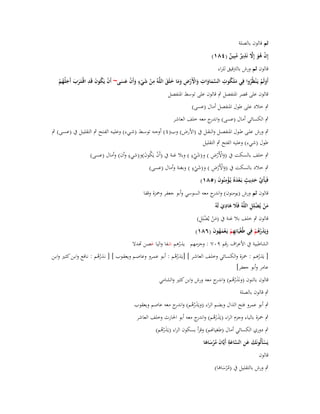 ‫ثم قالوف بالصلة‬
‫ِ‬
‫إِف ىو إَِل نَذير مبِين (ٗٛٔ)‬
‫ْ ُ َ َّ ٌ ُ ٌ‬

‫قالوف ثم ورش بالًتقيق للراء‬
‫ٍ‬
‫ِ‬
‫ْ ُ َ ِ‬
‫أَولَم يَػ ْنظُروا فِي ملَكوت السماوات واألَرض وما خلَق اللَّوُ من شيء وأَف عسى~ أَف يَكوف قَد اقْػتَػرب أَجلُهم‬
‫َ ُ ِ َّ َ َ ِ َ ْ ْ ِ َ َ َ َ‬
‫َ َ َ ُْ‬
‫َ ْ ُ‬
‫ْ َْ َ ْ ََ‬
‫قالوف على قصر اؼبنفصل ٍب قالوف على توسط اؼبنفصل‬
‫ٍب خالد على طوؿ اؼبنفصل أماؿ (عسى)‬
‫ٍب الكسائي أماؿ (عسى) و ج معو خلف العاشر‬
‫اندر‬
‫ٍب ورش علػػى طػػوؿ اؼبنفصػػل والنقػػل ُب (األرض) وب(ٗ) أوجػػو توسػػط (شػػيء) وعليػػو الفػػتح ٍب التقليػػل ُب (عسػػى) ٍب‬
‫طوؿ (شيء) وعليو الفتح ٍب التقليل‬
‫ٍ‬
‫ٍ‬
‫َْ ْ ِ‬
‫ٍب خلف بالسكت ُب (واألَرض ) و(شيء ) وبال غنة ُب (أَف يَكوف)و(شيء وأف) وأماؿ (عسى)‬
‫ْ ُ َ‬
‫َْ‬
‫ٍ‬
‫َْ ْ ِ‬
‫ٍب خالد بالسكت ُب (واألَرض ) و(شيء ) وبغنة وأماؿ (عسى)‬
‫َْ‬
‫فَبِأَي حديث بَػعدهُ يُػؤمنُوف (٘ٛٔ)‬
‫ّْ َ ِ ٍ ْ َ ْ ِ َ‬
‫قالوف ثم ورش (يومنوف) و ج معو السوسي وأبو جعفر وضبزة وقفا‬
‫اندر‬
‫ِ‬
‫َ ْ ِِْ‬
‫من يُضلل اللَّوُ فََل ىادي لَوُ‬
‫َ َ َ‬
‫َْ ْ ِ‬
‫قالوف ٍب خلف بال غنة ُب (من يُضلِل)‬
‫ويَذرىم فِي طُغْيَانِهم يَػعمهوف (ٙٛٔ)‬
‫ِ ْ َُْ َ‬
‫َ َ ُُ ْ‬
‫الشاطبية ُب األعراؼ رقم ٜٓٚ : وجزمهم يذرىم شفا واليا غصن صدال‬
‫ْ‬

‫[ يَذرىم : ضبزة والكسػائي وخلػف العاشػر ] [يَػذرىم : أبػو عمػرو وعاصػم ويعقػوب ] [ نػذرىم : نػافع وابػن كثػَت وابػن‬
‫ُُ‬
‫ُُ‬
‫ْ‬
‫عامر وأبو جعفر]‬
‫قالوف بالنوف (ونَذرىم) و ج معو ورش وابن كثَت والشامي‬
‫َ ُ ُ اندر‬
‫ٍب قالوف بالصلة‬

‫ٍب أبو عمرو فتح الذاؿ وبضم الراء (ويَذرىم) و ج معو عاصم ويعقوب‬
‫َ ُ ُ اندر‬
‫ٍب ضبزة بالياء وجزـ الراء (يَذرىم) و ج معو أبو اغبارث وخلف العاشر‬
‫َ ْ ُ اندر‬

‫ٍب دوري الكسائي أماؿ (طغيانم) وقرأ بسكوف الراء (يَذرىم)‬
‫َُْ‬
‫ِ‬
‫يَسأَلُونَك عن الساعة أَيَّاف مرساىا‬
‫ْ َ َ ِ َّ َ َ ُ ْ َ َ‬
‫قالوف‬
‫ٍب ورش بالتقليل ُب (م ْرساىا)‬
‫ُ ََ‬

 