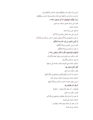 ‫ٍب ورش قرأ بسكوف التاء (يػَْتبَػع كم) وطوؿ الصلة ُب (تَدعوىم إِىل)‬
‫ُْ ُْ َ‬
‫ُوُ ْ‬

‫ٍب خلف بالسكت ُب (تَدعوىم إِىل) وأماؿ (اؽبدى) وقرأ بالتشديد (يػَتَّبِع كم)‬
‫ُْ ُْ َ‬
‫ُوُ ْ‬
‫سوآ ٌ علَْيكم أَدعوتُموىم أَـ أَنْػتُم صامتُوف (ٖٜٔ)‬
‫َ َ ء َ ُ ْ َ َْ ُ ُ ْ ْ ْ َ ِ َ‬
‫قالوف على توسط اؼبتصل وسكوف ميم اعبمع‬
‫ٍب قالوف بالصلة‬
‫ٍب قالوف على توسط الصلة‬
‫ٍب ورش على طوؿ اؼبتصل وبالنقل ُب (أَـ أَنْػتُم)‬
‫ْ ْ‬

‫ٍب خلف بالتحقيق ُب (أَـ أَنْػتُم) وطوؿ اؼبتصل ٍب خلف بالسكت ُب (أَـ أَنْػتُم)‬
‫ْ ْ‬
‫ْ ْ‬
‫ِ ِِ‬
‫ِ‬
‫إِف الَّذين تَدعوف من دوف اللَّو عبَاد أَمثَالُكم‬
‫َّ ِ َ ْ ُ َ ْ ُ‬
‫ٌ ْ ُْ‬
‫ِ‬
‫قالوف ٍب ورش بالنقل ُب (عبَاد أَمثَالُكم)‬
‫ٌ ْ ُْ‬
‫ِ‬
‫ٍب خلف بالسكت ُب (عبَاد أَمثَالُكم)‬
‫ٌ ْ ُْ‬
‫ِ‬
‫ِ‬
‫فَادعوىم فَػلْيَستَجيبُوا لَكم إِف ك ْنتُم صادقِين (ٜٗٔ)‬
‫ُْ ْ ُ ْ َ َ‬
‫ُْ ُْ ْ‬
‫قالوف بسكوف ميم اعبمع ٍب ورش بطوؿ الصلة (لَكم إِف)‬
‫ُْ ْ‬
‫ٍب خلف بالسكت (لَكم إِف)‬
‫ُْ ْ‬

‫ٍب قالوف بالصلة على قصرىا ٍب قالوف بالصلة على توسطها‬

‫أَلَهم أَرجل يَمشوف بِها‬
‫ُ ْ ُْ ٌ ْ ُ َ َ‬

‫قالوف بسكوف ميم اعبمع‬
‫ٍب خلف بال غنة ُب (أَرجل َْشوف) وبالتحقيق ُب (أَؽبُم أَرجل)‬
‫ْ ُ ٌ دي ُ َ‬
‫َْ ٌُْ‬
‫ٍب قالوف بالصلة على قصرىا ٍب قالوف بتوسط الصلة‬

‫ٍب ورش بطوؿ الصلة ٍب خلف بالسكت ُب (أَؽبُم أَرجل)‬
‫َْ ٌُْ‬
‫ٍ ِ‬
‫أَـ لَهم أَيْد يَػ ْبطشوف بِها‬
‫ُ َ َ‬
‫ْ ُْ‬
‫ِ‬
‫[يبطُشوف : أبو جعفر ] [ يبطشوف : الباقوف]‬
‫قالوف بسكوف ميم اعبمع‬
‫َ ٍ‬
‫ٍب خلف بال غنة ُب (أَيْد يػَْبطشوف) بالتحقيق ُب (ؽبُم أَيْد)‬
‫ٍ ُِ َ‬
‫ْ‬
‫ٍب قالوف بالصلة على قصرىا‬
‫ٍب أبو جعفر قرأ بالصلة وبضم الطاء (يبطُشوف)‬
‫ٍب قالوف بتوسط الصلة‬

 