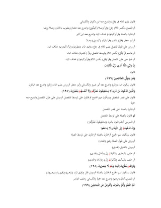 ‫قالوف بضم الالـ ُب (قل) و ج معو ابن ذكواف والكسائي‬
‫ُ اندر‬
‫ِ‬
‫ٍب البصري بكسر الالـ (قل) وقرأ وصال (كِيدوين) و ج معو ىشاـ ويعقوب باغبالُت وصال ووقفا‬
‫ُ ِ اندر‬
‫ٍب قالوف بالصلة وقرأ (كيدوف) حبذؼ الياء و ج معو ابن كثَت‬
‫اندر‬
‫ٍب أبو جعفر (قل) بالضم وقرأ بالياء (كيدوين) وصال‬
‫ُ‬

‫ٍب ورش على طوؿ اؼبتصل بضم الالـ ُب (قل) بًتقيق الراء (تنظروف) وقرأ (كيدوف) حبذؼ الياء‬
‫ُ‬

‫ِ‬
‫ٍب عاصم قرأ (قُل) بكسر الالـ وتوسط اؼبتصل وقرأ (كيدوف) حبذؼ الياء‬

‫ِ‬
‫ٍب ضبزة على طوؿ اؼبتصل وقرأ (قل) بكسر الالـ وقرأ (كيدوف) حبذؼ الياء‬
‫ِ َّ َ ِ‬
‫َّ‬
‫إِف ولِيّْي اللَّوُ الَّذي نَػزؿ الْكتَاب‬
‫َ‬
‫َ َ‬
‫قالوف‬
‫ِ‬
‫وىو يَػتَػولَّى الصالِحين (ٜٙٔ)‬
‫َّ َ‬
‫َ َُ َ‬
‫قالوف سكوف اؽباء (وىو) و ج معو أبو عمرو والكسائي وأبو جعفر ٍب ورش بضم اؽباء (وىو) و ج معو الباقوف‬
‫ُ اندر‬
‫ْ اندر‬
‫والَّذين تَدعوف من دونِو َل يَستَطيعوف نَص َكم وّل أَنْػفسهم يَػ ْنصروف (ٜٚٔ)‬
‫َ ِ َ ْ ُ َ ِ ْ ُ ِ َ ْ ِ ُ َ ْ رُ ْ َ َ ُ َ ُ ْ ُ ُ َ‬
‫قالوف على قصر اؼبنفصػل وبسػكوف مػيم اعبمػع ٍب قػالوف علػى توسػط اؼبنفصػل ٍب ورش علػى طػوؿ اؼبنفصػل وان ج معػو‬
‫ػدر‬
‫ضبزة‬
‫ٍب قالوف بالصلة على قصر اؼبنفصل‬
‫ثم قالوف بالصلة على توسط اؼبنفصل‬
‫ِ‬
‫ٍب السوسي أدغم النوف بالنوف (يَستَطيعوف نَصكم )‬
‫ْ ُ َ ْ رُ ْ‬
‫َ‬
‫وإِف تَد ُوىم إِلَى الْهدى َل يَسم ُوا‬
‫ُ َ َ ْ َع‬
‫َ ْ ْع ُ ْ‬

‫قالوف بسكوف ميم اعبمع ٍب قالوف بالصلة ٍب قالوف على توسط الصلة‬
‫ٍب ورش على طوؿ الصلة وفتح (اؽبدى)‬

‫ٍب ورش بالتقليل (اؽبدى)‬
‫ٍب خلف بالتحقيق (تَدعوىم إِىل) وأماؿ (اؽبدى)‬
‫ُْ ُْ َ‬

‫ٍب خلف بالسكت (تَدعوىم إِىل) واإلمالة (اؽبدى)‬
‫ُْ ُْ َ‬
‫وتَػراىم يَػ ْنظُروف إِلَيك وىم َل يُػ ْبصروف (ٜٛٔ)‬
‫َ َ ُ ْ ُ َ ْ َ َُ ْ َ ُِ َ‬
‫قالوف بسكوف ميم اعبمع ٍب قالوف بالصلة ٍب ورش قلل وترقيق الراء (تراىم) وترقيق راء (يبصروف)‬
‫ٍب البصري أماؿ (تراىم) و ج معو ضبزة والكسائي وخلف العاشر‬
‫اندر‬
‫ِ‬
‫ِ‬
‫ِ‬
‫خذ الْعفو وأْمر بِالْعرؼ وأَعرض عن الْجاىلِين (ٜٜٔ)‬
‫ُ َْ َ َ ُْ ُْ َ ْ ِ ْ َ ِ َ َ‬

 