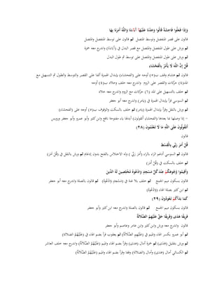‫وإِذَا فَػعلُوا فَاحشةً قَالُوا وجدنَا علَْيػهآ َبَآءنَا واللَّوُ أَمرنَا بِها‬
‫ِ َ‬
‫َ َ ْ َ َ آ َ َ ََ َ‬
‫َ َ‬

‫قالوف على قصر اؼبنفصل وتوسط اؼبتصل ثم قالوف على توسط اؼبنفصل واؼبتصل‬

‫ثم ورش على طوؿ اؼبنفصل واؼبتصل مع قصر البدؿ ُب (آَبَاءَنَا) و ج معو ضبزة‬
‫اندر‬

‫ثم ورش على طوؿ اؼبنفصل واؼبتصل على توسط ٍب طوؿ البدؿ‬
‫َ َِ‬
‫قُل إِف اللَّوَ َل يَأْمر بِالْفحشاء‬
‫ْ‬
‫ْ َّ َ ُ ُ‬
‫قالوف ثػم ىشػاـ وقػف ب(٘ ) أوجػو علػى (الفحشػاء) بإبػداؿ اؽبمػزة ألفػا علػى القصػر والتوسػط والطػوؿ ٍب التسػهيل مػع‬
‫اؼبد(ٗ) كات والقصر على الروـ و ج معو خلف وخالد ب(ٗ) أوجو‬
‫اندر‬
‫حر‬
‫ثم خلف بالتسهيل على اؼبد (ٙ) كات مع الروـ و ج معو خالد‬
‫اندر‬
‫حر‬
‫ثم السوسي قرأ بإبداؿ اؽبمزة ُب (يامر) و ج معو أبو جعفر‬
‫اندر‬
‫ثم ورش بالنقل وقرأ بإبداؿ اؽبمزة (يامر) ثم خلف بالسكت والوقوؼ ب(٘) أوجو على (الفحشاء)‬
‫ِ‬
‫ إذا وصلها دبا بعدىا (الفحشاء أَتقولوف) أبدؽبا ياء مفتوحة نافع وابن كثَت وأبو عمرو وأبو جعفر ورويس‬‫أَتَػقولُوف علَى اللَّو ما َل تَػعلَموف (ٕٛ)‬
‫َِ َ ْ ُ َ‬
‫ُ َ َ‬

‫قالوف‬

‫ِ ِ‬
‫قُل أَمر ربّْي بِالْقسط‬
‫ْ‬
‫ْ ََ َ‬

‫قالوف ثم السوسي أدغم الراء بالراء (أَمر ريب ) ولو االختالس بالفتح بدوف إدغاـ ثم ورش بالنقل ُب (قُل اَمر)‬
‫َ َ َ ّْ‬
‫َ ََ‬

‫ثم خلف بالسكت ُب (قُل أَمر)‬
‫ْ ََ‬
‫ِ‬
‫ٍِ‬
‫ِ‬
‫وأَقِيموا وجوىكم ع ْند كل مسجد وادعوهُ مخلِصين لَوُ ّْين‬
‫َ ُ ُ ُ َ ُ ْ َ ُ ّْ َ ْ َ ْ ُ ُ ْ َ الد َ‬
‫ٍِ‬
‫قالوف بسكوف ميم اعبمع ثم خلف بال غنة ُب (مسجد وادعوهُ) ثم قالوف بالصلة و ج معو أبو جعفر‬
‫اندر‬
‫َ ْ َُْ‬
‫ثم ابن كثَت بصلة اؽباء (وادعوهُ)‬
‫َُْ‬
‫كما بَدأَكم تَػعودوف (ٜٕ)‬
‫ََ َ ُ ْ ُ ُ َ‬
‫قالوف بسكوف ميم اعبمع‬

‫ثم قالوف بالصلة و ج معو ابن كثَت وأبو جعفر‬
‫اندر‬

‫ِ ً َ َ َ ِ ً َ َّ َ ِ ُ الض َ‬
‫فَريقا ىدى وفَريقا حق علَْيهم ََّللَةُ‬

‫قالوف و ج معو ورش وابن كثَت وابن عامر وعاصم وأبو جعفر‬
‫اندر‬

‫ثم أبو عمرو بكسر اؽباء واؼبيم ُب (علَْيهم َّاللَةُ) ثم يعقوب قرأ بضم اؽباء ُب (علَْيػهم الضاللة)‬
‫َ ِ ِ الض َ‬
‫َ ُُ‬

‫ثم ورش بتقليل (ىدى) ثم ضبزة أماؿ (ىدى) وقرأ بضم اؽباء واؼبيم (علَْيػهم َّاللَةُ) و ج معو خلف العاشر‬
‫َ ُ ُ الض َ اندر‬
‫ََ‬
‫ثم الكسائي أماؿ (ىدى) وأماؿ (الضاللة) وقفا وقرأ بضم اؽباء واؼبيم (علَْيػهم َّاللَةُ)‬
‫َ ُ ُ الض َ‬

 
