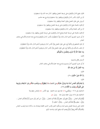 ‫قالوف بفتح الداؿ (م ْردفُِت) على توسط اؼبتصل وبإظهار الذاؿ عند التاء (إذ تستغيثوف)‬
‫َُ َ‬
‫ِ‬
‫ٍب ابن ذكواف بكسر الداؿ (م ْردفُِت) وبإظهار (إذ تستغيثوف) و ج معو عاصم‬
‫اندر‬
‫ُ َ‬
‫ٍب ورش على طوؿ اؼبتصل وطوؿ الصلة وبإظهار (إذ تستغيثوف)‬
‫ٍب قالوف بالصلة بفتح الداؿ (م ْردفُِت) على توسط اؼبتصل وبإظهار (إذ تستغيثوف)‬
‫َُ َ‬
‫ِ‬
‫ٍب ابن كثَت بالصلة وبكسر الداؿ (م ْردفُِت) وبإظهار (إذ تستغيثوف)‬
‫ُ َ‬
‫ٍب قالوف بالصلة على توسط الصلة وبفتح الداؿ (م ْردفُِت) على توسط اؼبتصل وبإظهار (إذ تستغيثوف)‬
‫َُ َ‬
‫ٍب أبػػو عمػػرو البصػػري أدغػػم الػػذاؿ بالتػػاء (إِذ تَسػػتَغِيثُوف) بكسػػر الػػداؿ (مػػردفُِت) وانػ ج معػػو ىشػػاـ والكسػػائي وخلػػف‬
‫ُ ْ ِ َ ػدر‬
‫ْ ْ َ‬
‫العاشر‬
‫ِ‬
‫ٍب ضبزة بالتحقيق ُب (لكم أين) على طوؿ اؼبتصل وقرأ بكسر الداؿ (مردفُت) أدغم الذاؿ بالتاء (إِذ تَستَغِيثُوف)‬
‫ْ ْ َ‬
‫ْ‬
‫ِ‬
‫ٍب خلف بالسكت ُب (لكم أين) على طوؿ اؼبتصل وقرأ بكسر الداؿ (مردفُت) أدغم الذاؿ بالتاء (إِذ تَستَغِيثُوف)‬
‫ْ ْ َ‬
‫ْ‬
‫َّ ِ‬
‫وما جعلَوُ اللَّوُ إَِل بُشرى ولِتَطْمئِن بِو قُػلُوبُكم‬
‫ََ َ َ‬
‫ُْ‬
‫َّ ْ َ َ َ‬
‫قالوف‬
‫ٍب ورش وقلل (بشرى)‬
‫ٍب أبو عمرو البصري أماؿ (بشرى) و ج معو ضبزة والكسائي وخلف العاشر‬
‫اندر‬
‫َّ ِ ِ ِ ِ‬
‫وما النَّصر إَِل من ع ْند اللَّو‬
‫ْ‬
‫ََ ُْ‬
‫قالوف‬
‫ِ‬
‫َّ‬
‫إِف اللَّوَ عزيز حكيم (ٓٔ)‬
‫َِ ٌ َ ٌ‬
‫قالوف‬
‫إِذ يُػغَ ّْػيكم النُّعػاس أَمنَػةً م ْنػوُ ويُػنَػػزؿ علَػيكم مػن السػػمآء مػآء لِيُطَه َكم بِػو ويُػذىب عػ ْنكم رجػز الشػيطَاف ولِيَ ػػربِط‬
‫ْ ش ُ ُ ػ َ َ َ ِ َ ّْ ُ َ ْ ُ ْ ِ َ َّ ِ ً ّْ ػرُ ْ ِ َ ْ ِ َ َ ُ ْ ِ ْ َ َّ ْ ِ َ ْ َ‬
‫ِ‬
‫علَى قُػلُوبِكم ويُػثَبّْت بِو األَقْداـ (ٔٔ)‬
‫َ‬
‫ُْ َ َ ْ َ َ‬
‫ِْ‬
‫الشاطبية رقم ٘ٔٚ : و(يػُغشي) ظبا خفا وُب ضمو افتحوا وُب الكسر حقا والنعاس ارفعوا وال‬

‫الشاطبية رقم ٛٙٗ وينزؿ خففو وتنزؿ مثلو وننزؿ حق‬
‫ِْ‬
‫[يػُغشيكم النعاس .. ويػُنَػزؿ:نافع وأبو جعفر] [ يػَغشاكم النعاس .. ويػُْنزؿ :ابن كثَت وأبو عمرو ] [ يػُغَ ّْكم النعاس ..‬
‫ش‬
‫ُِ‬
‫ّْ ُ‬
‫َْ‬
‫َ‬
‫ُ‬
‫َ‬
‫ويػُْنزؿ : يعقوب][ يػُغَ ّْكم النعاس .. ويػُنَػزؿ: الباقوف ]‬
‫ش‬
‫ّْ ُ‬
‫ُِ‬
‫َ‬
‫قػػالوف علػػى توسػػط اؼبتصػػل بضػػم اليػػاء وسػػكوف الغػػُت كسػػر الشػػُت ـبففػػة وبعػػدىا يػػاء سػػاكنة مديػػة ونصػػب النعػػاس‬
‫و‬
‫ِ‬
‫(يػُغشيكم النُّعاس)وقرأ (يػُنَػزؿ)بضم الياء وفتح النوف وتشديد الزاي‬
‫ّْ‬
‫ْ ُ ُ ػَ َ‬

 