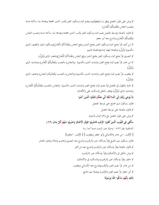 ‫كم) وبضم الياء وسكوف الغُت كسر الشػُت ـبففػة وبعػدىا يػاء سػاكنة مديػة‬
‫و‬
‫ٍب ورش على طوؿ اؼبتصل ورقق راء (ليطهر‬
‫ِ‬
‫ونصب النعاس (يػُغشيكم النُّعاس)‬
‫ْ ُ ُ ػَ َ‬
‫ٍب قالوف بالصلة وتوسط اؼبتصل بضم الياء وسكوف الغُت كسر الشػُت ـبففػة وبعػدىا يػاء سػاكنة مديػة ونصػب النعػاس‬
‫و‬
‫(يػُغشيكم النُّعاس) و ج معو أبو جعفر‬
‫ْ ِ ُ ُ ػ َ َ اندر‬
‫ٍب ابػػن كثػػَت قػرأ بفػػتح اليػػاء وسػػكوف الغػػُت وفػػتح الشػػُت ورفػػع النعػػاس (يػَغشػػاكم النُّعاس)وبسػػكوف النػػوف وزبفيػػف الػزاي‬
‫ْ َ ُ ُ ػَ ُ‬
‫مكسورة َ(يػُْنزؿ) وبالصلة للهاء (منو)وبالصلة للميم‬
‫ُِ‬
‫ٍب البصري قرأ بفتح الياء وسكوف الغُت وفتح الشُت ورفع النعاس (يػَغشاكم النُّعاس)وخفف الزاي َ(يػُْنزؿ)‬
‫ُِ‬
‫ْ َ ُ ُ ػَ ُ‬

‫ٍب ابن عامر قرأ بضم الياء وفتح الغُت وتشديد الشُت مكسورة و(النعاس) بالنصب (يػُغَ ّْيكم النُّعاس) وبتشديد الزاي‬
‫ش ُ ُ ػَ َ‬
‫َ(يػُنَػزؿ)‬
‫ّْ ُ‬

‫ٍب يعقػػوب قػرأ بضػػم اليػػاء وفػػتح الغػػُت وتشػػديد الشػػُت مكسػػورة و(النعػػاس) بالنصػػب (يػُغَشػػيكم النعػػاس) وخفػػف الػزاي‬
‫ّ‬
‫َ‬
‫(ويػُْنزؿ)‬
‫ُِ‬

‫ٍب ضبػػزة بػػالطوؿ ُب اؼبتصػػل قػرأ بضػػم اليػػاء وفػػتح الغػػُت وتشػػديد الشػػُت مكسػػورة والنعػػاس بالنصػػب (يػُغَشػػيكم النُّعػاس)‬
‫ّْ ُ ُ ػ َ َ‬
‫وبتشديد الزاي َ(يػُنَػزؿ) ووقف بالنقل والسكت على (األقداـ)‬
‫ّْ ُ‬
‫ِ‬
‫َِ‬
‫إِذ يُوحي ربُّك إِلَى الْمآلئِكة أَنّْي معكم فَػثَبّْتُوا الَّذين َمنُوا‬
‫ْ ِ َ َ‬
‫َ آَ‬
‫ََ ُ ْ‬
‫َ‬
‫قالوف بسكوف ميم اعبمع على توسط اؼبتصل‬
‫ٍب قالوف بالصلة على توسط اؼبتصل‬
‫ٍب ورش على طوؿ اؼبتصل مع (ٖ) البدؿ (آمنوا)‬
‫ِ ِ‬
‫ِ‬
‫َ ْ ْ ِ ْ ِ ِ ُ َّ ٍ‬
‫سأُلْقي فِي قُػلُوب الَّذين كفروا الرعب فَاضربُوا فَػوؽ األَعنَاؽ واضربُوا م ْنػهم كل بَػنَاف (ٕٔ)‬
‫َ َ َ ُ ُّ ْ َ ْ ِ ْ‬
‫َ‬
‫ُْ‬
‫َ‬
‫الشاطبية رقم ٕٚ٘ : وحرؾ عُت الرعب ضما كما رسا‬
‫[ الرعب : ابن عامر والكسائي وأبو جعفر ويعقوب ] [ الرعب : الباقوف]‬
‫ُّ ْ َ‬
‫ُّ ُ َ‬

‫قالوف بسكوف ميم اعبمع وقرأ بإسكاف عُت (الرعب) و ج معو البصري وعاصم وخالد وخلف العاشر‬
‫اندر‬
‫ْ‬
‫ٍب قالوف بالصلة وقرأ بإسكاف عُت (الرعب) و ج معو ابن كثَت‬
‫اندر‬
‫ْ‬

‫ٍب ورش بالنقل ُب (األعناؽ) وقرأ بإسكاف عُت (الرعب)‬
‫ْ‬

‫ٍب خلف وقرأ بإسكاف عُت (الرعب) وبالسكت ُب (األعناؽ)‬
‫ْ‬

‫ٍب ابن عامر قرأ بضم العُت (الرعب)و ج معو الكسائي ويعقوب‬
‫ُ ُ اندر‬

‫ٍب أبو جعفر قرأ بضم العُت (الرعب) وبصلة ميم اعبمع‬
‫ُُ‬
‫َِ َ ػ ُ ْ َ‬
‫ذلك بِأَنَّهم شآقُّوا اللَّوَ ورسولَوُ‬
‫ََ ُ‬

 