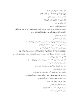 ‫قالوف بسكوف ميم اعبمع ثم قالوف بالصلة‬
‫َ ِ ُ َِ ِ‬
‫َّ‬
‫ََ ْ َ ِ‬
‫ومن يُشاقِق اللَّوَ ورسولَوُ فَِإف اللَّوَ شديد الْعقاب (ٖٔ)‬
‫ََ ُ‬
‫َْ َ ِ‬
‫قالوف ٍب خلف بال غنة ُب (ومن يُشاقِق)‬
‫َ‬
‫َ َّ ْ َ ِ َ َ َ َ ِ‬
‫ذلِكم فَذوقُوهُ وأَف لِلكافِرين عذاب النَّار (ٗٔ)‬
‫َ ُْ ُ‬
‫قالوف بسكوف ميم اعبمع‬
‫ٍب ورش بالتقليل (الكافرين)و(النار)‬
‫ٍب البصري أماؿ (الكافرين) و(النار) و ج معو دوري الكسائي ٍب قالوف بالصلة ٍب ابن كثَت بصلة اؽباء (فَذوقُوهُ)‬
‫اندر‬
‫ُ‬
‫ِ‬
‫َ ِ‬
‫ِ‬
‫يَآ أَيُّػها الَّذين َمنُوآ إِذا لَقيتُم الَّذين كفروا زحفا فََل تُػولُّوىم األَدبَار (٘ٔ)‬
‫َ‬
‫َ آَ‬
‫ُ َ ََُ َ ْ ً َ َ ُ ُ ْ ْ َ‬

‫قالوف على قصر اؼبنفصل‬

‫ٍب قالوف على توسط اؼبنفصل‬
‫ٍب ورش على طوؿ اؼبنفصل مع (قصر) البدؿ و ج وجو النقل غبمزة مع ورش بقصر البدؿ‬
‫اندر‬
‫ٍب خلف على طوؿ اؼبنفصل ووقف بالسكت على (األدبار)‬
‫ٍب ورش على توسط ٍب طوؿ البدؿ (آمنوا) وطوؿ اؼبنفصل‬
‫ّْ ِ‬
‫ٍ‬
‫ٍَ ِ ِ‬
‫ٍ‬
‫ومن يُػولّْهم يَػومئِذ دبُػرهُ~ إَِل متَحرفًا لِقتَاؿ أَو متَحيّْػزا إِلَى فِئَة فَػقد بآء بِغَضب من اللَّو ومأْواهُ جهنَّم‬
‫ٍ ْ ُ ًَ‬
‫َ َ ْ َ ِ ْ ْ َ ُ َ َّ ُ َ‬
‫َ‬
‫َْ َ‬
‫ََ َ َ َ ُ‬
‫ٍ‬
‫ِ ٍ‬
‫ٍ‬
‫[ إىل فِيػػة .. ومػػاواه : أبػػو جعفػػر ][ إل فئػػة .. ومػػاواه : السوسػػي ] [إىل فِئػػة .. ومػػأواه: البػػاقوف وأمػػاؿ مػػأواه : ضبػػزة‬
‫والكسائي وخلف وقلل ورش خبلفو]‬
‫ٍ‬
‫قالوف على قصر اؼبنفصل وسكوف ميم اعبمع وقرأ بإثبات اؽبمزة ُب (إىل فِئة .. ومأواه‬
‫ٍب السوسي قرأ بإبداؿ اؽبمزة ألفا (وماواه)‬

‫ٍ‬
‫ٍب أبو جعفر قرأ بإبداؿ اؽبمزة ألفا (وماواه) وقرأ بإبداؿ اؽبمزة ُب (فية)‬

‫ٍب قالوف على توسط اؼبنفصل‬
‫ٍب الكسائي على توسط اؼبنفصل وأماؿ (مأواه) و ج معو خلف العاشر‬
‫اندر‬
‫ٍب ورش على طوؿ اؼبنفصل وبالنقل وبالفتح ُب (مأواه) وبالنقل ُب (لِقتَاؿ أَو)و(متَحيّْػزا إِىل)‬
‫ِ ٍ ْ ُ ًَ َ‬
‫ٍب ورش بالتقليل ُب (مأواه ) وبالنقل ُب (لِقتَاؿ أَو)و(متَحيّْػزا إِىل)‬
‫ِ ٍ ْ ُ ًَ َ‬
‫ٍب خالد على طوؿ اؼبنفصل وأماؿ (مأواه)‬
‫ٍب قالوف بالصلة على قصر اؼبنفصل‬
‫ٍب ابن كثَت على قصر اؼبنفصل وبصلة اؽباء (ومأواه)‬
‫ٍب قالوف بالصلة على توسط اؼبنفصل‬

 